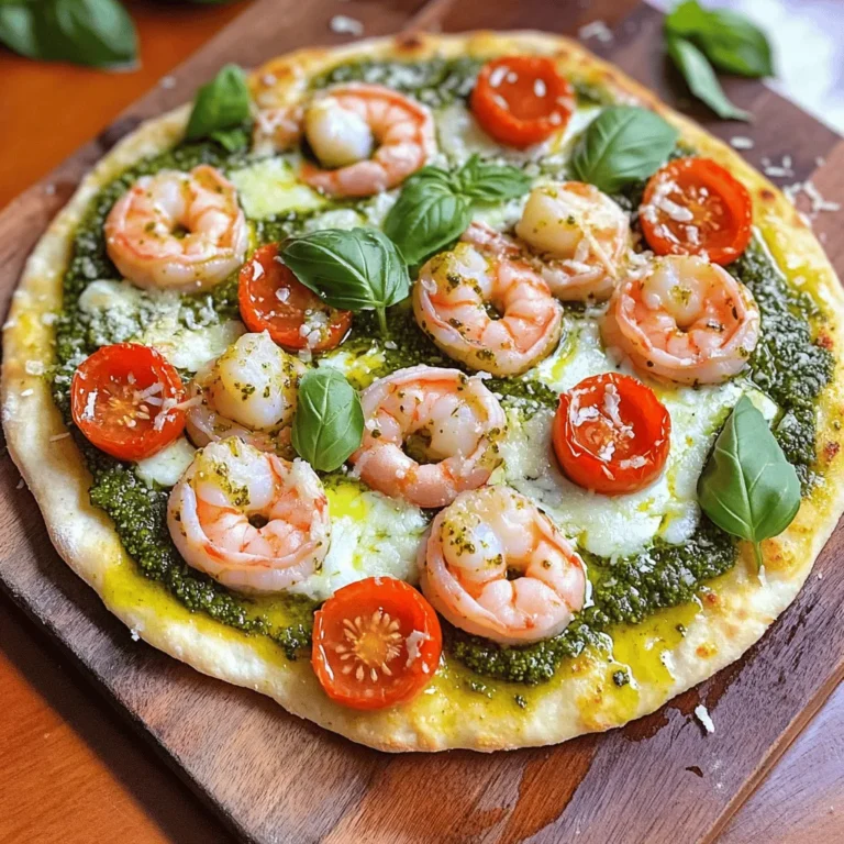 To make a tasty Pesto Shrimp Flatbread Pizza, gather these simple items: - 1 large flatbread or naan bread - 1 cup cooked shrimp, peeled and deveined - 1/2 cup basil pesto (store-bought or homemade) - 1 cup shredded mozzarella cheese - 1/2 cup cherry tomatoes, halved - 1/4 cup grated Parmesan cheese - 1 tablespoon olive oil - Fresh basil leaves for garnish - Salt and pepper to taste You can get creative with your pizza! Here are some fun ideas: - Sliced black olives for a salty kick - Fresh arugula for a peppery taste - Red pepper flakes for some heat - A drizzle of balsamic glaze for sweetness Both options have their pros and cons. Store-bought pesto saves time and is easy to find. It often has a good flavor and can work well in a pinch. However, homemade pesto lets you control all the flavors. You can add more garlic, nuts, or cheese, based on your taste. Making pesto at home can be fun and rewarding! Just blend fresh basil, garlic, Parmesan, olive oil, and nuts for a fresh, vibrant sauce. Start by preheating your oven to 400°F (200°C). This step is key for a crispy flatbread. Next, take your large flatbread or naan and place it on a baking sheet. Brush the top with olive oil. This helps keep it from getting soggy later. Make sure to cover the whole surface but don't overdo it. Now it's time to build your pizza. Spread the basil pesto evenly over the flatbread. Leave a little space around the edges. This gives a nice crust. Next, sprinkle the shredded mozzarella cheese on top of the pesto. It will melt beautifully and add creaminess. In a bowl, toss your cooked shrimp with salt and pepper. This adds flavor to each bite. Then, lay the shrimp evenly over the cheese. After that, add the halved cherry tomatoes. Spread them out so you get a bit of tomato in every slice. Finally, finish with a sprinkle of grated Parmesan cheese. This will give extra flavor and a nice golden finish. Place your assembled flatbread pizza in the oven. Bake it for 12-15 minutes. Watch for the cheese to melt and bubble. The edges of the flatbread should turn golden brown. Once done, take it out and let it cool for a minute. This helps with slicing. Before serving, add fresh basil leaves on top. They add a pop of color and fresh taste. Now, your Pesto Shrimp Flatbread Pizza is ready to enjoy! To get a crispy flatbread, start with good oil. Brush olive oil on your flatbread before adding toppings. This step helps keep the dough crisp and not soggy. Bake it on a preheated baking sheet. The heat will help the edges get nice and golden. Keep an eye on it while baking. The perfect flatbread should be crunchy on the outside but soft inside. Do you want to boost the flavors? Use fresh herbs like basil or oregano. They add a bright taste. You can also add a pinch of red pepper flakes for some heat. When seasoning the shrimp, don’t forget to use salt and pepper. It makes a big difference. Try adding lemon juice to the shrimp for a fresh kick. You can also sprinkle some garlic powder for extra flavor. For perfect shrimp, cook them quickly. If you use pre-cooked shrimp, just warm them up. Heat them in a pan with a bit of olive oil. It should take about 2-3 minutes. If using raw shrimp, cook them until they turn pink. This usually takes about 4-5 minutes over medium heat. Make sure they are not overcooked to keep them tender. {{image_2}} If you want a veggie twist, swap shrimp for veggies. Try using grilled zucchini, bell peppers, or mushrooms. These add great flavor and texture. You can also mix in some spinach or arugula for a fresh touch. Add extra cheese for creaminess. It’s a fun way to enjoy the pizza with a meatless option. For seafood lovers, you can change up the shrimp. Use scallops or crab meat for a different taste. Both options bring unique flavors that pair well with pesto. You can even use a mix of seafood. Keep the cooking time in mind, as different seafood may need more or less time to cook well. Need a gluten-free option? Look for gluten-free flatbreads or naan at the store. You can also make your own with gluten-free flour. This way, you still get the same delicious taste without gluten. Just follow the same steps in the recipe to enjoy your flatbread pizza. To keep your leftover pesto shrimp flatbread pizza fresh, cool it to room temperature. Next, wrap it tightly in plastic wrap or aluminum foil. You can also use an airtight container. This method keeps the pizza from drying out. Store it in the fridge for up to three days. When you're ready to enjoy your leftover pizza, preheat your oven to 350°F (175°C). Place the flatbread pizza on a baking sheet. Heat it for about 10-15 minutes until the cheese melts again. You can also microwave slices for 1-2 minutes. But, this may make the crust chewy instead of crispy. If you want to freeze your flatbread pizza, first cool it completely. Wrap each piece in plastic wrap and then in foil. This extra layer helps prevent freezer burn. Store it in the freezer for up to two months. To reheat, bake in the oven from frozen at 375°F (190°C) for about 20-25 minutes. Yes, you can use frozen shrimp. Just thaw them first. Place them in a bowl of cold water for about 15 minutes. This will help them defrost quickly. After thawing, make sure to peel and devein them. Then, you can season and use them just like fresh shrimp. Frozen shrimp is a great option when fresh shrimp is not available. Besides mozzarella, you can try other cheeses. Goat cheese adds a creamy touch. Feta cheese gives a nice salty flavor. Cheddar cheese can add a sharp taste. You can even mix different cheeses for a richer taste. Just make sure to keep the balance of flavors in mind. Too many strong cheeses might overpower the pesto. Making your own pesto is easy! Here’s a simple recipe: - 2 cups fresh basil leaves - 1/2 cup grated Parmesan cheese - 1/2 cup olive oil - 1/3 cup pine nuts or walnuts - 2 garlic cloves - Salt and pepper to taste 1. Blend the basil, nuts, and garlic in a food processor. 2. Slowly add the olive oil while blending. 3. Add the cheese and blend until smooth. 4. Season with salt and pepper to taste. This homemade pesto will taste fresh and vibrant on your flatbread pizza! We covered the key steps to make delicious Pesto Shrimp Flatbread Pizza. First, we explored the essential ingredients, including optional toppings. Then, I shared clear steps to prepare, assemble, and bake your pizza. We also discussed helpful tips for crispy flatbread and perfect shrimp. Variations offer tasty options for vegetarians and those needing gluten-free choices. Finally, I gave you smart storage and reheating advice. Enjoy making this pizza, and feel free to get creative with it!