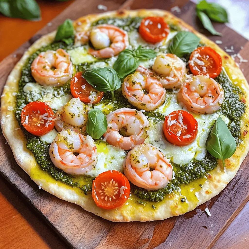 To make a tasty Pesto Shrimp Flatbread Pizza, gather these simple items: - 1 large flatbread or naan bread - 1 cup cooked shrimp, peeled and deveined - 1/2 cup basil pesto (store-bought or homemade) - 1 cup shredded mozzarella cheese - 1/2 cup cherry tomatoes, halved - 1/4 cup grated Parmesan cheese - 1 tablespoon olive oil - Fresh basil leaves for garnish - Salt and pepper to taste You can get creative with your pizza! Here are some fun ideas: - Sliced black olives for a salty kick - Fresh arugula for a peppery taste - Red pepper flakes for some heat - A drizzle of balsamic glaze for sweetness Both options have their pros and cons. Store-bought pesto saves time and is easy to find. It often has a good flavor and can work well in a pinch. However, homemade pesto lets you control all the flavors. You can add more garlic, nuts, or cheese, based on your taste. Making pesto at home can be fun and rewarding! Just blend fresh basil, garlic, Parmesan, olive oil, and nuts for a fresh, vibrant sauce. Start by preheating your oven to 400°F (200°C). This step is key for a crispy flatbread. Next, take your large flatbread or naan and place it on a baking sheet. Brush the top with olive oil. This helps keep it from getting soggy later. Make sure to cover the whole surface but don't overdo it. Now it's time to build your pizza. Spread the basil pesto evenly over the flatbread. Leave a little space around the edges. This gives a nice crust. Next, sprinkle the shredded mozzarella cheese on top of the pesto. It will melt beautifully and add creaminess. In a bowl, toss your cooked shrimp with salt and pepper. This adds flavor to each bite. Then, lay the shrimp evenly over the cheese. After that, add the halved cherry tomatoes. Spread them out so you get a bit of tomato in every slice. Finally, finish with a sprinkle of grated Parmesan cheese. This will give extra flavor and a nice golden finish. Place your assembled flatbread pizza in the oven. Bake it for 12-15 minutes. Watch for the cheese to melt and bubble. The edges of the flatbread should turn golden brown. Once done, take it out and let it cool for a minute. This helps with slicing. Before serving, add fresh basil leaves on top. They add a pop of color and fresh taste. Now, your Pesto Shrimp Flatbread Pizza is ready to enjoy! To get a crispy flatbread, start with good oil. Brush olive oil on your flatbread before adding toppings. This step helps keep the dough crisp and not soggy. Bake it on a preheated baking sheet. The heat will help the edges get nice and golden. Keep an eye on it while baking. The perfect flatbread should be crunchy on the outside but soft inside. Do you want to boost the flavors? Use fresh herbs like basil or oregano. They add a bright taste. You can also add a pinch of red pepper flakes for some heat. When seasoning the shrimp, don’t forget to use salt and pepper. It makes a big difference. Try adding lemon juice to the shrimp for a fresh kick. You can also sprinkle some garlic powder for extra flavor. For perfect shrimp, cook them quickly. If you use pre-cooked shrimp, just warm them up. Heat them in a pan with a bit of olive oil. It should take about 2-3 minutes. If using raw shrimp, cook them until they turn pink. This usually takes about 4-5 minutes over medium heat. Make sure they are not overcooked to keep them tender. {{image_2}} If you want a veggie twist, swap shrimp for veggies. Try using grilled zucchini, bell peppers, or mushrooms. These add great flavor and texture. You can also mix in some spinach or arugula for a fresh touch. Add extra cheese for creaminess. It’s a fun way to enjoy the pizza with a meatless option. For seafood lovers, you can change up the shrimp. Use scallops or crab meat for a different taste. Both options bring unique flavors that pair well with pesto. You can even use a mix of seafood. Keep the cooking time in mind, as different seafood may need more or less time to cook well. Need a gluten-free option? Look for gluten-free flatbreads or naan at the store. You can also make your own with gluten-free flour. This way, you still get the same delicious taste without gluten. Just follow the same steps in the recipe to enjoy your flatbread pizza. To keep your leftover pesto shrimp flatbread pizza fresh, cool it to room temperature. Next, wrap it tightly in plastic wrap or aluminum foil. You can also use an airtight container. This method keeps the pizza from drying out. Store it in the fridge for up to three days. When you're ready to enjoy your leftover pizza, preheat your oven to 350°F (175°C). Place the flatbread pizza on a baking sheet. Heat it for about 10-15 minutes until the cheese melts again. You can also microwave slices for 1-2 minutes. But, this may make the crust chewy instead of crispy. If you want to freeze your flatbread pizza, first cool it completely. Wrap each piece in plastic wrap and then in foil. This extra layer helps prevent freezer burn. Store it in the freezer for up to two months. To reheat, bake in the oven from frozen at 375°F (190°C) for about 20-25 minutes. Yes, you can use frozen shrimp. Just thaw them first. Place them in a bowl of cold water for about 15 minutes. This will help them defrost quickly. After thawing, make sure to peel and devein them. Then, you can season and use them just like fresh shrimp. Frozen shrimp is a great option when fresh shrimp is not available. Besides mozzarella, you can try other cheeses. Goat cheese adds a creamy touch. Feta cheese gives a nice salty flavor. Cheddar cheese can add a sharp taste. You can even mix different cheeses for a richer taste. Just make sure to keep the balance of flavors in mind. Too many strong cheeses might overpower the pesto. Making your own pesto is easy! Here’s a simple recipe: - 2 cups fresh basil leaves - 1/2 cup grated Parmesan cheese - 1/2 cup olive oil - 1/3 cup pine nuts or walnuts - 2 garlic cloves - Salt and pepper to taste 1. Blend the basil, nuts, and garlic in a food processor. 2. Slowly add the olive oil while blending. 3. Add the cheese and blend until smooth. 4. Season with salt and pepper to taste. This homemade pesto will taste fresh and vibrant on your flatbread pizza! We covered the key steps to make delicious Pesto Shrimp Flatbread Pizza. First, we explored the essential ingredients, including optional toppings. Then, I shared clear steps to prepare, assemble, and bake your pizza. We also discussed helpful tips for crispy flatbread and perfect shrimp. Variations offer tasty options for vegetarians and those needing gluten-free choices. Finally, I gave you smart storage and reheating advice. Enjoy making this pizza, and feel free to get creative with it!