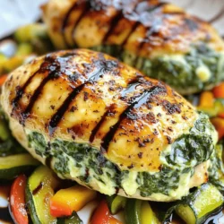 - 4 boneless, skinless chicken breasts - 1 cup fresh spinach, chopped - 1 cup cream cheese, softened - 1/2 cup shredded mozzarella cheese - 1/4 cup grated Parmesan cheese - 2 cloves garlic, minced - 1 teaspoon garlic powder - 1 teaspoon onion powder - Salt and pepper to taste - 2 tablespoons olive oil - 1 teaspoon paprika (for seasoning) - Toothpicks (optional for sealing) - Large oven-safe skillet For this dish, I love using fresh spinach. The bright green color makes it look vibrant. The cream cheese adds a rich taste, while the mozzarella and Parmesan give it that cheesy pull we all love. Garlic adds depth and flavor. This blend of ingredients creates a creamy filling that pairs perfectly with chicken. You can use toothpicks to seal the chicken after stuffing it. This keeps the cheesy goodness inside. A large oven-safe skillet is key for searing and baking the chicken. With these ingredients in hand, you're ready to make a meal that's both tasty and impressive. Enjoy the process of creating this delightful dish! 1. Preheat your oven to 375°F (190°C). This step is key for cooking the chicken evenly. 2. In a large bowl, mix together all your filling. Combine: - 1 cup fresh spinach, chopped - 1 cup cream cheese, softened - 1/2 cup shredded mozzarella cheese - 1/4 cup grated Parmesan cheese - 2 cloves garlic, minced - 1 teaspoon garlic powder - 1 teaspoon onion powder - Salt and pepper to taste. Stir until smooth and creamy. This cheesy spinach filling packs a lot of flavor. 1. Take each chicken breast and carefully cut a pocket into the thickest part. Don’t cut all the way through. You want enough space for the filling. 2. Stuff each chicken breast with the cheesy spinach mixture. If needed, use toothpicks to seal the openings. This helps keep the filling inside while cooking. 1. Heat 2 tablespoons of olive oil in a large oven-safe skillet over medium-high heat. 2. Season the stuffed chicken breasts with paprika, salt, and pepper. This adds a nice color and flavor. 3. Add the stuffed chicken breasts to the skillet. Sear each side for 4-5 minutes until golden brown. This step creates a delicious crust. 4. Transfer the skillet to the preheated oven and bake for 20-25 minutes. Cook until the chicken reaches an internal temperature of 165°F (74°C). This ensures it is safe to eat. 5. Remove the skillet from the oven and let the chicken rest for 5 minutes. This rest time helps the juices settle before slicing. Enjoy your cheesy spinach stuffed chicken breast served with your favorite sides! To get the best sear on chicken, start with dry meat. Pat the chicken dry with paper towels. This helps it brown nicely. Heat the olive oil in your skillet until it shimmers. Place the chicken in the hot oil, then don’t move it for a few minutes. This forms a nice crust. For the filling, make sure to pack it tightly. If it’s loose, it might leak out while cooking. Use toothpicks to seal any openings; this keeps the filling inside. You can add more flavor with spices. Try adding Italian seasoning or red pepper flakes for a kick. Fresh herbs like basil or parsley also work great. For cheese, if you love it, add more mozzarella or even some cheddar. Adjust the cheese based on your taste. If you want a creamier filling, add a bit more cream cheese. Just remember, balance is key to great flavor. Serve your stuffed chicken with sides that complement its richness. Roasted veggies like zucchini and bell peppers pair well. A light salad with a tangy vinaigrette can cut through the creaminess. For plating, place the chicken on a bed of sautéed vegetables. Drizzle a balsamic reduction for a pop of color and flavor. This makes your dish look as good as it tastes. {{image_2}} You can change the spinach if you want. Use kale or chard for a different taste. Both greens work well and add great flavor. You can also switch the cheese in the filling. Try feta for a tangy kick. Goat cheese adds creaminess and zest. Each choice gives your dish a new twist. You can grill the chicken instead of baking it. Grilling adds a smoky flavor and nice grill marks. Just be careful not to overcook the chicken. If you want a slow cooker version, it’s easy. After stuffing, place the chicken in the slow cooker. Add a splash of broth for moisture. Cook on low for about 4-6 hours. This method makes the chicken super tender. To make this dish gluten-free, check your ingredients. All the main ingredients are naturally gluten-free. Just make sure any added spices are also gluten-free. If you want a dairy-free version, swap the cream cheese for a dairy-free option. Use cashew cream or a vegan cream cheese. It tastes great and keeps the dish creamy. For low-carb adjustments, you can skip the breading. Focus on the chicken and filling. Pair it with a salad or steamed veggies for a healthy meal. To store leftovers, place the cheesy spinach stuffed chicken in an airtight container. This keeps it fresh and tasty. You can store it in the fridge for up to three days. Make sure it cools down before sealing it up. This helps maintain its flavor and texture. To freeze cheesy spinach stuffed chicken, first let it cool completely. Wrap each piece tightly in plastic wrap or foil. Place them in a freezer bag. Squeeze out the air to avoid freezer burn. You can freeze it for up to three months. When you're ready to eat, thaw the chicken in the fridge overnight. Reheat it in the oven at 350°F (175°C) until heated through. This ensures your dish stays juicy and delicious. Enjoy your meal! Can I prepare the stuffed chicken ahead of time? Yes, you can prepare the stuffed chicken a few hours in advance. After stuffing, cover the chicken and refrigerate. This lets the flavors mix well. Just remember to cook it right before serving. What is the best way to check if chicken is fully cooked? The best way to check if chicken is done is by using a meat thermometer. Insert it into the thickest part of the chicken. It should read 165°F (74°C) for safe eating. If you don’t have a thermometer, cut into the chicken. The meat should be white, not pink. How can I make this recipe spicier? To spice things up, add red pepper flakes or chopped jalapeños to the filling. You can also use a spicy cheese, like pepper jack. Adjust the amounts based on your heat level preference. Can I use chicken thighs instead of breasts? Absolutely, chicken thighs work well in this recipe. They have more fat, making them juicier and more flavorful. Just adjust the cooking time, as thighs may take longer to cook through. What’s the best skillet for searing chicken? A cast-iron skillet is great for searing chicken. It heats evenly and gives a nice crust. If you don’t have one, a heavy stainless-steel skillet will also work well. Can I use a conventional oven instead of a toaster oven? Yes, a conventional oven is perfect for this recipe. Just follow the same temperature and cooking times. It will ensure even cooking and a nice golden crust. Cheesy spinach stuffed chicken is a simple and tasty dish. We covered the ingredients, cooking steps, and tips to make it perfect. Whether you like to bake, grill, or swap out ingredients, you can easily customize this recipe. Remember, storing leftovers is key to keeping your meal fresh. By following these steps, you can impress your family and friends. Now, it’s time to get cooking and enjoy a delicious meal!