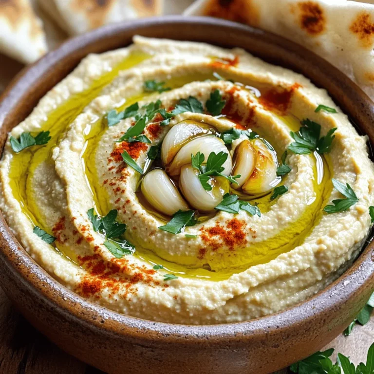 - 1 cup canned chickpeas, drained and rinsed - 1 head of garlic - 2 tablespoons tahini - 3 tablespoons extra-virgin olive oil - 2-3 tablespoons lemon juice (to taste) - 1 teaspoon ground cumin - 1/2 teaspoon smoked paprika - Salt to taste - Water as needed To create a thick and creamy hummus, you need a few key ingredients. Canned chickpeas form the base. They are easy to use and save time. Roasted garlic adds a sweet and rich flavor. You can roast the garlic in your oven, making it tender and caramelized. Tahini gives hummus its creamy texture. It is made from ground sesame seeds. Olive oil adds richness and helps blend everything well. Lemon juice gives a fresh, tangy note. Ground cumin adds warmth and depth. Smoked paprika gives a subtle smoky touch. Finally, salt enhances all the flavors. - Fresh parsley - Additional spices - Olive oil for serving Garnishes can make your hummus look even better. Fresh parsley adds a pop of color and freshness. You can also sprinkle extra spices on top for added flavor. A drizzle of olive oil before serving makes it shine. These touches elevate your hummus from good to great! 1. Preheat the oven. Set your oven to 400°F (200°C). This hot air helps cook the garlic. 2. Roast the garlic. Take one head of garlic. Cut off the top to expose the cloves. Drizzle a teaspoon of olive oil on it. Wrap the garlic in aluminum foil and place it in the oven. Roast for 30-35 minutes. You want the cloves to be soft and sweet. 1. Combine ingredients in a food processor. After roasting, squeeze the garlic cloves out of their skins. Add them to a food processor with these ingredients: - 1 cup canned chickpeas, drained and rinsed - 2 tablespoons tahini - 2-3 tablespoons lemon juice (to taste) - 1 teaspoon ground cumin - 1/2 teaspoon smoked paprika 2. Adjusting consistency with water. Blend the mixture until smooth. Scrape down the sides as needed. With the processor running, slowly add the remaining olive oil. Add water, one tablespoon at a time, until you have a creamy texture. 1. Transfer to a serving bowl. Spoon the creamy hummus into a nice bowl for serving. This adds a special touch. 2. Drizzle and garnish for presentation. Drizzle some olive oil on top. Sprinkle fresh parsley and a bit of smoked paprika for color. This makes your hummus look as good as it tastes! To make hummus smooth, water is key. Add water slowly while blending. This helps create that creamy texture we all love. Too little water makes the hummus thick and hard to blend. Start with one tablespoon and add more if needed. Using olive oil is also important. It adds richness and flavor. Drizzle it in while blending for best results. The oil helps create a silky texture. You can adjust the amount based on your taste. Store your hummus in an airtight container. It stays fresh in the fridge for about a week. For longer storage, freeze it in small portions. This makes it easy to enjoy later. When serving, drizzle a little olive oil on top for a nice touch. Hummus pairs well with many foods. Try it with pita bread or fresh veggies. It also goes great on sandwiches or as a spread. Add some crackers for extra crunch. One common mistake is over-blending or under-blending. Over-blending can make the hummus too thin. Under-blending leaves it chunky and rough. Blend just until smooth and creamy. Another mistake is skipping the roasted garlic. Roasting garlic makes it sweet and soft. It adds a depth of flavor that raw garlic can't match. So, don’t skip this step! {{image_2}} You can boost your hummus with fun flavors. Roasted red peppers add a sweet touch. Just blend them in with the chickpeas. Spicy harissa gives a nice kick to your hummus. Mix in a spoonful for heat. Adjust to your taste, and enjoy the zesty twist. If you're gluten-free, this hummus works perfectly. All the ingredients are naturally gluten-free. Enjoy it with veggies or gluten-free crackers. Vegan eaters will love this dish too. Hummus is already vegan, so dig in without worry. It’s a great snack for everyone. Chickpeas are classic, but try white beans for a change. They make a creamy hummus with a mild flavor. Just swap them in the recipe. Want something different? Use black beans for a twist. They add a rich, earthy taste. It’s a fun way to mix things up! You can keep leftover hummus in the fridge for about a week. Store it in an airtight container to keep it fresh. Make sure the lid fits well. This prevents air from getting in, which can dry out the hummus. If you want to keep it longer, freezing is a great option. Hummus can last up to three months in the freezer. Just scoop it into a container, leaving some space at the top. The hummus may expand as it freezes. For best results, use glass or BPA-free plastic containers. These materials do not absorb smells or flavors. If you're using glass, remember that it may break if you drop it. Always check the lid to make sure it seals tightly. This helps keep the hummus moist and tasty. When you're ready to eat it, let the hummus thaw in the fridge overnight. Stir it well before serving to restore its creamy texture. Homemade hummus lasts about 4 to 7 days in the fridge. Store it in an airtight container to keep it fresh. Always check for any off smells or mold before eating. If you want it to last longer, consider freezing it. Frozen hummus can last for up to three months. Yes, you can use dried chickpeas! You need to soak them overnight first. After soaking, boil them until tender. This process takes longer but gives a fresher taste. Make sure to drain and rinse them well before blending. You might need to adjust the water amount when making hummus. Creamy roasted garlic hummus pairs well with many foods. Try dipping fresh veggies like carrots or cucumber. Pita bread and chips are also great choices. For a heartier option, serve it with grilled meats or as a spread in sandwiches. You can also enjoy it with olives or feta cheese for added flavor. This article covered all you need to know to make creamy roasted garlic hummus. You learned about key ingredients, step-by-step instructions, and helpful tips. Avoid mistakes like over-blending, and try fun variations like red peppers! Store your hummus properly to enjoy it longer. Hummus is versatile and delicious, making it perfect for many meals. Enjoy making this tasty dish and share it with friends!
