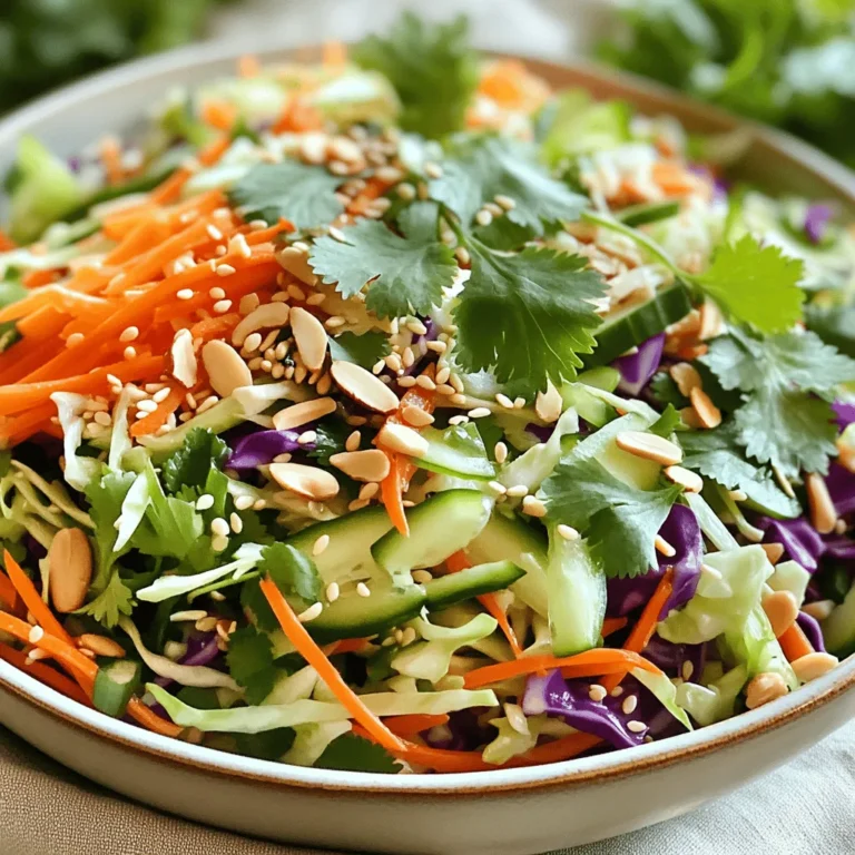- 4 cups green cabbage, shredded - 1 cup purple cabbage, shredded - 1 cup carrots, grated - 1 red bell pepper, thinly sliced - 1/2 cucumber, julienned - 1/4 cup green onions, chopped - 1/4 cup fresh cilantro, chopped - 1/2 cup toasted sesame seeds - 1/4 cup slivered almonds - 1/3 cup rice vinegar - 1/4 cup sesame oil - 2 tablespoons soy sauce (or tamari for gluten-free) - 1 tablespoon honey or maple syrup - 1 teaspoon grated ginger - Salt and pepper to taste Gathering fresh ingredients is a key step in making Sesame Crunch Asian Slaw. Start with a mix of vibrant cabbages. The green cabbage adds crispness, while the purple cabbage gives color and crunch. Next, grate the carrots for sweetness and texture. The red bell pepper brings a sweet crunch, and the cucumber adds refreshing juiciness. Don’t forget green onions and cilantro for bright flavors. These herbs enhance the slaw with freshness. For the crunch factor, toasted sesame seeds and slivered almonds provide delightful bites. They add nutty notes that balance the fresh veggies. Now, let’s talk dressing. Rice vinegar gives a tangy kick. Sesame oil adds depth with its rich flavor. Soy sauce or tamari brings umami, while honey or maple syrup sweetens the mix. Grated ginger adds warmth, while a pinch of salt and pepper rounds everything out. Each ingredient plays a role in creating a balanced and tasty slaw. The right mix of fresh vegetables, crunchy add-ins, and flavorful dressing makes this slaw a standout dish. - Step 1: Combine the shredded cabbages, grated carrots, sliced bell pepper, and julienned cucumber in a large mixing bowl. This mix gives a great crunch and color. - Step 2: Add chopped green onions and cilantro for freshness. These herbs brighten the slaw and add a nice flavor. - Step 3: In a small bowl, whisk together rice vinegar, sesame oil, soy sauce, honey or maple syrup, and grated ginger. This dressing blends sweet and tangy flavors. - Step 4: Taste and adjust the dressing if necessary, adding more sweetness or seasoning as desired. You want it to be just right for your taste. - Step 5: Pour the dressing over the vegetable mixture and toss thoroughly to coat the veggies. Make sure every piece is covered for the best flavor. - Step 6: Add toasted sesame seeds and slivered almonds, and gently mix again. These add a nice crunch and nutty taste. - Step 7: Season with salt and pepper to your taste. This step is key for enhancing all the flavors. - Step 8: Allow slaw to chill in the refrigerator for 15-30 minutes before serving. Chilling helps the flavors meld together nicely. To boost the taste of your slaw, let it marinate longer. This helps the flavors become rich and deep. You can also adjust the seasoning and sweetness. Try adding more honey if you like it sweet. You can add more soy sauce for saltiness. For a great look, garnish your slaw with more sesame seeds and fresh cilantro. It adds color and texture. Serve with chopsticks to create an authentic Asian feel. This makes eating the slaw fun and unique. The ingredients in this slaw are good for you. Cabbage is full of vitamins like K and C. It is low in calories and high in fiber. Sesame oil has healthy fats that can support heart health. Eating this slaw is a tasty way to add nutrients to your diet. {{image_2}} You can make the slaw heartier by adding protein. Cooked chicken adds great flavor. Tofu is a fantastic option for a plant-based choice. Chickpeas also work well and boost nutrition. Choose your favorite protein to enjoy a filling meal. If you like heat, try adding sliced jalapeños. They bring a fresh kick to the slaw. You can also sprinkle in chili flakes for extra spice. Adjust the amount based on your heat preference. This twist adds a fun dimension to your dish. Switching up the dressing can change the flavor entirely. Try apple cider vinegar for a sweeter taste. Balsamic vinegar gives a rich, tangy flavor. Each vinegar brings its own unique profile to the slaw. Experiment with what you have on hand for new tastes. Keep your Sesame Crunch Asian Slaw in an airtight container. It stays fresh in the refrigerator for up to three days. This way, you can enjoy crisp veggies and great flavors. If you want to store the slaw longer, freezing is an option. However, know that freezing can change the texture of the veggies. For the best taste, it’s better to enjoy your slaw fresh. To refresh leftovers, simply add a splash of dressing. You can also toss in some fresh ingredients, like extra cilantro or green onions. This will bring back the crunch and flavor before serving again. Sesame Crunch Asian Slaw is a colorful salad packed with fresh veggies. It features shredded green and purple cabbage, grated carrots, and crisp bell pepper. The dish shines with a tangy dressing made from rice vinegar and sesame oil. Toasted sesame seeds and slivered almonds add a delightful crunch to every bite. Yes, you can make this slaw ahead of time. Prepare the vegetables and dressing separately. Mix them together just before serving. This keeps the vegetables crisp and fresh. If you let it sit for 15-30 minutes, the flavors blend nicely. This recipe can be gluten-free. Use tamari instead of soy sauce. Tamari has a similar taste but does not contain gluten. Check labels to ensure all ingredients meet your needs. To make this slaw vegan, swap honey for maple syrup. Maple syrup gives the dressing sweetness without using any animal products. The flavor remains delicious and fresh. You can add many veggies to this slaw. Consider using radishes, snap peas, or even shredded broccoli. Seasonal vegetables can make your slaw unique. Get creative with what you have on hand! This blog post covered how to create a tasty Sesame Crunch Asian Slaw. You learned about the fresh vegetables, crunchy add-ins, and flavorful dressing. I shared step-by-step instructions to ensure your success. You also found tips to enhance flavor and ideas for variations. In conclusion, this slaw is not just delicious; it’s healthy too. Enjoy making this dish as a side or main course. With a few tweaks, you can customize it to your taste. Give it a try and savor the fresh crunch!