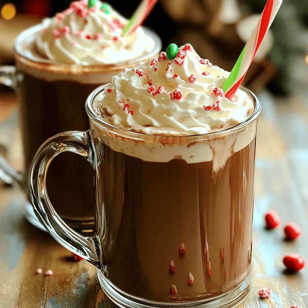 - 2 cups whole milk - 1 cup heavy cream - 1/2 cup semi-sweet chocolate chips - 1/4 cup cocoa powder - 1/4 cup powdered sugar - 1 teaspoon vanilla extract - 1/2 teaspoon peppermint extract - Whipped cream, for topping - Crushed peppermint candies, for garnish To make the perfect creamy peppermint hot chocolate, pay close attention to the amounts of each ingredient. Here’s a quick guide: - Whole milk: 2 cups gives a rich base. - Heavy cream: 1 cup adds a velvety texture. - Semi-sweet chocolate chips: 1/2 cup brings a deep chocolate flavor. - Cocoa powder: 1/4 cup enhances the chocolatey taste. - Powdered sugar: 1/4 cup sweetens without grittiness. - Vanilla extract: 1 teaspoon adds warmth. - Peppermint extract: 1/2 teaspoon gives a refreshing twist. Mix these in the right amounts for a dreamy drink. If you want to try different options, here are some ideas: - Use almond milk or oat milk for a dairy-free version. - Coconut cream can replace heavy cream for a rich flavor. - To cut back on sugar, use a sugar substitute like stevia or monk fruit. These swaps keep your drink tasty and fit your needs. 1. Start by taking a medium saucepan. Combine 2 cups of whole milk and 1 cup of heavy cream. 2. Heat the mixture over medium heat. You want it warm but not boiling. Keep an eye on it! 3. Once warm, add in 1/2 cup of semi-sweet chocolate chips and 1/4 cup of cocoa powder. Stir well with a whisk. 4. Whisk until the chocolate chips melt and the cocoa powder dissolves. This makes your hot chocolate smooth and creamy. 5. Next, mix in 1/4 cup of powdered sugar, 1 teaspoon of vanilla extract, and 1/2 teaspoon of peppermint extract. Whisk again until everything blends well. 6. If the hot chocolate is too thick, you can add a bit more milk. This helps achieve your desired creaminess. 7. Remove the saucepan from heat once it’s all heated through. Taste your hot chocolate. Adjust the sweetness or peppermint flavor to fit your taste. 8. Pour the creamy peppermint hot chocolate into your favorite mugs. 9. Top your drinks with whipped cream and sprinkle crushed peppermint candies on top for a festive touch. To get the smoothest hot chocolate, use a whisk instead of a spoon. A whisk mixes better and gives you that creamy texture. Here are some tips: - Start whisking slowly to combine ingredients. This prevents splashes. - Once mixed, you can whisk faster to aerate the hot chocolate. This adds a bit of fluffiness. - If you see any lumps, keep whisking! They’ll dissolve with enough effort. You can adjust the flavor to make your hot chocolate perfect for you. Here’s how: - If you want it sweeter, add a little more powdered sugar. Just a teaspoon at a time. - Want more peppermint? Add a few drops of peppermint extract. Be careful; it’s strong! - Taste as you go. This ensures you find your ideal balance of sweetness and minty flavor. To make your creamy peppermint hot chocolate perfect, follow these tips. First, use whole milk and heavy cream. They give a rich and smooth texture. Heat the milk and cream gently. If it boils, it might change the flavor. Stir in the chocolate chips and cocoa powder slowly. Whisk until they dissolve completely. This keeps your drink smooth and creamy. If it feels too thick, add more milk until you reach your desired consistency. Presentation matters! Serve your hot chocolate in clear glass mugs. This shows off the beautiful layers of cream and chocolate. Top it with a generous amount of whipped cream. Sprinkle crushed peppermint candies on top for a festive look. Pair your drink with soft cookies or mini pastries for a delightful treat. You can also add festive straws for extra fun! Many people make mistakes when making hot chocolate. One common mistake is using low-fat milk. This makes it less creamy and rich. Another pitfall is adding the chocolate too fast. Always stir slowly to avoid lumps. Taste your drink as you go. If it tastes too sweet or strong, adjust it right away. Lastly, don’t forget to garnish! It adds flavor and makes your drink look great. {{image_2}} You can easily change the taste of your creamy peppermint hot chocolate. Try adding other extracts to mix things up. For a warm, sweet touch, use a splash of vanilla extract. This adds depth and richness. If you want a nutty flavor, almond extract works wonders too. Just a few drops will do. These simple swaps can create a whole new drink experience. Want to take your hot chocolate to the next level? Make it a s'mores hot chocolate! Top your drink with mini marshmallows and crushed graham crackers. The marshmallows melt into the warm drink, creating a gooey delight. The graham crackers add a nice crunch. You can even toast the marshmallows for that campfire taste. This twist makes it a fun treat for kids and adults alike. If you're looking for a vegan version, it's easy! Swap the whole milk and heavy cream for plant-based milk like almond or oat milk. Use dairy-free chocolate chips to keep it creamy and sweet. You can still add the peppermint extract for that festive flavor. This way, everyone can enjoy a cozy cup, regardless of their diet. To store leftover hot chocolate, let it cool first. Pour it into an airtight container. It will last in the fridge for about three days. When you want some, just take it out and check the smell. If it smells good, it’s ready to enjoy! When reheating, do it gently. Use low heat on the stove or a microwave. Stir often to keep it smooth and creamy. If it thickens too much, add a splash of milk. This helps bring back that rich texture. You can freeze hot chocolate too! Pour it into ice cube trays or freezer-safe containers. It can last up to three months in the freezer. When you want to enjoy it, thaw it in the fridge overnight. Heat it up gently with a little milk for the best taste. Enjoy the cozy flavors all over again! I recommend using whole milk for the best flavor and creaminess. Whole milk has a rich texture that makes the hot chocolate smooth. If you want a lighter option, you can use 2% milk. Almond milk is a good choice for a dairy-free version, but it won’t be as creamy. Oat milk also works well, giving a nice flavor. Each option changes the taste and texture slightly, so choose what you like best. Yes, you can use cocoa powder instead of chocolate chips. Cocoa powder gives a deep chocolate flavor, but it can taste less rich. You should add a bit more sugar to balance this. When using cocoa powder, mix it well with the milk and cream to avoid lumps. The result will still be delicious, but it may not be as creamy as using chocolate chips. To reduce sweetness, you can cut back on powdered sugar. Start with half the amount and taste it. You can also add a pinch of salt to enhance flavors without adding more sugar. Using dark chocolate instead of semi-sweet chips can help too. It has less sugar and more cocoa flavor. Adjusting the peppermint extract can also help if you prefer a stronger mint taste without the sweetness. This blog post shared key ingredients and steps for making the perfect hot chocolate. You learned about measurements and alternative options, ensuring everyone can enjoy this treat. I shared tips and tricks to enhance flavor and avoid common mistakes. Plus, I provided fun variations and storage tips. With these methods, you can create delightful hot chocolate for any occasion. Enjoy experimenting with flavors and impressing friends and family. Your next cozy drink awaits!