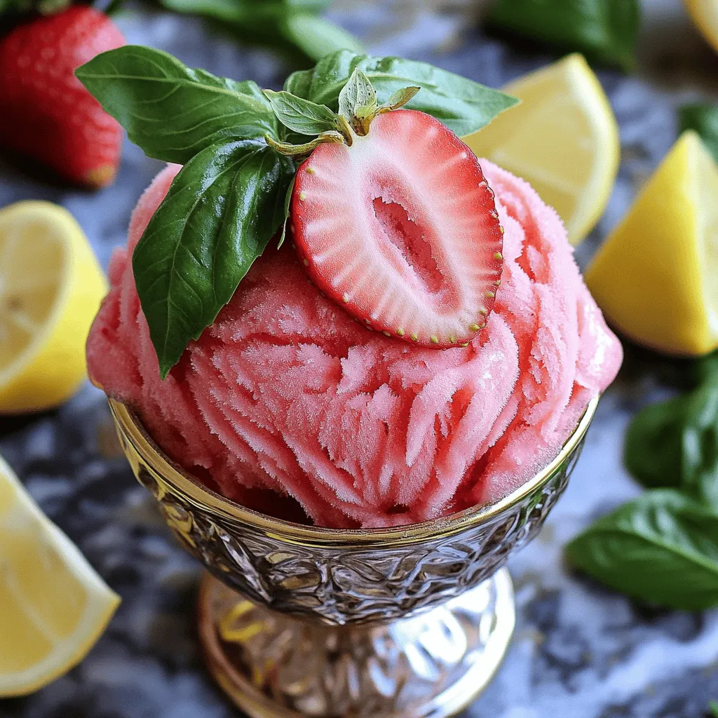 You need 2 cups of fresh strawberries. These should be hulled and sliced. They give the sorbet its sweet and fruity flavor. Use 1 cup of fresh basil leaves. Make sure they are loosely packed. Basil adds a unique herbal note. It balances the sweetness of the strawberries well. You will need 1 cup of granulated sugar. This helps sweeten the sorbet. It also helps to create a smooth texture when frozen. 1 cup of water is needed for the sugar syrup. This helps dissolve the sugar easily. It blends well with the other flavors in the sorbet. You will need 1/2 cup of freshly squeezed lemon juice. This should come from about 2-3 lemons. Lemon juice adds a tangy kick that brightens the flavor profile. Add 1 tablespoon of lemon zest. This comes from the outer skin of the lemon. It gives a strong lemon flavor without adding extra liquid. A pinch of salt is added to enhance the sweetness. Salt helps balance the flavors, making each bite exciting. Start by making the sugar syrup. In a medium saucepan, mix 1 cup of granulated sugar and 1 cup of water. Heat it over medium heat. Stir occasionally until the sugar dissolves. This should take just a few minutes. Remove it from the heat and let it cool slightly. This syrup adds sweetness to your sorbet. Next, grab your blender. Add 2 cups of fresh strawberries, hulled and sliced. Then, add 1 cup of fresh basil leaves. Pour in 1/2 cup of freshly squeezed lemon juice and 1 tablespoon of lemon zest. Don't forget a pinch of salt! Finally, add the cooled sugar syrup to the blender. Blend until the mixture is smooth and vibrant. Now, it's time to strain the mixture. Use a fine-mesh sieve and a bowl. Pour the blended mixture through the sieve. Use a spatula to press out as much liquid as you can. This step removes any solids, giving you a smooth sorbet base. Discard the solids left in the sieve. Pour the strained mixture into a shallow dish. Place it in the freezer. After 30 minutes, take it out and stir with a fork. This helps break up ice crystals. Repeat this every 30 minutes for about 2 to 3 hours. You want the sorbet to be fluffy and fully frozen. Once your sorbet is ready, let it sit at room temperature for about 5 minutes. This makes scooping easier. Serve it in chilled bowls or decorative glasses. For a fancy touch, garnish with fresh basil leaves and a slice of strawberry on top. Enjoy your refreshing summer treat! To make your sorbet smooth, blend it well. Use a high-speed blender for the best results. After blending, freeze the mixture in a shallow dish. This helps it freeze evenly. Stir it every 30 minutes with a fork. This breaks up the ice and makes it fluffier. Repeat this for about 2-3 hours. You want a light and airy texture. Taste your mixture before freezing. If it's too sweet, add a splash of lemon juice. If it’s too tart, mix in more sugar. Sweetness and acidity need to balance well. This will enhance the overall flavor. Remember, you can always adjust before freezing. It’s easier to fix than after it’s frozen. Use a medium saucepan for the sugar syrup. A high-speed blender is essential for blending the ingredients. Have a fine-mesh sieve ready to strain the mixture. For freezing, a shallow dish works best. Keep a fork handy for stirring every half hour. These tools will help you create the best sorbet. {{image_2}} You can mix in other fruits for fun flavors. Try using raspberries or blueberries. These fruits blend well with strawberries. You can also use peaches or mangoes for a tropical twist. Just keep the same amounts for the other ingredients. Blend them in with the strawberries for a tasty sorbet. Basil shines in this sorbet, but you can try other herbs too. Mint adds a cool flavor. You can use fresh mint leaves instead of basil. This gives a fresh taste for summer days. Thyme or rosemary can add an unexpected twist. Just use a small amount, as these herbs can be strong. If you want to change the sweetness, use honey or agave nectar. These natural sweeteners can add depth to your sorbet. You may also use coconut sugar for a hint of caramel flavor. If you prefer, try using a sugar substitute like stevia. Just remember to adjust the amount to keep the taste balanced. To keep your sorbet fresh, use an airtight container. This helps prevent ice crystals from forming. Make sure the container is shallow, as it freezes evenly. Label the container with the date, so you remember when you made it. When stored properly, strawberry basil lemonade sorbet lasts about two weeks in the freezer. After that, it may lose flavor and texture. For the best taste, enjoy it within the first week. If your sorbet has melted, you can refreeze it. Just stir it well before putting it back in the freezer. This will help restore its fluffy texture. If it gets too icy, blend it again to bring back the creaminess. Yes, you can use frozen strawberries. They will work well in this recipe. Just let them thaw a bit before blending. This helps them blend smoothly into the mixture. This recipe is already vegan! It has no eggs or dairy. All the ingredients are plant-based. Enjoy it guilt-free! Serve the sorbet in chilled bowls or glasses. Garnish with fresh basil or a slice of strawberry. This adds a nice touch and makes it look fancy. Yes, a sorbet maker works great! Follow your machine's instructions. It should help create a smooth and creamy texture. If your sorbet is too icy, blend it again after it freezes. You can add a little more sugar or lemon juice to improve texture. This helps make it softer and easier to scoop. In this post, we explored how to make a tasty strawberry basil sorbet. We covered fresh ingredients, easy steps, handy tips, and fun variations. You now know about storage and answers to common questions. Enjoy making this refreshing treat with your own twist. Use fresh flavors, and have fun in the kitchen! Experimenting will lead to yummy results you'll love.
