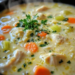 - 1 pound boneless, skinless chicken thighs, diced - 1 cup uncooked brown rice - 1 medium onion, diced - 2 cloves garlic, minced - 3 carrots, sliced - 2 celery stalks, sliced - 6 cups low-sodium chicken broth - 1 cup heavy cream or coconut milk for a dairy-free option - 1 teaspoon dried thyme - 1 teaspoon dried parsley - 1 tablespoon olive oil - Salt and pepper to taste - Fresh parsley for garnish (optional) I always use boneless, skinless chicken thighs for this soup. They cook well and stay juicy. When it comes to rice, I prefer brown rice. It adds a nutty taste and texture. For chicken broth, low-sodium is key. It helps control the salt level in the soup. You can add more veggies to your soup. Try peas, corn, or spinach for color and flavor. If you want a dairy-free option, use coconut milk instead of heavy cream. It adds a nice sweetness. To boost flavor, use fresh herbs like basil or thyme. A pinch of red pepper flakes can add a nice kick. Don't be afraid to experiment with spices you love! To start, you need to prepare the chicken. Take one pound of boneless, skinless chicken thighs and dice them into small pieces. Make sure they are all similar in size for even cooking. Season them with salt and pepper. Next, chop your vegetables. Dice one medium onion and mince two cloves of garlic. Slice three carrots and two celery stalks into small pieces. Having these ready will make cooking easier. Now, let’s cook the soup. In a large pot, heat one tablespoon of olive oil over medium heat. Add the diced chicken to the pot. Sauté the chicken for about five to seven minutes until it is browned and fully cooked. Then, remove the chicken from the pot and set it aside. In the same pot, add the diced onion, minced garlic, sliced carrots, and celery. Sauté these vegetables for about five to six minutes until they soften. Next, stir in one cup of uncooked brown rice, one teaspoon of dried thyme, and one teaspoon of dried parsley. Cook for another two minutes to toast the rice and mix in the flavors. Pour in six cups of low-sodium chicken broth and bring the mixture to a boil. Once boiling, reduce the heat and cover the pot. Let it simmer for about 30 to 35 minutes, or until the rice is tender. After the rice is cooked, return the chicken to the pot. Now, it’s time to add cream. Stir in one cup of heavy cream or coconut milk for a dairy-free option. Mix well and heat through for an additional five minutes. Lastly, taste the soup and check the seasoning. Adjust with salt and pepper as needed. This will help bring out all the rich flavors in your creamy chicken and rice soup! To get tender chicken, use boneless, skinless thighs. They stay juicy and cook evenly. Cook them until they are golden brown. This takes about 5-7 minutes. After browning, set the chicken aside. This allows the flavors to deepen in the pot. For cooking rice in soup, use brown rice for a hearty texture. It takes longer to cook than white rice, so start it early. Toast the rice in the pot for a couple of minutes. This adds a nice flavor. When you add broth, make sure it covers the rice completely. Garnishes can make your soup even better. Try fresh parsley for a pop of color and taste. You can also add croutons for a crunchy bite. Pair your soup with warm bread or a light salad. A nice crusty loaf goes well to soak up the creamy broth. A simple green salad adds freshness and balance. If your soup is too thick, add more broth or water. Stir well to mix it in. This will help loosen the soup without losing flavor. For a soup that is too thin, you can thicken it. Mix a little cornstarch with cold water. Stir this mix into the soup and let it cook for a few minutes. If the soup tastes too salty, add a squeeze of lemon juice. This can help balance the saltiness. You can also add more unsalted broth to dilute it. {{image_2}} You can switch the chicken for turkey. This keeps the flavor but changes it up. Tofu is a great choice for a plant-based option. It absorbs flavors well, making it a tasty choice. For rice, you can use white rice or quinoa. White rice cooks faster, while quinoa adds a nutty taste and more protein. Want to spice it up? Add some chili flakes or hot sauce. This can give your soup a nice kick. You can also try regional flavors. For an Asian twist, add ginger, soy sauce, and sesame oil. For a Mediterranean flair, use lemon juice, olives, and herbs like basil or oregano. If you need a gluten-free soup, use gluten-free broth and check your rice. Brown rice is usually gluten-free, but double-check. For low-carb options, swap the rice for cauliflower rice. This cuts carbs and keeps the soup light. You can still enjoy a creamy soup by using coconut milk instead of heavy cream. To keep your creamy chicken and rice soup fresh, store it in the fridge. First, let the soup cool down. Then, pour it into an airtight container. This helps keep out air and moisture. Use glass or BPA-free plastic containers for the best results. Label the container with the date. This way, you know how long it’s been stored. If you want to save some for later, freezing is a great option. Use freezer-safe containers or bags. Leave some space at the top, as the soup will expand when frozen. Your creamy chicken and rice soup can stay in the freezer for about three months. When you’re ready to eat, thaw it in the fridge overnight for the best taste. When reheating, the best method is on the stove. Pour the soup into a pot and heat it over low to medium heat. Stir it often to keep the texture smooth. If the soup looks too thick, add a bit more broth or water. This helps adjust the consistency. You want it creamy and warm, not lumpy. Enjoy your comforting bowl of soup! Creamy Chicken and Rice Soup lasts about 3 to 4 days in the fridge. Store it in an airtight container. If you want to keep it longer, freeze it. In the freezer, it can last for up to 3 months. Yes, you can make this soup in a slow cooker. First, sauté the chicken and vegetables in a pan. Then, place them in the slow cooker with the rice, broth, and seasonings. Cook on low for 6 to 8 hours or on high for 3 to 4 hours. Add cream just before serving. Yes, this soup can be gluten-free. Use gluten-free chicken broth and make sure your rice is labeled gluten-free. If you want a thickener, use cornstarch instead of flour. This way, you can enjoy a tasty and safe meal. This post covered all you need for Creamy Chicken and Rice Soup. We explored key ingredients, with a focus on broth. I shared step-by-step instructions for preparation and cooking, along with helpful tips. You can customize the recipe with various ingredients and flavors. Remember, storage tips help keep your soup fresh. Enjoy experimenting in your kitchen, and don’t hesitate to create your own variations. With these guidelines, you’ll make a delicious soup every time. Happy cooking!