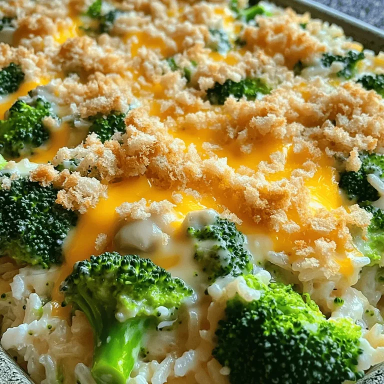- 2 cups cooked rice (white or brown) - 2 cups fresh broccoli florets - 1 cup shredded sharp cheddar cheese - 1 cup cream of mushroom soup (or homemade) - 1/2 cup milk - 1/2 cup grated Parmesan cheese - 1/2 teaspoon garlic powder - 1/2 teaspoon onion powder - Salt and pepper to taste - 1/2 cup breadcrumbs (for topping) - 2 tablespoons butter, melted You need two cups of cooked rice. You can use either white or brown rice. The broccoli should be two cups of fresh florets. The cheese is one cup of sharp cheddar, which adds a nice kick. For the sauce, use one cup of cream of mushroom soup. If you want, you can make your own soup. You’ll also need half a cup of milk to keep it creamy. For more flavor, add half a cup of grated Parmesan cheese. Spice it up with half a teaspoon each of garlic and onion powder. Don’t forget salt and pepper to taste. For a crunchy topping, use half a cup of breadcrumbs mixed with two tablespoons of melted butter. If you don’t have cooked rice, quinoa works well too. For the broccoli, frozen florets can be used if fresh isn’t available. If you want a different cheese, try mozzarella or gouda. Instead of cream of mushroom soup, you can use cream of chicken soup. If you want a lighter option, use low-fat milk. For a dairy-free version, swap out the cheese and milk for plant-based options. You can use nutritional yeast for a cheesy flavor without dairy. Start by bringing a pot of water to a boil. Add the fresh broccoli florets. Blanch them for 2-3 minutes. This keeps them bright green and slightly tender. Drain the broccoli and set it aside. This step helps the broccoli stay vibrant in the casserole. In a large bowl, combine the cooked rice and blanched broccoli. Add the shredded sharp cheddar cheese. Then, pour in the cream of mushroom soup and milk. Sprinkle in the garlic powder, onion powder, salt, and pepper. Mix all these ingredients well until they blend together smoothly. This mixture forms the base of your casserole. Preheat your oven to 350°F (175°C). Grease a 9x13 inch casserole dish. Transfer the rice and broccoli mixture into the dish, spreading it evenly. In a small bowl, mix the breadcrumbs with melted butter. Sprinkle this breadcrumb mix over the casserole. Bake for 25-30 minutes. Look for a bubbly center and a golden-brown top. Let the casserole rest for 5 minutes before serving. This makes it easier to serve and enhances the flavors. To boost the flavor in your Cheesy Broccoli Rice Casserole, try these tips: - Add a pinch of cayenne pepper for a kick. - Use fresh garlic instead of garlic powder for a bold taste. - Swap in different cheeses, like mozzarella or gouda, for unique flavor. - Mix in cooked onions or bell peppers for extra sweetness. These small changes can take your dish to new heights. Here are some common mistakes to steer clear of: - Don’t overcook the broccoli. Blanch it just enough to stay bright and crisp. - Use fresh cheese rather than pre-shredded. It melts better and tastes richer. - Avoid skipping the salt and pepper. They bring out the flavors of the dish. - Don’t rush the baking time. Let the casserole bubble and brown for the best result. Being aware of these mistakes helps create a perfect dish each time. When serving your casserole, consider these ideas: - Pair it with a fresh salad for a balanced meal. - Serve with grilled chicken or fish for added protein. - Top with fresh herbs like parsley or chives for color and taste. - Offer a side of crusty bread to soak up the cheesy goodness. These suggestions make your meal more enjoyable for everyone. {{image_2}} You can swap out the sharp cheddar cheese for different cheeses. Try using mozzarella for a gooey texture. Creamy Monterey Jack adds a mild flavor. For a tangy kick, use feta. Each cheese gives its own twist to the dish. This casserole is flexible. You can add in other vegetables to boost nutrition. Chopped carrots and peas work well. You can also try spinach or bell peppers for color. These veggies add great taste and make it more colorful. If you want a vegan version, use plant-based cheese. Replace the cream of mushroom soup with a vegan option or make your own. For gluten-free, use gluten-free breadcrumbs and check the soup label. These changes keep the dish tasty and friendly for all diets. To keep your cheesy broccoli rice casserole fresh, store it in an airtight container. Let the casserole cool first. Cover it tightly with a lid or plastic wrap. It will stay good for up to three days in the fridge. This way, you can enjoy those cheesy flavors later! If you want to freeze leftovers, use a freezer-safe container. Portion out the casserole to make it easy to reheat. Label the container with the date. It stays fresh for up to three months. When you’re ready to eat, thaw it in the fridge overnight. This keeps the texture nice. To reheat, preheat your oven to 350°F (175°C). Place the casserole in an oven-safe dish. Cover it with foil to keep it moist. Bake for about 20-25 minutes until heated through. You can also use the microwave. Heat in 1-minute intervals, stirring in between. Enjoy your tasty meal! Yes, you can use frozen broccoli. It saves time and is easy to use. Just thaw and drain it before adding it to the mix. This way, you avoid extra water in your dish. If you choose frozen, skip the blanching step. The cooking time may change slightly, but your casserole will still taste great. Make the casserole up to a day before you plan to bake it. Prepare everything, mix your ingredients, and place them in the dish. Cover it tightly with plastic wrap. When you are ready to bake, remove the wrap and add a few extra minutes to the cooking time. This method works well and keeps the flavors fresh. This casserole pairs well with many sides. Here are some ideas to consider: - A simple green salad - Roasted chicken or turkey - Garlic bread or rolls - Steamed carrots or green beans These sides can balance the meal and add more color to your plate. Enjoy! This blog post covered the key parts of making a great broccoli casserole. We looked at ingredients, step-by-step instructions, and storage tips. I shared helpful tricks to improve flavor and avoid common mistakes. You can even explore dish variations to suit your needs. With these tips, you can confidently create your own tasty casserole that everyone will love. Enjoy your cooking and relish the delicious results!