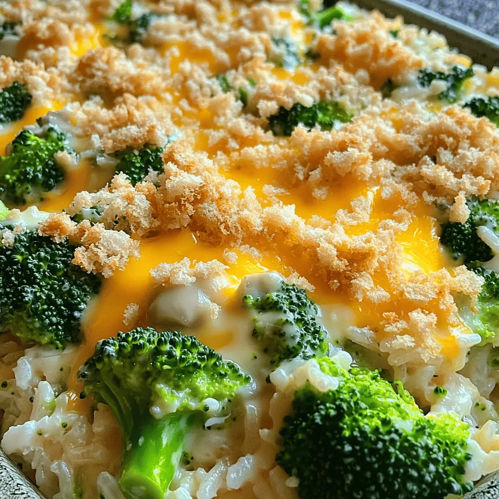 - 2 cups cooked rice (white or brown) - 2 cups fresh broccoli florets - 1 cup shredded sharp cheddar cheese - 1 cup cream of mushroom soup (or homemade) - 1/2 cup milk - 1/2 cup grated Parmesan cheese - 1/2 teaspoon garlic powder - 1/2 teaspoon onion powder - Salt and pepper to taste - 1/2 cup breadcrumbs (for topping) - 2 tablespoons butter, melted You need two cups of cooked rice. You can use either white or brown rice. The broccoli should be two cups of fresh florets. The cheese is one cup of sharp cheddar, which adds a nice kick. For the sauce, use one cup of cream of mushroom soup. If you want, you can make your own soup. You’ll also need half a cup of milk to keep it creamy. For more flavor, add half a cup of grated Parmesan cheese. Spice it up with half a teaspoon each of garlic and onion powder. Don’t forget salt and pepper to taste. For a crunchy topping, use half a cup of breadcrumbs mixed with two tablespoons of melted butter. If you don’t have cooked rice, quinoa works well too. For the broccoli, frozen florets can be used if fresh isn’t available. If you want a different cheese, try mozzarella or gouda. Instead of cream of mushroom soup, you can use cream of chicken soup. If you want a lighter option, use low-fat milk. For a dairy-free version, swap out the cheese and milk for plant-based options. You can use nutritional yeast for a cheesy flavor without dairy. Start by bringing a pot of water to a boil. Add the fresh broccoli florets. Blanch them for 2-3 minutes. This keeps them bright green and slightly tender. Drain the broccoli and set it aside. This step helps the broccoli stay vibrant in the casserole. In a large bowl, combine the cooked rice and blanched broccoli. Add the shredded sharp cheddar cheese. Then, pour in the cream of mushroom soup and milk. Sprinkle in the garlic powder, onion powder, salt, and pepper. Mix all these ingredients well until they blend together smoothly. This mixture forms the base of your casserole. Preheat your oven to 350°F (175°C). Grease a 9x13 inch casserole dish. Transfer the rice and broccoli mixture into the dish, spreading it evenly. In a small bowl, mix the breadcrumbs with melted butter. Sprinkle this breadcrumb mix over the casserole. Bake for 25-30 minutes. Look for a bubbly center and a golden-brown top. Let the casserole rest for 5 minutes before serving. This makes it easier to serve and enhances the flavors. To boost the flavor in your Cheesy Broccoli Rice Casserole, try these tips: - Add a pinch of cayenne pepper for a kick. - Use fresh garlic instead of garlic powder for a bold taste. - Swap in different cheeses, like mozzarella or gouda, for unique flavor. - Mix in cooked onions or bell peppers for extra sweetness. These small changes can take your dish to new heights. Here are some common mistakes to steer clear of: - Don’t overcook the broccoli. Blanch it just enough to stay bright and crisp. - Use fresh cheese rather than pre-shredded. It melts better and tastes richer. - Avoid skipping the salt and pepper. They bring out the flavors of the dish. - Don’t rush the baking time. Let the casserole bubble and brown for the best result. Being aware of these mistakes helps create a perfect dish each time. When serving your casserole, consider these ideas: - Pair it with a fresh salad for a balanced meal. - Serve with grilled chicken or fish for added protein. - Top with fresh herbs like parsley or chives for color and taste. - Offer a side of crusty bread to soak up the cheesy goodness. These suggestions make your meal more enjoyable for everyone. {{image_2}} You can swap out the sharp cheddar cheese for different cheeses. Try using mozzarella for a gooey texture. Creamy Monterey Jack adds a mild flavor. For a tangy kick, use feta. Each cheese gives its own twist to the dish. This casserole is flexible. You can add in other vegetables to boost nutrition. Chopped carrots and peas work well. You can also try spinach or bell peppers for color. These veggies add great taste and make it more colorful. If you want a vegan version, use plant-based cheese. Replace the cream of mushroom soup with a vegan option or make your own. For gluten-free, use gluten-free breadcrumbs and check the soup label. These changes keep the dish tasty and friendly for all diets. To keep your cheesy broccoli rice casserole fresh, store it in an airtight container. Let the casserole cool first. Cover it tightly with a lid or plastic wrap. It will stay good for up to three days in the fridge. This way, you can enjoy those cheesy flavors later! If you want to freeze leftovers, use a freezer-safe container. Portion out the casserole to make it easy to reheat. Label the container with the date. It stays fresh for up to three months. When you’re ready to eat, thaw it in the fridge overnight. This keeps the texture nice. To reheat, preheat your oven to 350°F (175°C). Place the casserole in an oven-safe dish. Cover it with foil to keep it moist. Bake for about 20-25 minutes until heated through. You can also use the microwave. Heat in 1-minute intervals, stirring in between. Enjoy your tasty meal! Yes, you can use frozen broccoli. It saves time and is easy to use. Just thaw and drain it before adding it to the mix. This way, you avoid extra water in your dish. If you choose frozen, skip the blanching step. The cooking time may change slightly, but your casserole will still taste great. Make the casserole up to a day before you plan to bake it. Prepare everything, mix your ingredients, and place them in the dish. Cover it tightly with plastic wrap. When you are ready to bake, remove the wrap and add a few extra minutes to the cooking time. This method works well and keeps the flavors fresh. This casserole pairs well with many sides. Here are some ideas to consider: - A simple green salad - Roasted chicken or turkey - Garlic bread or rolls - Steamed carrots or green beans These sides can balance the meal and add more color to your plate. Enjoy! This blog post covered the key parts of making a great broccoli casserole. We looked at ingredients, step-by-step instructions, and storage tips. I shared helpful tricks to improve flavor and avoid common mistakes. You can even explore dish variations to suit your needs. With these tips, you can confidently create your own tasty casserole that everyone will love. Enjoy your cooking and relish the delicious results!