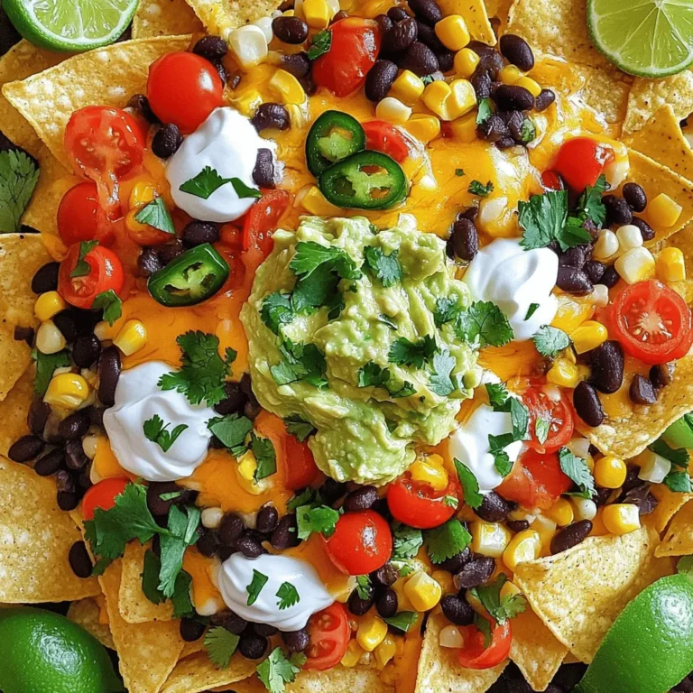 - Tortilla chips (200g) - 1 cup black beans, drained and rinsed - 1 cup corn kernels (fresh or canned) - 1 red bell pepper, diced - 1 yellow bell pepper, diced - 1 jalapeño, sliced (adjust for spice preference) - 1 medium red onion, diced - 1 cup cherry tomatoes, halved - 1 cup shredded cheddar cheese (or a vegan alternative) To make loaded veggie nachos, you need fresh and vibrant ingredients. Start with tortilla chips. They form the base. Look for thick, sturdy chips that won't break easily. Next, black beans add protein and fiber. Rinse them well to remove any excess salt. Corn kernels bring sweetness and crunch. You can use fresh corn or canned. Bell peppers add color and flavor. Dice one red and one yellow for a great mix. The jalapeño gives heat. Adjust the amount based on your spice level. A medium red onion adds sharpness. Dicing it finely helps blend with the other veggies. Cherry tomatoes provide juiciness. Halve them to spread the flavor. Finally, choose shredded cheddar cheese for creaminess. You can use a vegan cheese if you prefer. This mix of ingredients makes your nachos colorful and tasty! 1. Preheat the oven and prepare the baking sheet. Set your oven to 375°F (190°C). Line a baking sheet with parchment paper. This step helps with easy cleanup later. 2. Combine the vegetable mixture in a bowl. In a big bowl, mix together the black beans, corn, diced red and yellow bell peppers, sliced jalapeño, diced red onion, and halved cherry tomatoes. Drizzle some olive oil over the mix. Add salt and pepper to taste. Toss everything well until it is evenly coated. 1. Spread tortilla chips on the baking sheet. Take your tortilla chips and lay them out evenly on the prepared baking sheet. This helps each chip get topped. 2. Layer vegetable mixture and cheese. Spoon the veggie mixture over the chips, spreading it out. Make sure every chip gets some toppings. Then sprinkle the shredded cheddar cheese on top. Cover the chips well so that every bite is cheesy. 1. Bake until cheese is bubbly. Place the baking sheet in the oven. Bake for about 10-12 minutes. Keep an eye on them until the cheese is bubbly and slightly golden. 2. Garnish and serve with lime wedges. Once you take the nachos out of the oven, let them cool for a minute. Then, add dollops of guacamole and sour cream on top. Finish with a sprinkle of fresh cilantro. Serve with lime wedges for a zesty kick. Enjoy your loaded veggie nachos! The cheese is key to great nachos. I love using sharp cheddar for its rich flavor. It melts perfectly and adds that gooey texture we crave. If you prefer a lighter taste, try Monterey Jack cheese. It also melts well. For those who follow a plant-based diet, there are tasty vegan cheese options. Look for brands that melt easily, like cashew or almond-based cheeses. Nutritional yeast can add a cheesy flavor, too. Just sprinkle it on top for extra zest. Want to kick up the heat? Adjust the spice level by adding more jalapeños. If you like it mild, skip them or use sweet peppers instead. You can also think about extra toppings. Black olives add a briny bite. Avocado slices give creaminess. For a crunch, sprinkle on some fresh radishes. Each topping adds its own twist. Mix and match to find your favorite combo! {{image_2}} You can make loaded veggie nachos fit any diet. For a vegetarian twist, simply use dairy-based cheese. If you want a vegan option, swap in dairy-free cheese or sour cream. There are many brands that taste great and melt well. Look for options made from nuts or soy. This way, everyone can enjoy the nachos! Want to add more flavor? Try adding avocado or olives. Both add creaminess and a nice texture. You can also experiment with different beans. Swap black beans for pinto or refried beans. This change can make your nachos even more tasty. Don't be afraid to mix and match your favorite toppings! To keep your leftover nachos fresh, store them right. Place them in an airtight container. I recommend using parchment paper to separate layers. This helps avoid soggy chips. You can put the container in the fridge. Nachos stay good for up to three days this way. When you’re ready to eat them, you’ll want to reheat them. For reheating, preheat your oven to 350°F (175°C). Spread the nachos on a baking sheet. Heat them for about 10 minutes. This ensures the chips stay crisp and the cheese melts nicely. Can nachos be frozen? Yes, they can! However, keep in mind that the chips may lose some crunch. To freeze, first, cool the nachos completely. Then, place them in a freezer-safe bag. Remove as much air as possible before sealing. They can stay in the freezer for up to a month. When ready to enjoy, take them out and reheat. Preheat the oven to 350°F (175°C) again. Spread the frozen nachos on a baking sheet. Bake for about 15-20 minutes. Check for a bubbly cheese topping before serving. For nachos, I love using tortilla chips. They have the right crunch and flavor. You can choose baked tortilla chips for a healthier option. These have less fat than fried chips. Look for whole grain tortilla chips for added fiber. If you want to avoid processed foods, try making your own chips. Cut corn tortillas into triangles and bake them until crispy. Yes, you can prep Loaded Veggie Nachos ahead of time. Start by chopping all your veggies. Store them in an airtight container in the fridge. You can also mix the black beans and corn in advance. Just wait to assemble the nachos until you are ready to bake. This keeps the chips crunchy. You can layer the chips and toppings right before baking. To make nachos gluten-free, choose certified gluten-free tortilla chips. Many brands offer this option now. For toppings, ensure your beans and sauces are gluten-free. You can use fresh veggies without worry. If you want cheese, check labels to avoid gluten hidden in some products. This way, everyone can enjoy your Loaded Veggie Nachos! Loaded veggie nachos bring joy and flavor to any meal. We covered the key ingredients, step-by-step preparation, and customization tips to make them just right. Explore vegetarian and vegan options for extra fun. Don't overlook storage tips to keep leftovers fresh. Nachos can be made ahead and tailored to fit your taste. Now, you can impress your friends and family with a tasty, shareable dish that fits anyone's diet. Enjoy creating and sharing your loaded veggie nachos!