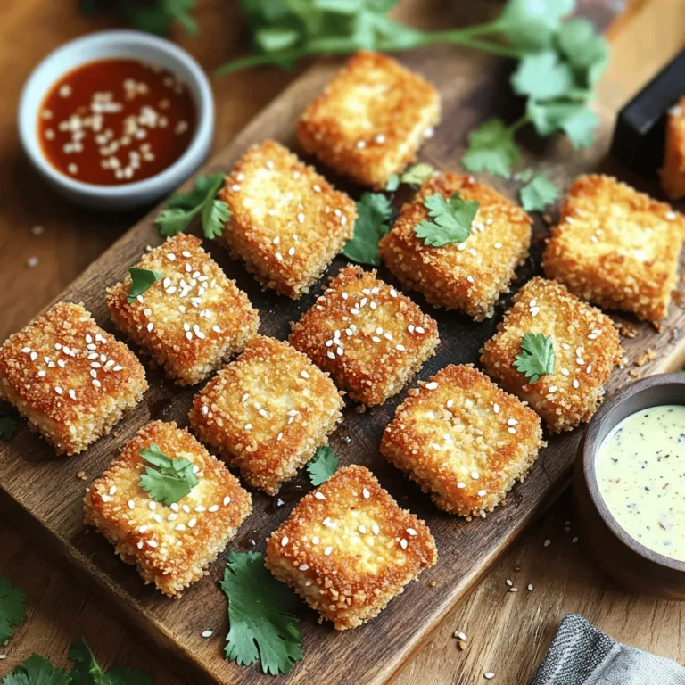 - 1 block (14 oz) firm tofu, pressed and drained - 1/2 cup cornstarch - 1/2 cup breadcrumbs (Panko for extra crunch) - 1 teaspoon garlic powder - 1 teaspoon onion powder - 1 teaspoon smoked paprika - 1/2 teaspoon salt - 1/4 teaspoon black pepper - 2 tablespoons olive oil - 1 tablespoon soy sauce or tamari - 1 tablespoon nutritional yeast (for cheesy flavor) - Dipping sauce of your choice (e.g., sweet chili sauce or vegan ranch) When making Air Fryer Crispy Tofu Nuggets, you want to focus on quality ingredients. Firm tofu is key. It holds its shape and gives you that perfect bite. Pressing and draining it first helps remove excess moisture. This step is crucial for achieving crispiness. Cornstarch acts as the secret weapon. It helps create a crunchy coating. Combine it with breadcrumbs for extra texture. Panko breadcrumbs work best since they are light and airy. The seasonings elevate the flavor. Garlic powder, onion powder, smoked paprika, salt, and black pepper create a delicious blend. You can also add nutritional yeast for a cheesy taste. This is optional but highly recommended. Finally, choose a dipping sauce that you love. Sweet chili sauce adds a sweet kick. Vegan ranch offers a cool contrast. The right sauce can take your nuggets to the next level. Pressing and draining Tofu holds a lot of water. To get crispy nuggets, press the tofu first. Place a heavy object on the tofu for about 15-20 minutes. This helps remove excess moisture. After pressing, drain any liquid that collects. Cutting into cubes Once drained, cut the tofu into cubes. Aim for about 1-inch pieces. This size cooks evenly and gets crispy all around. Combining dry ingredients In a bowl, combine your dry ingredients. Mix together 1/2 cup of cornstarch, 1 teaspoon of garlic powder, 1 teaspoon of onion powder, 1 teaspoon of smoked paprika, 1/2 teaspoon of salt, and 1/4 teaspoon of black pepper. If you want a cheesy flavor, add 1 tablespoon of nutritional yeast. This mix adds great taste. Preparing the liquid mixture In another bowl, whisk together 2 tablespoons of olive oil and 1 tablespoon of soy sauce. This will help the tofu get extra flavor and stick to the dry mix. Preheating air fryer Before cooking, preheat your air fryer to 400°F (200°C). This takes about 5 minutes. Preheating helps the tofu start cooking right away. Arranging tofu in the basket Carefully place the coated tofu nuggets in the air fryer basket. Lay them in a single layer. Make sure there is space between each piece. This helps them cook evenly. You may need to cook in batches if your air fryer is small. Cooking time and checking for doneness Air fry the tofu nuggets for about 12-15 minutes. Halfway through, shake the basket. This ensures they cook evenly and get crispy. The nuggets should be golden brown and crunchy when finished. To get that extra crunch in your tofu nuggets, use cornstarch. Cornstarch absorbs moisture and helps create a crispy outside. It acts like a shield during cooking, keeping the inside tender. Panko breadcrumbs are a great choice too! They are light and airy. Their texture adds crunch that regular breadcrumbs cannot match. You’ll love how they turn golden brown in the air fryer. You can spice up your tofu nuggets with different seasonings. Try adding paprika for a smoky taste or chili powder for heat. You can also mix in dried herbs like oregano or thyme for a fresh twist. Don’t forget about garlic and onion powder! They add depth and umami. If you want more flavor, consider using a splash of soy sauce or tamari in the mix. This adds a savory kick to each bite. You can serve your crispy tofu nuggets with many tasty dipping sauces. Sweet chili sauce gives a nice balance of sweet and spicy. Vegan ranch is also a great choice for a creamy dip. For presentation, place the nuggets on a wooden board or colorful plate. Garnish with sesame seeds and chopped herbs like cilantro or green onions. This not only looks nice but also makes it fun to share! {{image_2}} If you want a gluten-free version, swap the breadcrumbs. Try using crushed gluten-free crackers or ground oats. Both give a nice crunch without gluten. Make sure to check labels to avoid hidden gluten in store-bought options. You can customize the flavor of your tofu nuggets easily. Here are some ideas: - Different spices: Instead of smoked paprika, use curry powder or chili powder for a kick. You can also try Italian herbs like oregano and basil for a Mediterranean twist. - Using marinades: Marinate the tofu before coating for extra flavor. Try soy sauce with ginger, lime juice, or even a spicy sriracha blend. Let the tofu soak up the flavors for at least 30 minutes. Using accessories can enhance your air frying experience. - Using parchment paper: Place parchment paper in the basket to help prevent sticking. It makes cleanup easier too. Just ensure there are holes for air circulation. - Silicone mats: A silicone mat can also work well. It adds an extra layer between the nuggets and the basket. This can help achieve a crispier texture while keeping the tofu from sticking. To store leftovers, let the tofu nuggets cool down first. Place them in an airtight container. They can stay fresh for up to 3 days in the fridge. I recommend separating layers with parchment paper to keep them crispy longer. For the best taste, reheat the nuggets in the air fryer. Set it to 350°F (175°C) and cook for 5-7 minutes. This keeps them crispy. You can also use an oven for reheating. Place the nuggets on a baking sheet and heat at 350°F (175°C) for about 10-12 minutes. To freeze your tofu nuggets, first let them cool completely. Arrange them in a single layer on a baking sheet, then freeze for 1-2 hours. Once frozen, transfer them to a freezer bag, removing as much air as possible. They can last up to 3 months in the freezer. To thaw, place them in the fridge overnight or heat directly from frozen in the air fryer for 15-20 minutes. You will cook these nuggets for 12-15 minutes at 400°F (200°C). Start by preheating your air fryer for about 5 minutes. This helps to create a nice, crispy texture. Halfway through cooking, shake the basket to ensure even crispiness. The nuggets are done when they are golden brown. No, soft tofu won't work well here. Firm tofu is best for crispy nuggets. Firm tofu has less moisture, which helps it hold its shape. Soft tofu is too delicate and can crumble during cooking. Stick with firm tofu for the best results. Popular dipping sauces include sweet chili sauce and vegan ranch. Sweet chili sauce adds a nice, sweet heat. Vegan ranch gives a creamy, savory option. You can also try barbecue sauce or soy sauce for a different twist. Feel free to experiment with your favorite flavors! You now know how to make delicious air fryer crispy tofu nuggets. We discussed the main ingredients, prep steps, and cooking process. I shared tips for texture and flavor and offered storage and serving suggestions. As you experiment with variations, remember to have fun. Adjust spices and sauces to fit your taste. With practice, you’ll find the perfect nugget recipe for you and your friends. Enjoy your tasty creations!