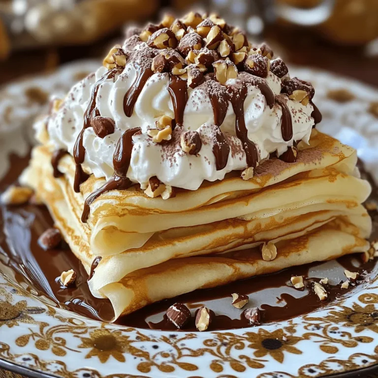 Here’s what you need to make a delicious Chocolate Hazelnut Crepe Cake: - 2 cups all-purpose flour - 4 large eggs - 3 cups milk - 1/2 teaspoon salt - 1 tablespoon vanilla extract - 2 tablespoons unsalted butter, melted - 1 cup chocolate hazelnut spread - 2 cups heavy whipping cream - 1/4 cup powdered sugar - 1 teaspoon vanilla extract for whipped cream - Crushed hazelnuts for garnish - Cocoa powder for dusting These ingredients come together to create layers of rich flavor and pleasing texture. The flour and eggs form the base of the crepes, while the chocolate hazelnut spread brings a sweet, nutty taste. The whipped cream adds lightness and balance. Crushed hazelnuts on top give a nice crunch, and cocoa powder adds a touch of elegance. When you gather these items, choose high-quality chocolate hazelnut spread for the best taste. You can use brands like Nutella or any artisanal version you love. The heavy cream should be fresh to ensure your whipped cream is fluffy and stable. Feel free to mix and match flavors if you want to personalize your cake! To make the crepe batter, start by mixing the following: - 2 cups all-purpose flour - 4 large eggs - 3 cups milk - 1/2 teaspoon salt - 1 tablespoon vanilla extract - 2 tablespoons unsalted butter, melted Whisk these ingredients in a large bowl until the batter is smooth. This step is key. A smooth batter means smooth crepes. After mixing, let the batter rest for about 30 minutes. This resting time helps improve the texture and makes the crepes softer. Next, heat a non-stick skillet or a crepe pan over medium heat. Once hot, pour a small ladle of batter into the skillet. Quickly swirl it around to create a thin layer. Cook for about 1-2 minutes, or until the edges start to lift and it turns lightly golden. Flip the crepe carefully and cook for an additional minute. Transfer the cooked crepe to a plate and repeat this step until you use all the batter. You should end up with about 12-15 crepes, perfect for stacking. Now, let’s assemble the cake. Start by placing one crepe on a serving plate. Spread a thin layer of chocolate hazelnut spread over the crepe. Next, add a layer of whipped cream made from: - 2 cups heavy whipping cream - 1/4 cup powdered sugar - 1 teaspoon vanilla extract To make the whipped cream, beat these ingredients until stiff peaks form. After spreading the whipped cream, place another crepe on top. Repeat the layering process until all crepes are stacked. For the final touch, spread any remaining whipped cream on the top crepe layer. Smooth it out nicely. Dust with cocoa powder and sprinkle crushed hazelnuts on top for a delightful crunch. Chill the crepe cake in the refrigerator for at least 1 hour before serving. This chilling allows the flavors to come together beautifully. To avoid tearing while cooking, make sure your pan is hot. Use a non-stick skillet to help the crepes slide out easily. Pour a small amount of batter and swirl it quickly to form a thin layer. Cook for about 1-2 minutes until golden brown. Then, flip it carefully with a spatula. The batter needs to rest for at least 30 minutes. This helps the flour hydrate and relaxes the gluten. A rested batter yields softer, more flexible crepes. You can boost the taste by adding different extracts. Try almond or orange extract for a twist. These can add depth to your crepes without overpowering the chocolate hazelnut spread. For toppings, consider fresh fruits like sliced strawberries or bananas. A drizzle of warm chocolate sauce will also add richness. You can sprinkle crushed hazelnuts on top for a delightful crunch. For a gourmet look, slice the cake carefully and place each piece on decorative plates. Top with a sprinkle of cocoa powder and some additional crushed hazelnuts. This makes each slice look special. Pair your crepe cake with coffee or a glass of milk. These drinks complement the sweet flavors and create a complete dessert experience. You can also serve it with a scoop of vanilla ice cream for an extra treat. {{image_2}} You can switch up flavors in your Chocolate Hazelnut Crepe Cake. Try using different nut spreads, like almond or peanut butter. These spreads give a fun twist. You can also add fruit flavors by using fillings like strawberry or raspberry jam. This adds a fresh taste that pairs well with chocolate. Want to make this cake gluten-free? Use alternative flours like almond or coconut flour. They work great as substitutes. For a vegan option, swap eggs with flaxseed meal and milk with almond or oat milk. This way, everyone can enjoy this tasty treat without missing out. Get creative with seasonal flavors! For fall, use pumpkin spice or apple cinnamon. In spring, try lemon zest or berry fillings. You can also customize your cake for special occasions. Decorate it with edible flowers for weddings or use holiday colors for festive events. These ideas make your crepe cake unique and fun! To store your chocolate hazelnut crepe cake, cover it tightly with plastic wrap. This keeps the cake fresh and moist. Place it in the refrigerator. Your cake will last up to four days in the fridge. Keep an eye on it, and enjoy it while it’s at its best! If you want to freeze your crepe cake, follow these steps: - Cool completely: Let the cake cool down to room temperature. - Wrap well: Slice the cake and wrap each piece in plastic wrap. - Use foil: After wrapping, cover it with aluminum foil. - Label: Write the date on the foil. This helps you keep track. Your crepes can stay fresh in the freezer for up to two months. When you’re ready to enjoy, thaw the cake in the fridge overnight. This keeps the texture soft and yummy. To refresh the cake before serving, remove it from the fridge. Let it sit for 15 minutes at room temperature. This step brings back some of the creaminess. You can also microwave a slice for about 10-15 seconds. Just be careful not to overheat! If you have leftovers, there are fun ways to use them. Chop the cake into small pieces and mix it into ice cream for a delicious treat. You can also make crepe cake parfaits with whipped cream and berries. Enjoy your creation in new ways! To make thin crepes, pour a small amount of batter into the pan. Swirl the pan quickly to spread the batter into a thin layer. Keep the heat at medium. This helps cook the crepes evenly without burning them. Yes, you can make the crepe batter ahead of time. Store it in the fridge for up to 24 hours. Just remember to whisk it again before cooking. This will help keep your crepes smooth and easy to pour. If you want to switch it up, use almond butter or peanut butter. You could also try a fruit spread for a fresh twist. These options still create a tasty layer in your crepe cake. After you assemble the crepe cake, chill it in the fridge for at least 1 hour. This allows the flavors to blend together nicely. The waiting time is worth it for a richer taste. Absolutely! Sliced bananas, strawberries, or raspberries work well. Just layer the fruit between the crepes and the spread. This adds a lovely touch and some freshness to the cake. For garnishing, spread whipped cream on top and dust with cocoa powder. Then, sprinkle crushed hazelnuts for crunch. A drizzle of chocolate sauce adds a beautiful finish, making it look extra special. This blog post shows you how to make a delicious crepe cake from scratch. We covered the ingredients, step-by-step instructions, and tips for perfecting your crepes. I shared variations to fit different diets and creative ways to store and serve your cake. In the end, have fun experimenting with flavors. Enjoy your tasty treat and impress your friends. A homemade crepe cake is always a hit!