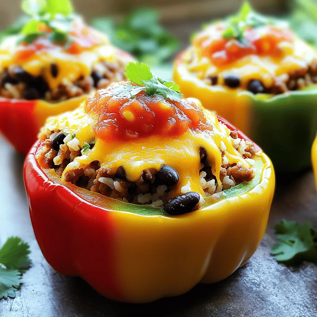 - 4 large bell peppers (any color) - 1 lb ground beef or turkey - 1 small onion, finely chopped - 2 cloves garlic, minced - 1 packet taco seasoning - 1 can (15 oz) black beans, drained and rinsed - 1 cup corn (fresh, frozen, or canned) - 1 cup cooked rice (white or brown) - 1 cup shredded cheddar cheese - 1 cup salsa - Fresh cilantro, chopped (for garnish) - Olive oil, salt, and pepper to taste When making cheesy taco stuffed peppers, you need fresh ingredients. Choose bell peppers that are firm and colorful. You can use red, yellow, or green peppers. They all taste great! For the meat, you can pick beef or turkey. Both work well and add flavor. I love using ground turkey for a lighter option. It still tastes amazing. Next, you need some veggies. Chopped onion and minced garlic add depth to the filling. The onion gives sweetness, while garlic adds a nice kick. Don’t forget the black beans and corn! They add texture and fiber. I always use canned beans for ease. Just rinse them before adding. Cooked rice is also essential. It helps bind the mixture and makes it filling. You can use white or brown rice based on your preference. Cheddar cheese is the star here! It melts beautifully and adds a creamy texture. Salsa brings in moisture and flavor, so use your favorite kind. Finally, fresh cilantro adds a pop of color and taste when you garnish. Olive oil, salt, and pepper help season everything just right. With these ingredients, you will create a delicious and hearty meal. Happy cooking! To prepare the bell peppers, start by cutting the tops off. Use a sharp knife to make a clean cut. Remove the seeds and membranes inside. This helps the peppers hold the filling better. Next, coat each pepper lightly with olive oil. This adds flavor and helps them roast nicely. Season them with salt and pepper to taste. Place them cut side up in a baking dish, ready for the filling! In a large skillet over medium heat, add a drizzle of olive oil. Once hot, add the chopped onion. Sauté it until soft, for about 3 to 4 minutes. Then, add the minced garlic and cook for one more minute. This makes your kitchen smell amazing! Next, add the ground beef or turkey to the skillet. Break it apart with a spoon and cook until browned, about 5 to 7 minutes. Sprinkle the taco seasoning over the meat. Then, stir in the black beans, corn, and cooked rice. Mix everything well. Add half of the shredded cheese and stir until combined. Now it’s time to fill the peppers! Spoon the meat mixture into each prepared bell pepper. Make sure to pack it tightly for the best flavor. Once filled, top each pepper with a generous spoonful of salsa. Finally, add the remaining shredded cheese on top. This will melt beautifully during baking. Cover the baking dish with aluminum foil. This helps the peppers cook evenly. Bake them in your preheated oven at 375°F (190°C) for 25 minutes. After that, remove the foil and bake for an additional 10 minutes. Check for doneness by poking a pepper with a fork. It should be tender. The cheese on top should be bubbly and golden. Once done, take them out and let them cool for a few minutes. Garnish with fresh cilantro before serving! To make cheesy taco stuffed peppers pop, add extra spices. Try a pinch of cumin or chili powder for warmth. Fresh herbs like cilantro or parsley can brighten the dish. You can also mix in fresh lime juice for a zesty kick. These small tweaks lift the flavors and make each bite more exciting. To avoid soggy peppers, pre-bake them for a few minutes before filling. This step helps them soften without losing their shape. Ensure even cooking by placing the peppers cut side up in the baking dish. Covering the dish with foil traps steam, cooking them well. Remove the foil later to allow the cheese to brown nicely. Pair your stuffed peppers with a simple side salad or fluffy rice. The freshness of the salad balances the rich flavors of the peppers. For presentation, place the peppers upright on a colorful plate. Garnish with chopped cilantro for a pop of green. This not only looks appealing but also adds a fresh taste. {{image_2}} You can make Cheesy Taco Stuffed Peppers meat-free. Use plant-based meat alternatives like lentils or quinoa. They add texture and protein. You can also use black beans as the main filling. This makes the dish hearty and healthy. Add extra veggies like zucchini or mushrooms for more flavor. Cheese makes these peppers extra tasty. For melting, cheddar is a classic choice. You can also try Monterey Jack or pepper jack for a kick. Cream cheese adds creaminess and richness. Mix different cheeses for a unique flavor. Love heat? Add jalapeños to your filling for a spicy kick. You can mix in spicy salsa for extra flavor. If you want more heat, use hot sauce in the mixture. Consider topping with spicy cheese for a fiery finish. Adjust the heat to suit your taste! You can store your cheesy taco stuffed peppers in the fridge. Place leftovers in an airtight container. They will stay fresh for up to three days. Make sure they cool down before sealing. This keeps the peppers from getting soggy. If you want to freeze stuffed peppers, wrap each one in plastic wrap. Then place them in a freezer bag or container. This helps prevent freezer burn. They can last for up to three months in the freezer. When you're ready, just thaw them in the fridge overnight. To reheat, you have two great options: the oven or microwave. For the oven, preheat it to 350°F (175°C). Place the peppers in a baking dish, and cover them with foil. Bake for about 20 minutes. For the microwave, put the peppers on a plate and heat for 2-3 minutes. Check to make sure they are hot all the way through. Enjoy your tasty meal again! You can prepare these peppers in advance. Follow the recipe up to the baking step. Once you fill the peppers, cover them with foil. Store them in the fridge for up to 24 hours. When ready, bake them straight from the fridge. Just add a few extra minutes to the cooking time. Yes, you can use different peppers. Try poblano, Anaheim, or even jalapeño peppers for a spicy kick. These alternatives will change the flavor but keep the dish fun and tasty. You can use quinoa or cauliflower rice. Both options work well and add unique flavors. You can also skip grains altogether for a low-carb version. Just make sure the filling stays moist. Check for tenderness. The peppers should be soft but still hold their shape. The cheese on top should be bubbly and slightly golden. You can insert a fork to test if the filling is hot. Absolutely! Use gluten-free taco seasoning. Most canned ingredients like beans and corn are gluten-free, too. Just check the labels to be sure. Enjoy the meal without worry. These peppers last about 3 to 4 days in the fridge. Store them in an airtight container. Reheat in the oven or microwave before serving for best taste. We covered everything you need for perfect stuffed peppers. We talked about the key ingredients, from ground meat to tasty seasonings. You learned how to prepare, cook, and bake them well. Plus, we explored fun variations and helpful tips to enhance your dish. Stuffed peppers can be your go-to meal for any occasion. With your new skills, I hope you’ll enjoy making them often. Trust me, they will impress your family and friends. Happy cooking!