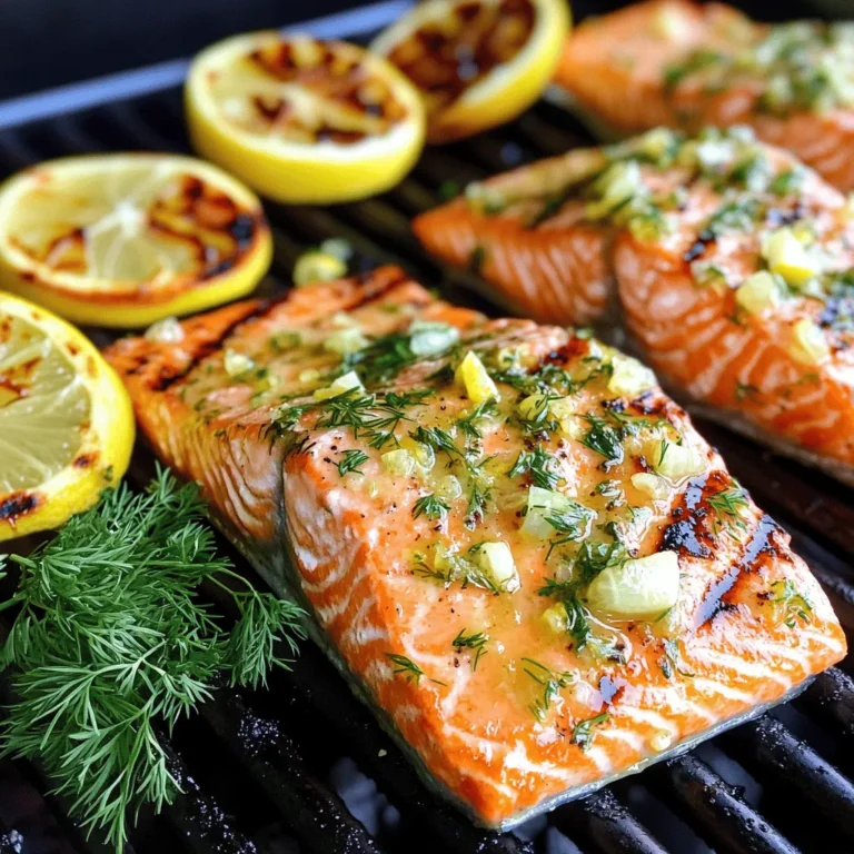 - 4 salmon fillets (about 6 ounces each) - 2 lemons (1 juiced and 1 sliced) - 3 tablespoons olive oil - 3 cloves garlic, minced - 1 tablespoon fresh parsley, chopped - 1 tablespoon fresh dill, chopped - 1 teaspoon salt - ½ teaspoon black pepper - 1 teaspoon smoked paprika Freshness is key for this dish. Salmon must be fresh to taste its best. Look for bright color and firm texture. Fresh herbs bring a burst of flavor. Use parsley and dill for a bright, herbal note. The marinade is where the magic happens. For flavor, we use lemon juice, olive oil, garlic, and spices. Each ingredient adds depth. The olive oil makes the salmon moist and rich. When choosing olive oil, pick extra virgin for the best taste. Always smell it first; it should smell fruity and fresh. Select fresh herbs that are vibrant and fragrant. They will elevate your dish significantly. To start, you need to make a tasty marinade. In a bowl, whisk together these ingredients: - Juice of 1 lemon - 3 tablespoons olive oil - 3 cloves garlic, minced - 1 tablespoon fresh parsley, chopped - 1 tablespoon fresh dill, chopped - 1 teaspoon salt - ½ teaspoon black pepper - 1 teaspoon smoked paprika Whisk until everything blends well. This step lets the flavors mix, making your salmon really tasty. Let it sit for a few minutes. This helps the herbs and spices release their flavor. Now, it’s time to marinate the salmon. Place the 4 salmon fillets in a resealable plastic bag or a shallow dish. Pour the marinade over the salmon. Make sure each piece is covered well. Seal the bag or cover the dish. Refrigerate the salmon for at least 30 minutes. You can leave it for up to 2 hours. The longer it sits, the more flavor it gets. Always keep it in the fridge to stay fresh and safe. Before grilling, preheat your grill to medium-high heat. This step is very important for even cooking. Once the grill is ready, take the salmon out of the marinade. Let any extra marinade drip off. Place the salmon fillets on the grill, skin-side down. Grill for about 5-6 minutes. Carefully flip the fillets using a spatula. Grill for another 4-5 minutes. The salmon is done when it flakes easily with a fork. In the last minute, place the lemon slices on the grill. This will caramelize them and add a sweet touch. Enjoy your delicious grilled salmon with the zesty lemon flavor! To check if your salmon is done, look for flakiness. Gently poke it with a fork. If it flakes easily, it's ready. The inside should be a light pink. Avoid overcooking by keeping a close watch. Salmon cooks fast, so use a timer. Aim for 4-5 minutes per side on medium-high heat. To boost flavor, add more herbs like thyme or basil to the marinade. You can also try spices like cumin or coriander for a twist. For sides, serve with rice or a fresh salad. Grilled veggies also pair well and add color to your plate. For a creative plate, stack the salmon on a bed of greens. Place grilled lemon slices on top for a pop of color. Fresh herbs like parsley or dill can brighten the dish. A sprinkle of smoked paprika adds flair, too. Remember, presentation makes a meal memorable! {{image_2}} If you want to try something different, you can bake or pan-sear your salmon. Baking Instructions: 1. Preheat your oven to 400°F (200°C). 2. Place the marinated salmon on a baking sheet lined with parchment paper. 3. Bake for about 12-15 minutes, or until the salmon is cooked through. Pan-Searing Instructions: 1. Heat a non-stick skillet over medium-high heat. 2. Add a bit of olive oil to the pan. 3. Place the salmon skin-side down and cook for about 5-7 minutes. 4. Flip the fillets and cook for another 4-5 minutes. Using these methods gives you a different taste and texture. Baking makes the fish tender and juicy. Pan-searing gives it a nice crisp outside. Both methods are easy and save time. You can change the marinade to suit your taste. Try using different herbs like thyme or tarragon. You can also swap lemon for lime or orange juice for a new zing. If you like spice, add a pinch of cayenne pepper or red pepper flakes. For a hint of sweetness, mix in a teaspoon of honey or maple syrup. These small changes can make each meal exciting and unique. Feel free to play with flavors, and find what you love! To keep leftover Lemon Herb Grilled Salmon fresh, store it in an airtight container. This helps seal in flavors and moisture. Place the container in the fridge right away. The salmon stays safe for up to three days. After that, it may lose quality. If you want to keep grilled salmon longer, freezing is a great option. First, let the salmon cool completely. Then, wrap each fillet tightly in plastic wrap. Next, place the wrapped salmon in a freezer bag. Try to remove as much air as you can. This helps prevent freezer burn. You can freeze it for up to three months. When you are ready to enjoy it, thaw the salmon slowly. The best method is to move it to the fridge overnight. This keeps the texture nice. You can also thaw it in cold water for faster results, just remember to cook it right away. I suggest marinating salmon for at least 30 minutes. This gives the flavors time to soak in. If you have more time, marinate for up to 2 hours. The longer it sits, the tastier it becomes. Just be careful not to go too long, or the fish can become mushy. This salmon goes well with many sides. Here are some great options: - Roasted vegetables, like asparagus or zucchini - A fresh garden salad - Quinoa or rice for a hearty touch - Garlic mashed potatoes for comfort These sides will enhance your meal and bring out the salmon's yummy flavors. Yes, you can use frozen salmon. Just remember to thaw it first. The best way to thaw is in the fridge overnight. If you’re short on time, you can also run it under cold water in its packaging. Once thawed, follow the same marinating and grilling steps. In this article, we explored how to make Lemon Herb Grilled Salmon, covering ingredients, marinating, grilling, and serving tips. We stressed the need for fresh ingredients and shared practical methods for the best flavor. Remember, marination time is crucial for taste, and proper cooking ensures great texture. Experimenting with different herbs and cooking methods can keep the dish exciting. Enjoy your delicious salmon, and feel free to share your creations!