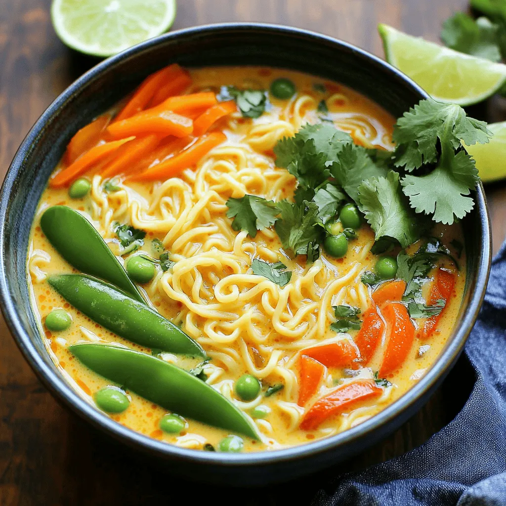 To make coconut curry ramen, gather these fresh and tasty ingredients: - 2 packs of ramen noodles - 1 can (14 oz) coconut milk - 2 cups vegetable broth - 1 tablespoon red curry paste - 1 tablespoon soy sauce - 1 tablespoon olive oil - 1 medium onion, thinly sliced - 2 cloves garlic, minced - 1 tablespoon ginger, grated - 1 bell pepper, sliced (any color) - 1 cup snap peas, trimmed - 1 carrot, sliced - 1 tablespoon lime juice - Fresh cilantro, for garnish - Salt and pepper, to taste - Lime wedges, for serving Each ingredient adds to the flavor and texture of the dish. Ramen noodles give it body. Coconut milk adds creaminess. Vegetable broth brings depth. The red curry paste gives spice and warmth. Fresh garlic and ginger provide a bright aroma. Bell peppers and snap peas add crunch. Carrots bring sweetness. Lime juice and fresh cilantro finish it off with zing. When you pick your ingredients, choose fresh ones. Quality matters. Fresh veggies make your dish vibrant and tasty. Enjoy the process of gathering your ingredients. This is the first step in making a delicious coconut curry ramen! 1. Heat olive oil in a large pot over medium heat. 2. Add the sliced onion and sauté. Cook until the onion is soft and translucent, about 3-4 minutes. 3. Stir in the minced garlic and grated ginger. Cook for one more minute until it smells good. 4. Add the red curry paste. Stir it in and let it cook for 1-2 minutes to make the flavors pop. 5. Pour in the coconut milk and vegetable broth. Mix well and let it simmer gently. 1. Add the sliced bell pepper, snap peas, and carrot to the pot. 2. Cook for about 5-7 minutes. You want the vegetables to be tender-crisp, not mushy. 1. In a separate pot, bring water to a boil. 2. Cook the ramen noodles according to the package instructions. Drain them and set aside. 3. Once the broth is simmering and the vegetables are ready, stir in the soy sauce and lime juice. 4. Taste and add salt and pepper as needed. 5. Divide the cooked ramen noodles into serving bowls. 6. Ladle the hot coconut curry broth over the noodles. 7. Garnish with fresh cilantro and serve with lime wedges for extra flavor. To make your coconut curry ramen taste great, start with salt and pepper. After cooking, taste your broth. If it lacks flavor, add a pinch of salt or a dash of pepper. This small change can make a big difference. Next, add lime juice. It brightens the dish. Squeeze fresh lime juice just before serving. The zing from the lime lifts all the flavors. It makes the dish feel fresh and lively. For a delightful crunch, keep your vegetables tender-crisp. Cook them until they are bright and slightly soft, about 5-7 minutes. You want them to hold their shape and color. This adds both taste and a nice look to your ramen. Now, focus on the noodles. Cook them just until they are al dente. This means they should be firm, not mushy. Drain them and add them to your broth right before serving. This way, they soak up all the yummy flavors without getting soggy. {{image_2}} You can easily add protein to your coconut curry ramen. Tofu and chicken are great options. - Tofu: Use firm tofu for the best texture. Cut it into cubes. Sauté it in olive oil until golden brown. Add it to your broth for a hearty dish. - Chicken: If you prefer chicken, use boneless, skinless pieces. Cut them into bite-sized chunks. Sauté them in the pot before adding the onions. Make sure they cook all the way through for safety. Adding protein gives the dish more flavor and makes it filling. You can mix and match to find what you like best. Making this ramen fit your diet is easy. You can make it gluten-free and vegan-friendly. - Gluten-Free: Use rice noodles or gluten-free ramen noodles instead. Just cook them according to the package. This way, you can enjoy the same rich flavors without the gluten. - Vegan-Friendly: To keep it vegan, stick with tofu as your protein. Ensure your soy sauce is vegan, too. This way, you get a tasty dish that fits your vegan diet. These adaptations let everyone enjoy coconut curry ramen. You can savor the warmth and taste no matter your dietary needs! After enjoying your coconut curry ramen, you may have some left. To store it, let it cool first. Then, put it in an airtight container. This keeps it fresh. You can refrigerate the ramen for up to three days. Keep the noodles separate from the broth. This way, the noodles stay firm and do not get soggy. When you're ready to enjoy your leftovers, reheating is easy. You can use a pot or microwave. If using a pot, pour the broth into it. Heat it on low until warm. Add the noodles last to keep them from overcooking. If using the microwave, place the ramen and broth in a safe dish. Warm it for one to two minutes, stirring halfway. Enjoy your tasty meal again! To make coconut curry ramen from scratch, follow these steps: 1. Heat olive oil in a big pot. 2. Add thinly sliced onion and cook until soft. 3. Stir in minced garlic and grated ginger. 4. Add red curry paste and cook for a minute. 5. Pour in a can of coconut milk and vegetable broth. 6. Let it simmer gently. 7. Mix in sliced bell pepper, snap peas, and carrot. 8. Cook until the veggies are tender. 9. Cook ramen noodles in a separate pot. 10. Drain noodles and add them to the broth. 11. Season with soy sauce and lime juice. 12. Serve hot, topped with fresh cilantro and lime wedges. This yummy dish is quick and easy. It takes about 25 minutes total! Yes, you can freeze coconut curry ramen. Just store the broth and noodles separately. This way, the noodles won’t get mushy. Use airtight containers to keep them fresh. The broth can last up to three months in the freezer. When you’re ready to eat, thaw in the fridge overnight. Reheat on the stove, adding fresh noodles if needed. If you don’t have red curry paste, try these substitutes: - Green curry paste: It has a different flavor but works well. - Thai chili paste: This is spicier but still tasty. - Homemade mix: Blend ginger, garlic, and chili flakes for a quick fix. These alternatives can add a unique twist to your dish! This blog post showed you how to make coconut curry ramen in easy steps. We covered ingredients, cooking methods, and tips for great flavor. You learned to adjust spices and keep veggies fresh. The options for protein and dietary needs make this dish versatile. Remember to store leftovers correctly for later meals. If you try this recipe, you’ll enjoy a tasty bowl that suits your taste. Cooking shouldn’t be hard; it should be fun and flavorful. Now, get in the kitchen and make your own bowl of happiness!