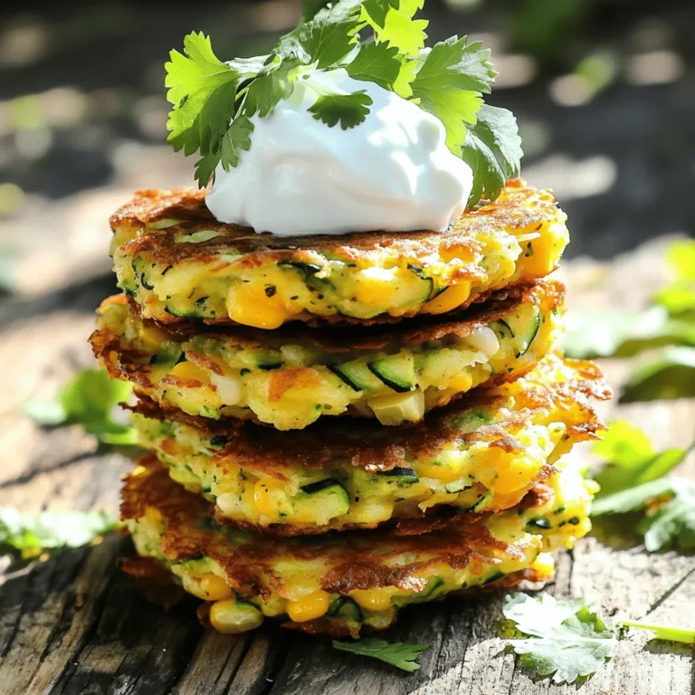 To make Zucchini Corn Fritter Stacks, you need the following key ingredients: - 2 medium zucchinis, grated - 1 cup corn kernels (fresh or frozen) - 1/2 cup all-purpose flour - 1/2 cup cornmeal - 2 large eggs - 1/4 cup green onions, finely chopped - 1 teaspoon garlic powder - 1 teaspoon paprika - Salt and pepper to taste - Olive oil (for frying) - 1/2 cup Greek yogurt (for serving) - Fresh cilantro or parsley (for garnish) These ingredients come together to create a tasty and healthy dish. The zucchini adds moisture, while corn gives a sweet crunch. The flour and cornmeal help bind the mixture and create a crispy texture. You can enhance your fritters by adding some optional ingredients. Consider these: - Chopped bell peppers for extra color - Shredded cheese for richness - Jalapeños for a spicy kick - Herbs like dill or basil for freshness These additions can really elevate the dish and make it your own. Feel free to experiment with different flavors based on your taste. Zucchini Corn Fritter Stacks are not only delicious but also nutritious. Here’s a rough breakdown for one serving: - Calories: 180 - Protein: 6g - Carbohydrates: 25g - Fat: 7g - Fiber: 3g These fritters provide a good source of vitamins from the zucchini and corn. The Greek yogurt adds protein and creaminess when served. Enjoy these stacks as a snack or a side dish, and feel good about what you're eating! First, I start with the zucchinis. Grate two medium zucchinis and place them in a clean kitchen towel. I squeeze out the extra moisture. This step is key to keep the fritters from being watery. Next, I grab a large mixing bowl. I combine the grated zucchini, one cup of corn kernels, half a cup of all-purpose flour, and half a cup of cornmeal. Then, I add two large eggs, a quarter cup of finely chopped green onions, one teaspoon of garlic powder, one teaspoon of paprika, and salt and pepper to taste. I mix everything together until well combined. Now, I heat a generous drizzle of olive oil in a large skillet over medium heat. When the oil is hot, I drop spoonfuls of the fritter mixture onto the skillet. I form small patties and flatten them slightly with the back of a spatula. I let them cook for about 3-4 minutes on each side. They should turn golden brown and crispy. If they start to burn, I adjust the heat lower. Once cooked, I transfer the fritters to a plate lined with paper towels to absorb any extra oil. To build the fritter stacks, I place one fritter on a plate. I add a dollop of Greek yogurt on top, then I place another fritter on top of that. I repeat this stacking process to create two or three layers. Finally, I garnish each stack with fresh cilantro or parsley. This step adds a burst of color and flavor to the dish. To get crispy fritters, start by squeezing out moisture from the zucchini. Use a clean kitchen towel for this. Less moisture means a crunchier texture. Also, make sure your oil is hot before adding the fritters. This quick cooking helps form a nice crust. One common mistake is not drying the zucchini properly. If you skip this step, your fritters may turn soggy. Another error is overcrowding the skillet. Fry only a few fritters at a time. This keeps the temperature steady and helps them cook evenly. I love stacking these fritters high! Place a fritter on a plate, then add Greek yogurt on top. You can add more fritters to build a fun tower. Garnish with fresh cilantro or parsley for color. Serve with a side salad for a complete meal. {{image_2}} You can change up the flavors easily. Try adding shredded carrots or bell peppers for a new twist. You can also swap the all-purpose flour with whole wheat flour for extra fiber. If you want a spicier kick, add chopped jalapeños. For a cheesy touch, mix in some shredded cheese like cheddar or feta. These changes can make your fritters unique and fun. While frying gives a crispy texture, you can bake these fritters for a healthier option. Preheat your oven to 400°F (200°C). Place the fritters on a baking sheet lined with parchment paper and spray them lightly with oil. Bake for about 20 minutes, flipping halfway through. You can also air-fry them for about 10-12 minutes for a quick, low-oil method. Both alternatives keep the fritters tasty and enjoyable. Zucchini corn fritter stacks shine with the right dips. Greek yogurt adds creaminess and pairs well with the flavors. You can mix in herbs like dill or a squeeze of lemon for more zest. Try serving them with salsa for a fresh, tangy contrast, or a spicy aioli for a bold kick. These dips not only enhance the taste but also make the dish more fun to eat! To keep your leftover fritters fresh, place them in an airtight container. Make sure they cool down before sealing the container. This keeps them from getting soggy. Store the container in the fridge. They stay good for up to three days. When you're ready to enjoy your fritters again, don't use the microwave. Instead, heat a skillet over medium heat. Add a little olive oil to the pan. Reheat the fritters for about two to three minutes on each side. This keeps them crispy and tasty. If you want to save some fritters for later, freezing is a great option. Let them cool completely first. Then, place them in a single layer on a baking sheet. Freeze until solid, about one hour. Afterward, transfer them to a freezer bag. They can last up to three months in the freezer. When you're ready to eat, just reheat them straight from the freezer. Yes, you can make Zucchini Corn Fritter Stacks ahead of time. Prepare the fritters and let them cool completely. Once cool, store them in an airtight container in the fridge. They stay fresh for up to three days. When you're ready to eat, just reheat them in a skillet or oven until warm. If you don't have cornmeal, you can use flour or breadcrumbs. Both options work well in the recipe. Flour gives a similar texture, while breadcrumbs can add a nice crunch. You can also try using crushed cornflakes for a fun twist. To keep your fritters crispy, start by squeezing out excess moisture from the grated zucchini. This step is key. Use a clean kitchen towel for this process. Also, avoid overmixing the batter. This can add more moisture. Finally, fry the fritters in hot oil and avoid overcrowding the pan. Cook them in batches for the best results. In this blog post, we explored the key ingredients for tasty zucchini corn fritters. You learned the steps to prep, cook, and assemble delicious fritter stacks. I shared tips to keep them crispy and avoid mistakes. We also discussed fun variations and how to store leftovers. Try these fritters at home. Experiment with different flavors and cooking methods. Enjoy your cooking and have fun with this recipe!