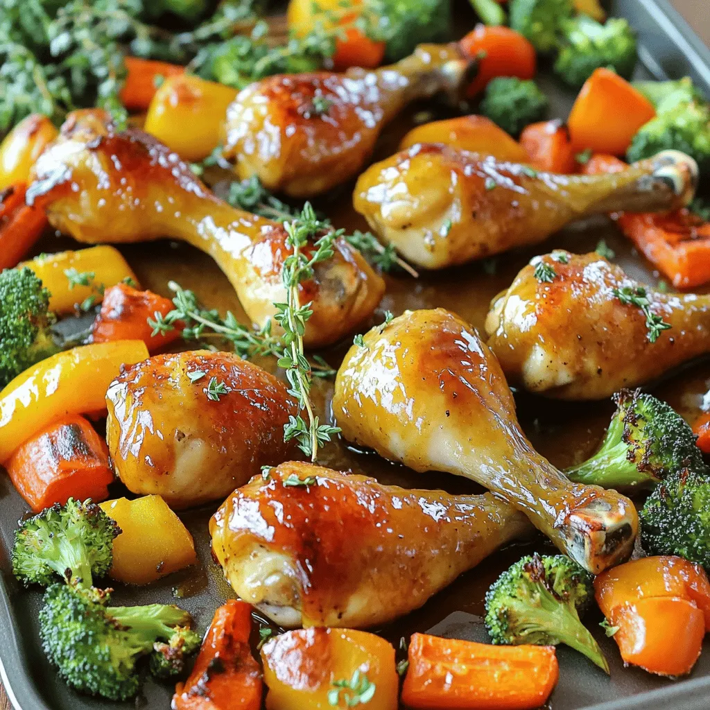 - 8 chicken drumsticks - 1/4 cup Dijon mustard - 1/4 cup pure maple syrup - 2 tablespoons olive oil - 1 tablespoon apple cider vinegar - 3 cloves garlic, minced - 1 teaspoon smoked paprika - 1/2 teaspoon salt - 1/2 teaspoon black pepper - Fresh thyme sprigs for garnish (optional) This recipe starts with some juicy chicken drumsticks. They get their zing from Dijon mustard, which adds a spicy touch. The pure maple syrup brings sweetness, balancing the flavor. You also need some olive oil for richness and apple cider vinegar for a little tang. Minced garlic gives a nice aroma and taste to the dish. For seasoning, smoked paprika adds a warm color and flavor. Salt and black pepper are essential to enhance all the tastes. Finally, fresh thyme sprigs not only look pretty but also add a fresh, herbal note. Gather all these ingredients, and you’re ready to make a delicious meal! Set your oven to 425°F (220°C). This high heat helps to crisp the skin and cook the chicken properly. In a bowl, whisk together the following: - 1/4 cup Dijon mustard - 1/4 cup pure maple syrup - 2 tablespoons olive oil - 1 tablespoon apple cider vinegar - 3 cloves garlic, minced - 1 teaspoon smoked paprika - 1/2 teaspoon salt - 1/2 teaspoon black pepper Make sure the mixture is smooth and well combined. This marinade gives the chicken a sweet and tangy flavor. Take 8 chicken drumsticks and place them in a large resealable plastic bag or bowl. Pour the marinade over the chicken. Seal the bag or cover the bowl tightly. Shake or mix until the chicken is evenly coated. Marinate in the fridge for at least 30 minutes, or up to 2 hours for more flavor. While the chicken marinates, chop 2 cups of mixed vegetables like carrots, bell peppers, and broccoli. Cut them into bite-sized pieces. This way, they cook evenly and mix well with the chicken. Line a baking sheet with parchment paper or foil for easy cleanup. Place the marinated drumsticks on one side of the pan. On the other side, arrange the mixed vegetables. Drizzle a bit of olive oil over the veggies, then season with salt and pepper for extra flavor. Put the sheet pan in your preheated oven. Bake for 35-40 minutes. Check that the chicken is cooked through and has an internal temperature of 165°F (75°C). The vegetables should be tender and slightly caramelized. For an extra glaze, use the leftover marinade to baste the chicken during the last 10 minutes of cooking. This adds more flavor and makes the chicken shiny and delicious. For the best flavor, let your chicken marinate. I recommend marinating for at least 30 minutes. If you have more time, try to marinate for up to 2 hours. This gives the chicken a deeper flavor from the Dijon and maple syrup. Remember to keep it in the fridge while it marinates. This keeps the chicken fresh and safe to eat. To get crispy skin, start with a hot oven. Set your oven to 425°F (220°C). Make sure to place the drumsticks on one side of the pan. This helps them cook evenly. Avoid overcrowding the pan. If the pieces are too close, they won’t crisp up. If you want extra glaze, baste the chicken during the last 10 minutes of baking. This adds flavor and shine. When roasting with chicken, choose vegetables that cook well together. I like using carrots, bell peppers, and broccoli. They add color and flavor. Chop them into bite-sized pieces for even cooking. Drizzle some olive oil and sprinkle salt and pepper over them before baking. You can also consider adding zucchini or sweet potatoes for variety. {{image_2}} You can change the taste of your dish by trying different mustards or sweeteners. For a tangy kick, use spicy brown mustard instead of Dijon. Honey works well if you want a sweeter glaze. You can even experiment with whole grain mustard for a unique texture. Each option gives the chicken its own special flair. If you want to switch things up, use other cuts of chicken. Chicken thighs add more moisture and flavor. You can also try chicken breasts if you prefer a leaner option. For a twist, use turkey drumsticks or even pork tenderloin. Adjust the cooking time based on the thickness of the meat to ensure proper cooking. Feel free to swap the mixed vegetables with your favorites. Zucchini, asparagus, or sweet potatoes bring different textures and tastes. You can also add seasonal veggies like Brussels sprouts in fall or green beans in summer. Just remember to cut them into bite-sized pieces for even cooking. To keep your leftover chicken drumsticks fresh, start by letting them cool. Place them in an airtight container. Make sure to store them in the fridge within two hours after cooking. This helps prevent bacteria. They will stay good for up to four days. You can also put the mixed vegetables in a separate container. When you want to reheat the drumsticks, set your oven to 350°F (175°C). Place the drumsticks on a baking sheet. Heat them for about 15 to 20 minutes. This method keeps the chicken juicy and crispy. If you want extra flavor, brush on some more glaze before reheating. If you want to freeze drumsticks, wrap them tightly in plastic wrap. Then, place them in a freezer-safe bag. Make sure to press out as much air as possible. They can stay frozen for up to three months. When you are ready to eat, thaw them overnight in the fridge. Reheat them in the oven as mentioned above. This method keeps the taste and texture intact. For the best taste, I recommend marinating chicken drumsticks for at least 30 minutes. This allows the flavors to soak in well. If you have more time, marinate them for up to 2 hours. Doing this helps make the chicken juicy and packed with flavor. Maple Dijon chicken pairs well with many sides. Here are my favorites: - Roasted mixed vegetables, like carrots, bell peppers, and broccoli - A simple green salad with a light vinaigrette - Creamy mashed potatoes for a comforting touch - Quinoa or rice for a healthy grain option These sides balance the sweet and tangy flavors of the chicken. Yes, you can use chicken thighs instead of drumsticks. They have more fat, which keeps them moist. Just adjust the cooking time slightly. Chicken thighs may take a bit longer to cook through. Aim for an internal temperature of 165°F (75°C) to ensure they are safe to eat. This blog post covered a tasty recipe for Maple Dijon chicken drumsticks. We explored the main and additional ingredients, plus seasonings that enhance flavor. You learned how to prepare, marinate, and roast chicken evenly. We also shared tips for crispy skin and suggested vegetable pairings. Variations on flavors and proteins added fun twists. Finally, we discussed best storage and reheating methods. Enjoying this dish can be simple and satisfying. With these steps, you're ready to impress at your next meal. Cook, share, and enjoy!