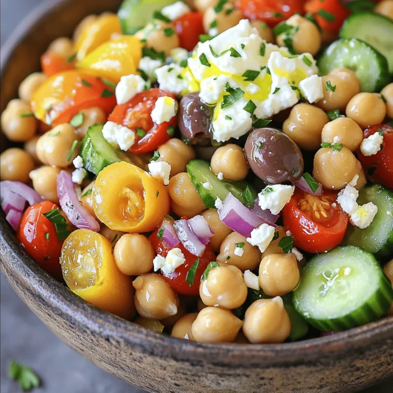 For the best Mediterranean Chickpea Salad, gather these ingredients: - 2 cans (15 oz each) chickpeas, drained and rinsed - 1 cup cherry tomatoes, halved - 1 cucumber, diced - 1/2 red onion, finely chopped - 1/2 bell pepper (red or yellow), diced - 1/4 cup kalamata olives, pitted and sliced - 1/4 cup feta cheese, crumbled - 2 tablespoons fresh parsley, chopped - 3 tablespoons olive oil - 2 tablespoons lemon juice - 1 teaspoon dried oregano - Salt and pepper to taste When making this salad, fresh ingredients make a big difference. Use ripe cherry tomatoes for sweetness. Choose a firm cucumber for crunch. A fresh bell pepper adds a nice color. Always pick the best parsley for a bright flavor. If you can, get high-quality feta cheese. It adds a creamy touch that you won’t want to miss. You can personalize your salad with a few extra ingredients. Consider adding avocado for creaminess. You might like some diced carrots for added sweetness. If you enjoy a spicy kick, try adding sliced jalapeños. For a nutty touch, toss in some toasted pine nuts. Feel free to mix and match based on what you love! First, grab a large mixing bowl. In it, mix the following ingredients: - 2 cans (15 oz each) chickpeas, drained and rinsed - 1 cup cherry tomatoes, halved - 1 cucumber, diced - 1/2 red onion, finely chopped - 1/2 bell pepper (red or yellow), diced - 1/4 cup kalamata olives, pitted and sliced Toss these ingredients gently. This salad base is colorful and fresh. It makes a great start to your meal. In a small bowl, whisk together: - 3 tablespoons olive oil - 2 tablespoons lemon juice - 1 teaspoon dried oregano - Salt and pepper to taste Mix well until all ingredients blend together. This dressing adds flavor and brightness to the salad. Now, pour the dressing over the salad base. Toss gently to coat everything. Be careful not to mash the ingredients. Afterward, add: - 1/4 cup feta cheese, crumbled - 2 tablespoons fresh parsley, chopped Fold these in softly. Let the salad sit for at least 15 minutes. This waiting time helps the flavors blend. Serve it in a big bowl or on individual plates. Enjoy the vibrant taste and colors! To get the best flavor in your Mediterranean chickpea salad, use fresh ingredients. Fresh herbs, like parsley, make a big difference. Try to choose ripe cherry tomatoes for sweetness. The olive oil you use matters too. Opt for extra virgin olive oil; it gives a richer taste. Don't skip the lemon juice; it adds brightness. Mixing in dried oregano adds depth, too. Freshness is key to a great salad. After you rinse the chickpeas, let them drain well. This keeps the salad from getting soggy. Cut your vegetables just before serving. This keeps them crisp and colorful. If you can, let the salad rest for 15 minutes. This time lets the flavors blend while still keeping the veggies fresh. Presentation can make your salad more inviting. Serve it in a big bowl or on individual plates. Add a sprinkle of feta on top for a nice touch. A few extra parsley leaves can brighten it up, too. For a zesty kick, place lemon wedges on the side. This makes it look great and adds fun for your guests! {{image_2}} You can boost the protein in your Mediterranean chickpea salad. Try adding grilled chicken, shrimp, or tuna. These options pair well with the salad's fresh flavors. If you want a plant-based choice, consider adding tempeh or quinoa. These ingredients help make the meal more filling and satisfying. This salad is already vegetarian, but you can easily make it vegan. Simply leave out the feta cheese or replace it with a plant-based feta. You can also use avocado for creaminess. This keeps the salad fresh and delicious while meeting your dietary needs. Feel free to swap out ingredients to match your taste. If you don't like olives, try capers for a briny kick. You can switch the cherry tomatoes for sun-dried tomatoes for a more intense flavor. Do you prefer a crunchier salad? Use radishes or jicama instead of cucumbers. The goal is to make a salad you love! Store your Mediterranean chickpea salad in an airtight container. This keeps the flavors fresh and prevents spills. If you want, separate the dressing from the salad. This helps the veggies stay crisp. You do not need to reheat this salad. It tastes great cold, straight from the fridge. If you prefer warm food, gently heat it on the stove. Use low heat and add a splash of olive oil. This salad lasts about 3 to 5 days in the fridge. Check for signs of spoilage before eating. If you see mold or if it smells bad, discard it. Freshness is key for flavor and safety. You can keep Mediterranean Chickpea Salad in the fridge for about three days. Make sure to store it in an airtight container. The flavors will blend and taste even better the next day. If you see any signs of spoilage, like strange smells or colors, it is best to throw it away. Yes, you can use dried chickpeas. Just soak them overnight and cook them until tender. This takes longer but gives you great flavor. Remember to rinse and drain them before adding to the salad. You can add many veggies to boost the taste. Here are some great options: - Bell peppers in different colors for sweetness - Spinach or arugula for a leafy base - Carrots for crunch and color - Radishes for a spicy kick - Avocado for creaminess Feel free to mix and match based on your taste! To wrap up, we explored the essential ingredients for your Mediterranean chickpea salad. We discussed how to prepare the salad base, make a tasty dressing, and combine everything. I shared tips for flavor, freshness, and serving. You also learned about protein options, variations, and storage tips. Enjoy experimenting with this salad. The possibilities are endless. This dish is easy to make and caters to many tastes.