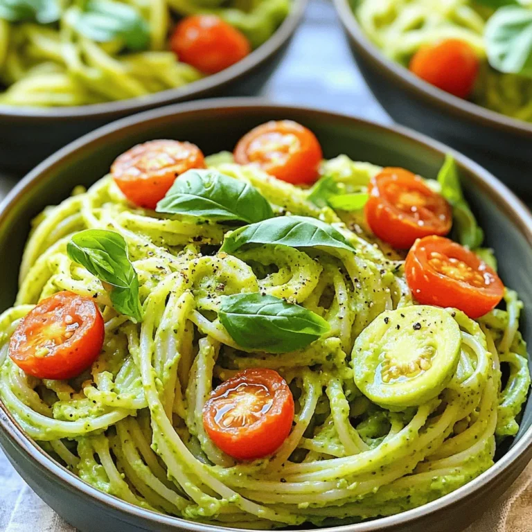 - 2 ripe avocados - 2 cloves garlic, minced - 1 tablespoon lemon juice - 1/4 cup fresh basil leaves - 1/4 cup grated Parmesan cheese or nutritional yeast These main ingredients make the creamy avocado sauce rich and flavorful. Ripe avocados give the sauce its smooth texture. Garlic adds a nice kick, and lemon juice brightens the taste. Fresh basil brings a hint of herbal goodness. Finally, Parmesan cheese or nutritional yeast contributes a savory note. - 8 oz spaghetti or your choice of pasta - 1/4 cup olive oil - Cherry tomatoes, halved (for garnishing) - Salt and pepper to taste For the pasta, you can use spaghetti or any other type you like. Olive oil is essential for adding richness. Cherry tomatoes not only look nice, but they also bring a sweet burst of flavor. Season with salt and pepper to make everything pop. These ingredients come together to create a dish that is both simple and delicious. Start by boiling water in a large pot. Add a good amount of salt. This helps flavor the pasta. Once the water is boiling, add your choice of pasta. I like spaghetti, but any pasta works. Cook it until it's al dente. This usually takes about 8 to 10 minutes, but check the package for exact timing. When the pasta is done, save about half a cup of the pasta water. This water helps make your sauce creamy later. Drain the pasta and set it aside. For the sauce, gather your ingredients: two ripe avocados, two cloves of minced garlic, one tablespoon of lemon juice, a quarter cup of fresh basil leaves, and a quarter cup of grated Parmesan cheese. You can use nutritional yeast if you want a vegan option. Place all the ingredients in a blender or food processor. Blend until smooth and creamy. If the sauce is too thick, add a little of the reserved pasta water. This will help you reach a nice, creamy consistency. In a large bowl, mix the drained hot pasta with the avocado sauce. Toss gently to coat all the pasta evenly. Drizzle in some olive oil for extra flavor. If the sauce is still thick, add a bit more pasta water. Don’t forget to taste! Adjust the seasoning with more salt, pepper, or lemon juice if you like. Now your creamy avocado pasta is ready to serve! When picking avocados, look for a few signs of ripeness. Gently squeeze the avocado; it should yield slightly but not feel mushy. Check for dark green or black skin. A ripe avocado gives a little when pressed. Avoid any with large dents or dark spots. For a creamy texture, Hass avocados work best. They blend smoothly and taste delightful. Creamy avocado pasta pairs well with many sides. Consider a fresh green salad for crunch. Garlic bread adds a lovely touch. For protein, grilled chicken or shrimp can enhance the meal. These options complement the creamy pasta without overpowering it. You can prep this dish in advance. Cook the pasta and make the sauce separately. Store each in airtight containers. When ready to serve, mix them together. You can serve the pasta cold for a refreshing option or warm it gently. Just be careful not to cook the sauce again; it should stay creamy! {{image_2}} For a vegan version of creamy avocado pasta, you can swap the Parmesan cheese with nutritional yeast. Nutritional yeast adds a cheesy flavor without any dairy. It’s also rich in vitamins, making it a great choice for plant-based diets. You can boost the flavor of your creamy avocado pasta in fun ways. Try adding spices like red pepper flakes for heat or a pinch of nutmeg for warmth. Fresh herbs like thyme or oregano can also elevate the taste. Want more color and nutrition? Incorporate veggies like spinach or peas. They mix well with the avocado sauce and add healthy goodness. If you're looking for different pasta options, consider gluten-free pasta. It works great with the creamy sauce and is easy to find. Another option is whole wheat pasta. It offers more fiber and a nuttier taste compared to regular pasta. Both choices let you enjoy this dish without losing flavor. - Use an airtight container to keep the pasta fresh. - Store leftovers in the fridge for up to two days. - To prevent browning, press plastic wrap against the sauce. - Add a splash of lemon juice to help maintain color. - To freeze, place the pasta in a freezer-safe container. - Leave some space at the top for expansion. - For reheating, thaw overnight in the fridge. - Reheat in a pan, adding a bit of olive oil and pasta water. - Avoid microwave reheating to keep texture smooth. You can try vegan cheese options like cashew cheese or almond cheese. They can give a nice flavor. Nutritional yeast is a great choice too. It adds a cheesy taste and is full of vitamins. Just sprinkle some into your sauce. It makes your creamy avocado pasta even better! Yes! You can use gluten-free pasta. Brands like rice pasta or lentil pasta work well. They taste good and hold the sauce nicely. Just cook them according to the package. This way, everyone can enjoy this dish! Creamy avocado pasta lasts about 2 days in the fridge. Make sure to store it in an airtight container. To keep it fresh, avoid adding tomatoes until you're ready to eat. If it looks brown, just stir it well. It will still taste yummy! This blog post guided you through making creamy avocado pasta. We covered the main ingredients, step-by-step cooking, and helpful tips. Selecting ripe avocados and adding your favorite spices can boost flavor. You can also make this dish vegan or gluten-free easily. Remember, leftovers can be stored or frozen to enjoy later. Embrace your creativity in the kitchen, and have fun with this recipe! Simple cooking can lead to delicious meals you'll love to share.