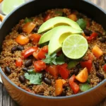 - 1 cup quinoa, rinsed - 2 cups vegetable broth - 1 can (15 oz) black beans, drained and rinsed - 1 can (15 oz) diced tomatoes with green chilies Quinoa is the star of this dish. It adds a nutty flavor and a great texture. Black beans are packed with protein and fiber. They bring richness and heartiness to our meal. The diced tomatoes with green chilies add a mild kick and enhance the overall taste. - 1 red bell pepper, diced - 1 small onion, chopped - 2 cloves garlic, minced Red bell pepper adds sweetness and color. It makes the dish pop visually and tastefully. Onions create a savory base. They form the heart of many great meals. Garlic brings depth and aroma. It has a way of making everything better. - 1 teaspoon cumin - 1 teaspoon chili powder - 1 teaspoon paprika - Salt and pepper to taste Cumin gives a warm, earthy note. It is essential in many cuisines. Chili powder adds heat and flavor. It can be adjusted based on your spice level. Paprika brings a hint of smokiness. Salt and pepper are crucial for balancing flavors. - Fresh cilantro, for garnish - Avocado slices, for topping Fresh cilantro adds brightness. It enhances flavor and looks great on top. Avocado slices are creamy and rich. They add a luxurious touch and complement the dish well. - Start by heating a drizzle of olive oil in a large pot over medium heat. - Add the chopped onion and diced red bell pepper. Sauté them for about five minutes. You want the onion to turn translucent. - Next, add the minced garlic, cumin, chili powder, and paprika. Cook for another one to two minutes. This step makes the spices fragrant and brings out their flavors. - After sautéing, stir in the rinsed quinoa, black beans, and diced tomatoes. Make sure to include all the juices from the tomatoes. - Then, pour in the vegetable broth and bring the mixture to a boil. This is essential for cooking the quinoa properly. - Once boiling, lower the heat to a simmer and cover the pot. Let it cook for about 15 to 20 minutes. The quinoa should absorb most of the broth and be tender. - After that, stir in the corn and lime juice. Season with salt and pepper to taste. Let it sit covered for an additional five minutes. - Finally, fluff the quinoa with a fork before serving. This makes it light and fluffy. - For garnishing, you can add fresh cilantro and avocado slices if you want an extra touch. These add freshness and flavor to the dish. - Best practices for rinsing quinoa: Rinse quinoa under cold water in a fine mesh strainer. This step removes the bitter coating called saponin. Make sure to rub the grains gently with your fingers while rinsing. It helps to achieve a nutty flavor in the final dish. - Adjusting seasoning to taste: Start with the recommended spices like cumin, chili powder, and paprika. Taste the dish before serving. You can add more salt or spices to match your flavor preference. Don’t be afraid to experiment! - Using canned beans and vegetables: Canned beans save time. Just drain and rinse them before adding. Diced tomatoes with green chilies are also quick and add great flavor. This cuts down your prep time significantly. - Prepping ingredients ahead of time: Chop the onion and red bell pepper the night before. Store them in the fridge. This way, you can quickly start cooking without delay. Preparing garlic and measuring spices ahead helps too! - Pairing with fresh salads or proteins: Serve the quinoa with a side salad or grilled chicken. The fresh flavors of the salad brighten the meal. You could also use it as a filling in wraps with your favorite protein. - Serving in bowls or as a wrap filling: This dish works great in bowls. Top it with fresh cilantro and avocado slices. Alternatively, use it as a filling in tortillas for a fun twist. A squeeze of lime adds the perfect touch! {{image_2}} You can switch out beans for variety. Pinto or kidney beans work well. They add a different flavor and texture. If you want a richer taste, try chicken broth instead of vegetable broth. This change gives the dish a heartier base. Feel free to toss in other vegetables. Zucchini or corn can add color and crunch. You might also want to add protein. Shredded chicken or tofu can make this dish more filling. These add-ins keep the meal exciting and customizable. To kick up the heat, add hot sauce or diced jalapeños. These ingredients bring a spicy kick that many enjoy. You can also play with fresh herbs. Chopped cilantro or parsley can brighten the flavors. Don’t be afraid to experiment; your taste buds will thank you! To store your leftovers, let the dish cool first. Then, place it in an airtight container. Make sure to seal it well to keep the flavors fresh. Glass containers work great, as they do not stain or hold odors. You can also use plastic containers if you prefer. Store it in the fridge for up to four days. If you want to freeze One Pot Fiesta Black Bean Quinoa, portion it into smaller containers. This makes it easy to thaw just what you need. For best results, use freezer-safe bags or containers. Press out any excess air to prevent freezer burn. When you're ready to eat, thaw it overnight in the fridge. Reheat in a pot over low heat, adding a splash of water or broth to moisten it. In the fridge, your One Pot Fiesta Black Bean Quinoa will last about four days. After that, it may lose flavor and texture. Signs of spoilage include an off smell, mold, or a change in color. If you see any of these signs, it's best to toss it. Always trust your senses when it comes to food safety. It takes about 35 minutes to make this dish. You need 10 minutes for prep and 25 minutes for cooking. This quick time allows you to create a tasty meal without a long wait. Yes, this recipe is vegan. It uses vegetable broth and plant-based ingredients. You can enjoy this dish without any animal products. You can serve this dish with a fresh salad or tortilla chips. Pair it with guacamole or salsa for extra flavor. It works well as a side for grilled veggies or tacos too. You will know the quinoa is ready when it is fluffy and the grains have a tiny tail. This means the quinoa has absorbed most of the broth. If it looks wet, let it cook a little longer. This blog post covered everything you need for a tasty One Pot Fiesta Black Bean Quinoa. We explored key ingredients, such as quinoa and black beans, and the right spices to use. You learned step-by-step instructions for cooking and tips for storing leftovers. Now you can customize this dish with various add-ins and pairings. Invest time in this recipe for a healthy meal. Enjoy the vibrant flavors and nutritious benefits it offers.