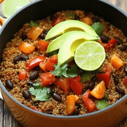 - 1 cup quinoa, rinsed - 2 cups vegetable broth - 1 can (15 oz) black beans, drained and rinsed - 1 can (15 oz) diced tomatoes with green chilies Quinoa is the star of this dish. It adds a nutty flavor and a great texture. Black beans are packed with protein and fiber. They bring richness and heartiness to our meal. The diced tomatoes with green chilies add a mild kick and enhance the overall taste. - 1 red bell pepper, diced - 1 small onion, chopped - 2 cloves garlic, minced Red bell pepper adds sweetness and color. It makes the dish pop visually and tastefully. Onions create a savory base. They form the heart of many great meals. Garlic brings depth and aroma. It has a way of making everything better. - 1 teaspoon cumin - 1 teaspoon chili powder - 1 teaspoon paprika - Salt and pepper to taste Cumin gives a warm, earthy note. It is essential in many cuisines. Chili powder adds heat and flavor. It can be adjusted based on your spice level. Paprika brings a hint of smokiness. Salt and pepper are crucial for balancing flavors. - Fresh cilantro, for garnish - Avocado slices, for topping Fresh cilantro adds brightness. It enhances flavor and looks great on top. Avocado slices are creamy and rich. They add a luxurious touch and complement the dish well. - Start by heating a drizzle of olive oil in a large pot over medium heat. - Add the chopped onion and diced red bell pepper. Sauté them for about five minutes. You want the onion to turn translucent. - Next, add the minced garlic, cumin, chili powder, and paprika. Cook for another one to two minutes. This step makes the spices fragrant and brings out their flavors. - After sautéing, stir in the rinsed quinoa, black beans, and diced tomatoes. Make sure to include all the juices from the tomatoes. - Then, pour in the vegetable broth and bring the mixture to a boil. This is essential for cooking the quinoa properly. - Once boiling, lower the heat to a simmer and cover the pot. Let it cook for about 15 to 20 minutes. The quinoa should absorb most of the broth and be tender. - After that, stir in the corn and lime juice. Season with salt and pepper to taste. Let it sit covered for an additional five minutes. - Finally, fluff the quinoa with a fork before serving. This makes it light and fluffy. - For garnishing, you can add fresh cilantro and avocado slices if you want an extra touch. These add freshness and flavor to the dish. - Best practices for rinsing quinoa: Rinse quinoa under cold water in a fine mesh strainer. This step removes the bitter coating called saponin. Make sure to rub the grains gently with your fingers while rinsing. It helps to achieve a nutty flavor in the final dish. - Adjusting seasoning to taste: Start with the recommended spices like cumin, chili powder, and paprika. Taste the dish before serving. You can add more salt or spices to match your flavor preference. Don’t be afraid to experiment! - Using canned beans and vegetables: Canned beans save time. Just drain and rinse them before adding. Diced tomatoes with green chilies are also quick and add great flavor. This cuts down your prep time significantly. - Prepping ingredients ahead of time: Chop the onion and red bell pepper the night before. Store them in the fridge. This way, you can quickly start cooking without delay. Preparing garlic and measuring spices ahead helps too! - Pairing with fresh salads or proteins: Serve the quinoa with a side salad or grilled chicken. The fresh flavors of the salad brighten the meal. You could also use it as a filling in wraps with your favorite protein. - Serving in bowls or as a wrap filling: This dish works great in bowls. Top it with fresh cilantro and avocado slices. Alternatively, use it as a filling in tortillas for a fun twist. A squeeze of lime adds the perfect touch! {{image_2}} You can switch out beans for variety. Pinto or kidney beans work well. They add a different flavor and texture. If you want a richer taste, try chicken broth instead of vegetable broth. This change gives the dish a heartier base. Feel free to toss in other vegetables. Zucchini or corn can add color and crunch. You might also want to add protein. Shredded chicken or tofu can make this dish more filling. These add-ins keep the meal exciting and customizable. To kick up the heat, add hot sauce or diced jalapeños. These ingredients bring a spicy kick that many enjoy. You can also play with fresh herbs. Chopped cilantro or parsley can brighten the flavors. Don’t be afraid to experiment; your taste buds will thank you! To store your leftovers, let the dish cool first. Then, place it in an airtight container. Make sure to seal it well to keep the flavors fresh. Glass containers work great, as they do not stain or hold odors. You can also use plastic containers if you prefer. Store it in the fridge for up to four days. If you want to freeze One Pot Fiesta Black Bean Quinoa, portion it into smaller containers. This makes it easy to thaw just what you need. For best results, use freezer-safe bags or containers. Press out any excess air to prevent freezer burn. When you're ready to eat, thaw it overnight in the fridge. Reheat in a pot over low heat, adding a splash of water or broth to moisten it. In the fridge, your One Pot Fiesta Black Bean Quinoa will last about four days. After that, it may lose flavor and texture. Signs of spoilage include an off smell, mold, or a change in color. If you see any of these signs, it's best to toss it. Always trust your senses when it comes to food safety. It takes about 35 minutes to make this dish. You need 10 minutes for prep and 25 minutes for cooking. This quick time allows you to create a tasty meal without a long wait. Yes, this recipe is vegan. It uses vegetable broth and plant-based ingredients. You can enjoy this dish without any animal products. You can serve this dish with a fresh salad or tortilla chips. Pair it with guacamole or salsa for extra flavor. It works well as a side for grilled veggies or tacos too. You will know the quinoa is ready when it is fluffy and the grains have a tiny tail. This means the quinoa has absorbed most of the broth. If it looks wet, let it cook a little longer. This blog post covered everything you need for a tasty One Pot Fiesta Black Bean Quinoa. We explored key ingredients, such as quinoa and black beans, and the right spices to use. You learned step-by-step instructions for cooking and tips for storing leftovers. Now you can customize this dish with various add-ins and pairings. Invest time in this recipe for a healthy meal. Enjoy the vibrant flavors and nutritious benefits it offers.