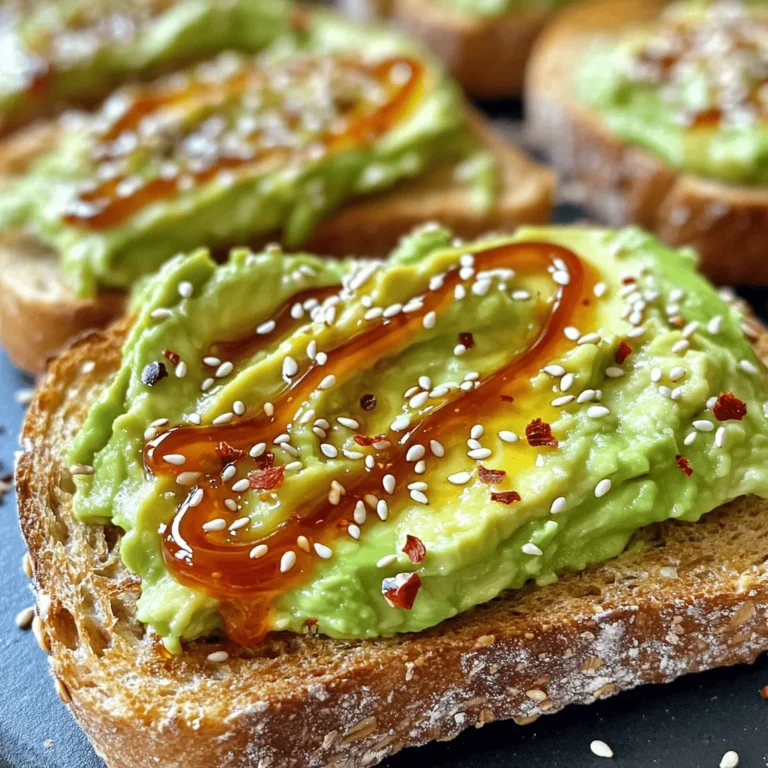 - 2 ripe avocados - 4 slices of whole-grain bread - 1 tablespoon Sriracha sauce - 2 tablespoons honey - 1 tablespoon lime juice - Salt and pepper to taste - Optional toppings: sesame seeds, red pepper flakes, or microgreens To create Sriracha honey drizzled avocado toast, you need fresh ingredients. Start with ripe avocados. They should feel slightly soft when you press them gently. Whole-grain bread adds a nice crunch and flavor. Sriracha sauce gives a spicy kick. Honey balances that heat with sweetness. Lime juice brightens the avocado. Don't forget salt and pepper for taste. Optional toppings like sesame seeds or microgreens can enhance the dish. They add texture and visual appeal. Gather all these ingredients before you start cooking. It makes the process smooth and fun. You’ll enjoy the mix of flavors in every bite! To make the best Sriracha honey drizzled avocado toast, start with whole-grain bread. Toast four slices until they are golden brown. I like to aim for a nice, crisp texture. This crunch will hold the creamy avocado well. You want the bread to be firm, but not burnt. Next, grab your ripe avocados. Cut each avocado in half, twist to separate, and remove the pit. Use a spoon to scoop the green flesh into a bowl. Mash it gently with a fork until creamy but still a bit chunky. Add one tablespoon of lime juice, salt, and pepper to taste. Mix well. The lime juice adds a fresh zing and helps keep the color bright. In a small bowl, combine one tablespoon of Sriracha sauce and two tablespoons of honey. Mix until both ingredients blend smoothly. This sweet and spicy mix will give the toast a great kick. When drizzling, hold the spoon a bit high for an even spread. This way, you cover all parts of the avocado. Enjoy the perfect balance of flavors in every bite! To make the best Sriracha honey drizzled avocado toast, you need ripe avocados. Look for avocados that are slightly soft when you press them. If they feel hard, they are not ripe yet. A ripe avocado has a dark, pebbly skin. The best varieties for flavor include Hass and Bacon. Hass avocados are creamy and rich, making them perfect for this toast. Toasting bread evenly is key for great texture. Start by using a good quality whole-grain bread. Set your toaster to medium heat. Keep an eye on it so it doesn’t burn. You want it golden brown and crispy. If using a skillet, heat it over medium heat. Add the bread slices and toast each side for about 2-3 minutes. You can adjust the Sriracha to match your taste. If you like it hot, add more Sriracha. If you prefer a milder flavor, use less. You can also try other sauces like chipotle or garlic sauce for different tastes. Each option gives a unique twist to your avocado toast. {{image_2}} You can change the bread for your Sriracha Honey Drizzled Avocado Toast. - Gluten-free alternatives: Try gluten-free bread made from almond flour or rice flour. They offer a great taste and texture. - Other types of bread for different textures: Use sourdough for a chewy bite or ciabatta for a crusty feel. Each choice adds a unique twist. Want to spice things up? Here are some fun ideas for toppings. - Suggestions for different toppings and ingredients: Add sliced radishes for crunch or feta cheese for creaminess. A sprinkle of lime zest can brighten the dish. - Seasonal variations you can try: In summer, add fresh tomatoes. In fall, top with roasted pumpkin seeds for a nutty flavor. This toast can be more than just a snack. You can turn it into a full meal. - How to turn Sriracha Honey Drizzled Avocado Toast into a full meal: Serve it with a poached egg on top for protein. Pair it with a side salad for extra greens. You can also add smoked salmon for a savory kick. To keep your mashed avocado fresh, use these tips: - Place the avocado in an airtight container. - Add a thin layer of lime juice on top. - Press plastic wrap directly onto the surface. These steps help slow down browning. The lime juice adds flavor and keeps it bright green. Store it in the fridge for up to two days. For leftover bread, store it properly to maintain freshness: - Keep slices in a resealable bag at room temperature. - If you have extra, freeze it in a bag. Bread can last up to a week at room temperature. In the freezer, it can last for a few months. Just remember to toast it when you're ready to eat. To reheat your toast while keeping its crunch: - Use a toaster or toaster oven for best results. - You can also use a skillet on medium heat. Avoid the microwave, as it makes toast soggy. Try these methods to enjoy your Sriracha honey drizzled avocado toast just as tasty as before. To make this recipe vegan, you can swap honey for maple syrup or agave nectar. Both options add a sweet touch to your dish without using animal products. You might also try date syrup as a rich alternative. These substitutes keep your toast tasty while being kind to our furry friends. Yes, you can use other sauces! If you like sweet heat, try chili garlic sauce. For a smoky flavor, chipotle sauce works well. If you prefer a milder taste, look for sweet chili sauce. Each sauce brings a unique twist to the avocado toast, so feel free to experiment. To keep your avocado fresh, add lime juice right after cutting it. The acidity slows browning. You can also store the avocado pit with the leftover mash in an airtight container. If you cover the surface with plastic wrap, it reduces air exposure, helping it stay green longer. You can easily make delicious Sriracha Honey Drizzled Avocado Toast at home. We discussed the key ingredients and simple steps: toasting bread and preparing avocado. You learned how to mix Sriracha and honey for a tasty drizzle. As you explore variations and storage tips, don’t forget to customize your toast. Your meal can be quick, satisfying, and packed with flavor. Enjoy crafting your perfect avocado toast every time!