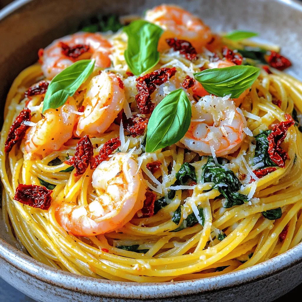 - 8 oz spaghetti or linguine - 1 lb large shrimp, peeled and deveined - 1/2 cup sun-dried tomatoes, chopped - 3 cups baby spinach - 4 cloves garlic, minced - 1/2 teaspoon red pepper flakes - 1 cup vegetable broth - 1/2 cup heavy cream (or coconut cream) - Salt and pepper to taste This pasta dish needs fresh and tasty items. Start with the best spaghetti or linguine you can find. The shrimp should be large, peeled, and deveined for easy cooking. Sun-dried tomatoes add a rich flavor. Next, add baby spinach for color and nutrition. Garlic brings a strong scent and taste. Red pepper flakes add a little heat, so use them to your liking. For the sauce, vegetable broth gives a nice base. Heavy cream makes it rich, but coconut cream works for a dairy-free choice. Don’t forget salt and pepper. These simple seasonings bring all the flavors together. Gather these items before you start cooking. It makes the process easy and fun! 1. Start by heating 2 tablespoons of olive oil in a large skillet over medium heat. 2. Once the oil is hot, add 4 minced garlic cloves and 1/2 teaspoon of red pepper flakes. Sauté for about 1 minute until the garlic smells great. 3. Now, add 1 pound of peeled and deveined shrimp to the skillet. Season with salt and pepper. Cook the shrimp for about 3 to 4 minutes. They should turn pink and opaque. Remove the shrimp from the pan and set them aside. 1. In the same skillet, add 1/2 cup of chopped sun-dried tomatoes. Stir them into the oil and garlic. 2. Pour in 1 cup of vegetable broth and bring it to a simmer. This adds great flavor. 3. Next, add 8 ounces of spaghetti or linguine to the skillet. Stir to make sure the pasta is covered in the broth. Cook for about 9 to 11 minutes, stirring occasionally, until the pasta is al dente. 1. When the pasta is almost done, stir in 1/2 cup of heavy cream and 3 cups of baby spinach. Cook until the spinach wilts and the sauce thickens a bit. 2. Return the cooked shrimp to the skillet, mixing it all together. Cook for an additional 1 to 2 minutes until everything is heated through. 3. If you like, stir in 1/4 cup of grated Parmesan cheese for a richer taste. Adjust the seasoning as needed. Enjoy your Sun-Dried Tomato Shrimp Pasta! To make sure your shrimp is cooked just right, watch the color. Cook them until they turn pink and opaque, about 3-4 minutes. Do not overcook them. Overcooked shrimp can be tough and chewy. Adjusting the pasta cooking time is key. The pasta will cook in the broth, so check the package instructions. Stir occasionally to keep it from sticking. Aim for al dente, which means firm but not hard. To keep the sauce creamy, add the heavy cream towards the end of cooking. Stir it in when the pasta is almost done. The cream will thicken the sauce and add a rich flavor. Garnish with fresh basil for a pop of color and flavor. The bright green leaves contrast nicely with the pasta. You can tear them by hand for a rustic look. For presentation, plate the pasta in a wide bowl. Top it with basil leaves and an extra sprinkle of Parmesan. Drizzle a little olive oil on top for an extra touch. Pair this dish with a glass of white wine. A crisp Sauvignon Blanc complements the flavors well. If you prefer bread, serve it with a crusty baguette to soak up the sauce. {{image_2}} You can make this dish fit your needs. For a dairy-free option, swap heavy cream with coconut cream. This keeps the sauce rich and tasty without using dairy. If you need gluten-free pasta, choose gluten-free spaghetti or linguine. Many brands offer great options that taste good. For vegetarians, try adding tofu instead of shrimp. Tofu absorbs flavors well and adds protein. Feel free to get creative with flavors. You can add different veggies like bell peppers or zucchini. They bring color and crunch to the dish. Using spices or herbs can change the taste too. Try oregano or basil for a fresh kick. If you want to switch proteins, chicken or scallops work well. They cook fast and add a nice twist to the meal. Mix and match based on what you like and have at home! To keep your Sun Dried Tomato Shrimp Pasta fresh, use airtight containers. Glass or plastic containers work well. Make sure the pasta cools down before sealing. This helps prevent condensation inside the container. Store the leftovers in the fridge for up to three days. When reheating pasta, avoid drying it out. A splash of water or broth can help. For best results, use the stove-top. Heat the pasta in a skillet over low heat. Stir often to warm it evenly. If you use a microwave, cover the dish with a damp paper towel. This keeps moisture in while reheating. I recommend using spaghetti or linguine for this dish. They hold the sauce well and cook evenly. You can also try other pasta types like fettuccine or penne. If you're feeling adventurous, whole wheat or gluten-free pasta works too. Just adjust the cooking time as needed. Yes, you can prepare this recipe ahead of time. Cook the pasta and shrimp, then store them separately. This keeps everything fresh. When you're ready to eat, just reheat in a pan. Add a splash of broth or cream to keep it moist. Stir in fresh spinach just before serving for the best taste. You can freeze this dish, but with some care. Cook the pasta and shrimp, then let them cool completely. Store them in airtight containers. When you want to eat it, let it thaw overnight in the fridge. Reheat on the stove, adding a little broth if it seems dry. Enjoy a delicious meal any time! This blog post shared an easy shrimp pasta recipe. From key ingredients to helpful tips, I covered everything. You learned how to prepare shrimp, cook pasta, and finish with creamy sauce. Plus, I offered ways to adjust flavors and cater to dietary needs. Remember, cooking can be fun and flexible. Try different veggies or proteins based on your taste. Keep experimenting, and enjoy every bite!
