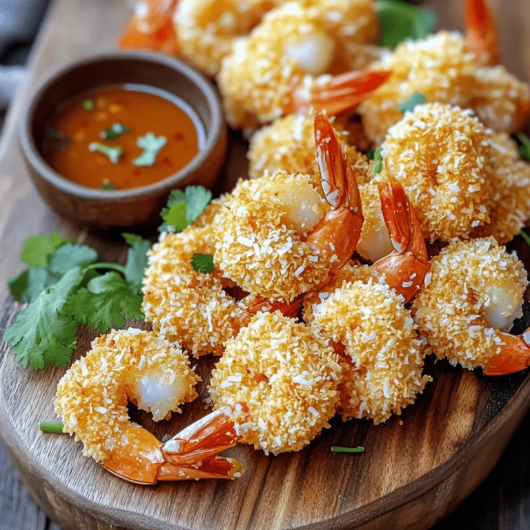 To make crispy air fryer coconut shrimp, you'll need: - 1 pound large shrimp, peeled and deveined - 1 cup shredded coconut (sweetened or unsweetened, your choice) - 1 cup panko breadcrumbs - 2 large eggs - ½ cup all-purpose flour - 1 teaspoon garlic powder - 1 teaspoon paprika - Salt and pepper to taste - Cooking spray - ½ cup sweet chili sauce (store-bought or homemade) - Chopped fresh cilantro (for garnish) You can swap items if needed: - Use almond flour instead of all-purpose flour for a gluten-free option. - Try unsweetened coconut if you want less sugar. - If you don’t have panko, regular breadcrumbs work but will be less crunchy. - For an egg-free option, use a flax egg or aquafaba as a binder. For the best taste: - Choose shrimp that smell fresh and clean, not fishy. - Store coconut in a cool, dry place to keep it fresh. - Check the expiration date on your panko and chili sauce. - Use fresh cilantro for a burst of flavor and color in your dish. By following these tips, you ensure each bite of your coconut shrimp is fresh and tasty. Start by rinsing the shrimp. Use cold water and pat them dry. This helps the seasoning stick. Next, season the shrimp. Add salt, pepper, garlic powder, and paprika. Mix well so each shrimp is coated. This step adds great flavor to your shrimp. Now, get three shallow bowls. Fill the first bowl with flour. In the second bowl, crack and beat two eggs. The third bowl holds the coconut and panko breadcrumbs. Mix these two ingredients together. This will give the shrimp a nice crunch. Preheat the air fryer to 400°F (200°C). This takes about five minutes. While it heats, bread the shrimp. First, coat each shrimp in flour, shaking off the excess. Next, dip it in the egg. Let any extra egg drip off. Finally, press the shrimp into the coconut-panko mix. Make sure it sticks well. Spray the air fryer basket lightly with cooking spray. Place the breaded shrimp in a single layer. Avoid overcrowding; this helps them cook evenly. Air fry for 8 to 10 minutes. Flip the shrimp halfway through for even cooking. They should turn golden brown and crispy. While the shrimp cooks, heat the sweet chili sauce in a small saucepan on low heat. Once the shrimp are done, take them out. Arrange them on a platter and drizzle the warm sauce over them. You can also serve the sauce on the side for dipping. To get the best crunch, focus on the breading. Start by drying the shrimp well. This helps the coating stick. Use three bowls for the breading. First, put the flour in one bowl. In the next, beat the eggs until mixed. In the last bowl, mix coconut with panko. Dredge each shrimp in flour, then dip it in egg. Lastly, coat it in the coconut-panko mix. Press gently to help it stick. This method gives you a nice, even crust. Cooking times can vary based on shrimp size and air fryer brand. Keep an eye on the shrimp as they cook. They usually take about 8 to 10 minutes. Flip them halfway for even cooking. If they look golden and crispy, they are ready. If not, add a couple more minutes. Always check for doneness. The shrimp should be opaque and firm. Adding flavor is key to great coconut shrimp. Use garlic powder and paprika in the shrimp mix. These spices add depth. You can also sprinkle salt and pepper to taste. If you like heat, add a dash of cayenne. This will give it a little kick. Don’t forget to garnish with fresh cilantro. It adds a nice touch of color and freshness. The sweet chili sauce pairs perfectly with these flavors. {{image_2}} You can change the coating for your shrimp. Try using crushed cornflakes instead of panko. This gives a nice crunch. You can also mix in some spices, like cayenne pepper, for a kick. If you want a different flavor, use toasted coconut instead of regular coconut. Sweet chili sauce is a favorite, but you can mix it up! Try a spicy mango salsa for a fruity kick. A tangy lime crema also pairs well with shrimp. If you like heat, a sriracha mayo adds a great twist. Each sauce brings out different flavors in the shrimp. For a gluten-free option, swap all-purpose flour for almond flour or a gluten-free blend. Use gluten-free panko breadcrumbs for the coating. This way, everyone can enjoy coconut shrimp. If you have egg allergies, replace the eggs with a mixture of ground flaxseed and water. Just remember to adjust the cooking time if needed. You can store leftover coconut shrimp in the fridge. Place them in an airtight container. They stay fresh for about two to three days. Before storing, let the shrimp cool completely. This helps keep them crispy when you reheat them. To freeze your coconut shrimp, first, let them cool. Arrange them in a single layer on a baking sheet. Freeze them for about an hour. Once frozen, transfer them to a freezer bag. They can last up to two months in the freezer. When ready, thaw them in the fridge overnight before reheating. Reheat leftover coconut shrimp in the air fryer for best results. Preheat the air fryer to 350°F (175°C). Cook the shrimp for about 5 minutes, flipping halfway. This method keeps them crispy. You can also use an oven. Place them on a baking sheet and heat at 350°F (175°C) for 10 minutes. Enjoy your tasty shrimp again! Yes, you can use frozen shrimp. Just remember to thaw them first. Place them in the fridge overnight or run them under cold water. Make sure they are fully peeled and deveined before you start cooking. Thawed shrimp will cook evenly and will soak up the flavors better. Making sweet chili sauce is easy! Mix together these simple ingredients: - ½ cup sugar - ½ cup rice vinegar - 1 teaspoon garlic, minced - 1 teaspoon red pepper flakes - 1 teaspoon cornstarch mixed with 1 tablespoon water Heat the sugar and vinegar in a pot until the sugar dissolves. Add garlic and red pepper flakes. Stir in the cornstarch mix to thicken. Cook it until it bubbles. Let it cool before serving with your shrimp. Coconut shrimp pairs well with many sides. Here are some ideas: - Jasmine rice for a light touch - A fresh salad for crunch - Mango salsa for a fruity kick - Steamed veggies for color and health These sides balance the rich flavors of the shrimp and add variety to your meal. Enjoy! You learned about key ingredients for cooking tasty shrimp. We explored how to prepare, bread, and air-fry shrimp perfectly. I shared tips on enhancing flavor and adjusting cooking times. You can try different coatings and sauces as well as modify recipes for dietary needs. Don't forget how to store and reheat leftovers to enjoy later. With these easy steps and ideas, you can cook great shrimp anytime. Enjoy experimenting and make it your own!