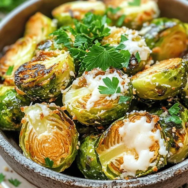 - 1 lb Brussels sprouts, halved - 3 tablespoons olive oil - 4 garlic cloves, minced - 1/2 teaspoon crushed red pepper flakes (optional) - 1/4 cup grated Parmesan cheese - Salt and pepper to taste - 1 tablespoon balsamic vinegar (for drizzling) - Fresh parsley, chopped (for garnish) - If you need alternatives for olive oil, try avocado oil or melted butter. - For a dairy-free option, use nutritional yeast instead of Parmesan cheese. - If you want less heat, skip the crushed red pepper flakes or use mild paprika. 1. Preheating the air fryer: Start by preheating your air fryer to 375°F (190°C). This takes about 5 minutes. Preheating helps the Brussels sprouts cook evenly and get that nice crispy texture. 2. Combining ingredients in the mixing bowl: In a big mixing bowl, add the halved Brussels sprouts. Pour in 3 tablespoons of olive oil and add 4 minced garlic cloves. If you like a little heat, add 1/2 teaspoon of crushed red pepper flakes. Season with salt and pepper to taste. Toss everything together until the Brussels sprouts are well coated in the oil and spices. 1. Cooking the Brussels sprouts in batches: Place the seasoned Brussels sprouts in the air fryer basket. Make sure they are in a single layer. Depending on your air fryer size, you may need to cook them in batches. This way, they cook evenly and get that perfect crisp. 2. Shaking the basket for even cooking: Cook the Brussels sprouts at 375°F for about 12 to 15 minutes. Halfway through cooking, shake the basket gently. This helps them brown and crisp up all over. Keep an eye on them; you want them golden brown and crispy outside. 1. Adding Parmesan cheese after cooking: Once cooked, take the Brussels sprouts out of the air fryer. While they are still hot, sprinkle 1/4 cup of grated Parmesan cheese over them. The heat will melt the cheese, making it delicious. 2. Drizzling balsamic vinegar: Finally, drizzle 1 tablespoon of balsamic vinegar over the Brussels sprouts. This adds a tangy flavor that pairs well. Toss them gently to mix everything together. To make it pretty, garnish with fresh chopped parsley before serving. Enjoy! - Adjusting cooking time for desired crispiness: If you prefer extra crispiness, extend cooking time by 2-3 minutes. Keep a close eye on the sprouts to avoid burning. - How to prevent overcooking: Check the sprouts at 12 minutes. Shake the basket for even cooking. If they look golden and tender, pull them out right away. - Creative serving ideas: Serve Brussels sprouts in a colorful bowl. Drizzle with balsamic vinegar and add toothpicks for easy eating. - Enhancements for visual appeal: Sprinkle extra Parmesan on top. Add a few extra parsley leaves for a pop of green. - Additional spices and seasonings: Try adding garlic powder or smoked paprika for a different taste. Lemon zest can also brighten the dish. - Complementary side dishes: These Brussels sprouts pair well with roasted chicken or grilled steak. Consider serving with a side of creamy mashed potatoes. {{image_2}} You can make Air Fryer Garlic Parmesan Brussels Sprouts special by adding seasonal ingredients. Try mixing in some dried cranberries or chopped pecans. The cranberries add a sweet touch, while pecans give a nice crunch. This twist enhances the flavor and makes your dish stand out at holiday dinners. If you follow a vegan diet, swap the Parmesan cheese for a dairy-free alternative. Nutritional yeast is a great option. For keto dieters, you can also use a low-carb cheese. Both swaps keep the dish tasty while meeting your dietary needs. You can roast Brussels sprouts in the oven if you don’t have an air fryer. Just preheat your oven to 400°F (204°C) and spread the sprouts on a baking sheet. Roast for about 20-25 minutes, flipping halfway. Another option is stovetop sautéing. Heat some olive oil in a pan and add the sprouts. Cook them until they are tender and brown. This method gives a different texture, making the sprouts soft yet slightly crispy. Each method offers a unique flavor and texture, so feel free to experiment! To keep your Air Fryer Garlic Parmesan Brussels Sprouts fresh, store them in the fridge. Place them in an airtight container. They will stay good for about 3 to 5 days. Make sure they cool down first before sealing the container. This prevents any moisture buildup. If you want to freeze them, it’s simple! Spread the sprouts on a baking sheet. Freeze them for about an hour. Once frozen, transfer them to a freezer bag. They can last up to 3 months. Just remember, freezing can change their texture slightly. Reheating is key for keeping that crispy texture. The best method is to use your air fryer again. Preheat it to 350°F (175°C). Place the leftover sprouts in the basket and heat for about 5 to 7 minutes. This will help them regain their crunch. You can also use an oven. Preheat it to 350°F (175°C), and spread the Brussels sprouts on a baking tray. Heat them for around 10 minutes. This will warm them up without losing too much texture. Avoid using a microwave, as it can make them soggy. Can I use frozen Brussels sprouts for this recipe? Yes, you can use frozen Brussels sprouts. Just be aware they may take longer to cook. Thaw them first to help them crisp up better. How do I know when Brussels sprouts are done cooking? Brussels sprouts are done when they turn golden brown and are crispy outside. A fork should easily pierce through them. What to do if my Brussels sprouts don't crisp up? If they don't crisp, try a few things: - Ensure they aren't overcrowded in the air fryer. - Shake the basket halfway through cooking. - Increase the cooking time slightly. Caloric content and macros One serving of Air Fryer Garlic Parmesan Brussels Sprouts has around 150 calories. The macros include: - Fat: 10g - Carbohydrates: 10g - Protein: 4g Health benefits of Brussels sprouts Brussels sprouts are rich in vitamins C and K. They help boost your immune system and support bone health. They also have fiber, which is good for digestion. Can I add other vegetables? Yes! You can add vegetables like carrots or bell peppers. Just cut them to similar sizes for even cooking. Suggestions for dipping sauces or toppings Try dipping sauces like ranch or garlic aioli. You can also add a sprinkle of lemon zest for a fresh twist. This blog post covered how to make tasty Brussels sprouts. You learned about key ingredients, easy steps, and helpful tips. You can adjust cooking times for crispiness and find great variations to fit your diet. Don’t forget about fun storage tricks and how to reheat them to keep their flavor. These steps and tips will help you enjoy this dish again and again. Now you're ready to try making your perfect Brussels sprouts at home!