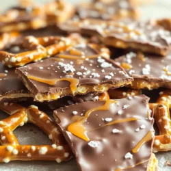 - 2 cups pretzel rods or twists - 1 cup semi-sweet chocolate chips - 1 cup milk chocolate chips - 1 cup soft caramel candies, unwrapped The main ingredients are simple but essential. Pretzel rods or twists give a nice crunch. Chocolate chips add rich flavor. Soft caramel candies bring that sweet, gooey goodness. - 2 tablespoons heavy cream - Sea salt, for garnish For garnishing, heavy cream helps make the caramel smooth. A sprinkle of sea salt adds a delightful contrast. The salt enhances the sweet flavors and makes every bite pop. - Microwave-safe bowls - Baking sheet - Parchment paper You will need a few tools to make this treat. Microwave-safe bowls help melt the chocolate and caramel. A baking sheet keeps everything in place. Parchment paper makes clean-up easy and prevents sticking. - Preheat your oven to 350°F (175°C). - Spread pretzels evenly on a baking sheet. Start by preheating your oven. This step is key for getting the pretzels warm and ready. Spread your pretzels on the baking sheet. I like to use either rods or twists; both work well. Bake them for about 5 minutes. You want them warm, not browned. This warmth helps the caramel stick. - Melt caramel candies with heavy cream in the microwave. - Stir until smooth. Next, let's make the caramel. In a microwave-safe bowl, add the soft caramel candies and heavy cream. Microwave this mix in 30-second bursts. Stir between each burst. Keep going until it's smooth and creamy. This caramel is sweet and rich, perfect for our treat. - Drizzle caramel over pretzels. - Melt chocolate chips and spread over the caramel. Now comes the fun part. Drizzle the melted caramel over the warm pretzels. Use a spatula to spread it evenly. After that, melt the chocolate chips. You can mix semi-sweet and milk chocolate for depth. Again, microwave in 30-second intervals, stirring well. When melted, pour this chocolate over the caramel layer. Spread it out to cover everything. - Sprinkle sea salt and chill in the refrigerator. - Break into pieces for serving. Before chilling, sprinkle a little sea salt on top. This adds a great sweet and salty mix. Now, pop the baking sheet in the refrigerator. Let it chill for about an hour. Once it's set, break the bark into pieces. You can use your hands or a knife. Enjoy your tasty treat! To melt chocolate well, use a microwave-safe bowl. This helps keep your chocolate safe. Microwave it in short bursts of 30 seconds. Stir it often to check the texture. If you don’t stir, the edges can burn. You can make this bark your own! Add nuts, like almonds or pecans, for crunch. Want something sweet? Toss in your favorite candy pieces. You can also change the saltiness. Use more or less sea salt to fit your taste. This lets you play with flavors. Pair this bark with hot coffee or cold milk. Both drinks enhance the sweet and salty taste. It’s perfect for parties, too! Cut it into pieces and share it on a platter. You can also wrap it up as a gift. Everyone loves a tasty treat! {{image_2}} You can change the chocolate to fit your taste. If you want a richer flavor, use dark chocolate. It adds depth and pairs well with caramel. For a sweeter option, try white chocolate. It melts nicely and gives a creamy touch to the bark. You can also play with textures. Add crushed pretzels on top for extra crunch. This will enhance the experience with each bite. For a fun twist, use flavored pretzels like honey mustard. They give a unique taste that mixes sweet and salty in a new way. Make your bark special for any occasion. Add holiday sprinkles for a festive look. They add color and cheer to your treat. You can also try different caramel sauces, like sea salt caramel. This adds a gourmet touch and heightens the flavor contrast. To keep your chocolate caramel pretzel bark fresh, store it in an airtight container. This will help keep moisture out and preserve the taste. Make sure to place it in a cool, dry place, away from sunlight. Heat and humidity can ruin the texture and flavor. Your bark can last up to two weeks at room temperature. Just make sure it stays in that airtight container. If you want to store it longer, you can freeze it. Wrap pieces in plastic wrap, then place them in a freezer bag. It can last up to three months in the freezer. If you find your bark is a bit too hard, you can gently warm it. Just pop it in the microwave for a few seconds. Be careful not to heat it too long, or you might melt the chocolate again. A few seconds should do the trick to make it easier to bite into. Making Chocolate Caramel Pretzel Bark is quick and easy. It takes about 15 minutes to prep. You will then chill it for 1 hour. So, the total time is 1 hour and 15 minutes. This includes both prep and chilling time. Yes, you can! You can use pretzel rods or twists. If you want, try flavored pretzels, like cheese or honey mustard. They can add a fun twist to the bark. Just make sure they are still crunchy. This helps keep the texture nice. To make this treat gluten-free, use gluten-free pretzels. Many stores sell them now. Check the label to ensure they are safe. The chocolate and caramel are usually gluten-free, but always double-check the brands. This way, everyone can enjoy the snack! In this blog post, we explored how to make Chocolate Caramel Pretzel Bark. We covered key ingredients like pretzel rods, chocolate chips, and caramel candies. I shared tips for perfect melting and ways to customize your bark. You learned how to store it, ensure it stays fresh, and even reheat it. Final thoughts: This treat is easy to make and fun to share. Enjoy making your unique version!
