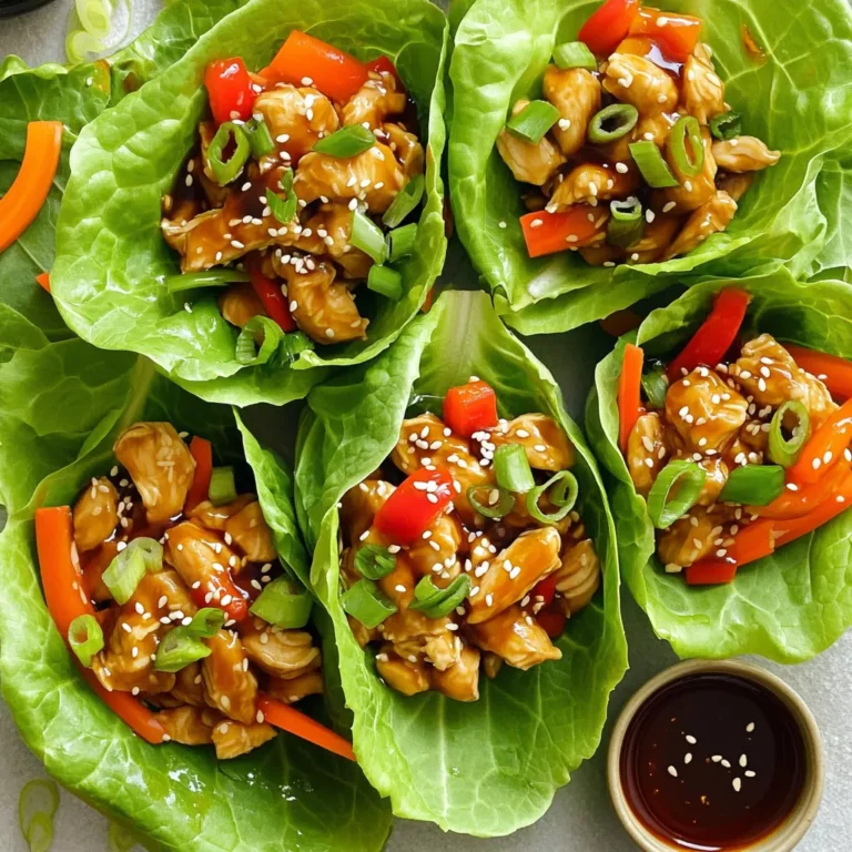 To make these tasty Teriyaki Chicken Lettuce Wraps, you will need: - 1 lb boneless, skinless chicken thighs, finely diced - 1/4 cup teriyaki sauce (low-sodium optional) - 1 tablespoon sesame oil - 1 tablespoon fresh ginger, grated - 2 cloves garlic, minced - 1 red bell pepper, finely diced - 2 green onions, sliced - 1 cup shredded carrots - 1 head of butter lettuce or romaine lettuce, leaves separated - Sesame seeds for garnish - Sriracha sauce (optional, for serving) Low-sodium teriyaki sauce is a great choice if you watch your salt intake. Fresh produce adds great flavor and crunch. I love using butter lettuce for its softness, but romaine works too. It holds the filling well and makes eating fun. The sesame oil gives a nice nutty taste, enhancing the dish. If you have dietary restrictions, don’t worry! You can swap chicken thighs for chicken breast if you want leaner meat. Tofu is a fantastic vegan option. For gluten-free needs, use tamari instead of teriyaki sauce. You can also mix in other veggies like cucumbers or radishes for extra crunch. First, gather all your ingredients. You will need: - 1 lb boneless, skinless chicken thighs, finely diced - 1/4 cup teriyaki sauce - 1 tablespoon sesame oil - 1 tablespoon fresh ginger, grated - 2 cloves garlic, minced - 1 red bell pepper, finely diced - 2 green onions, sliced - 1 cup shredded carrots - 1 head of butter or romaine lettuce - Sesame seeds for garnish - Sriracha sauce (optional) Next, prepare your workspace. Set a large skillet on the stove. Make sure you have your utensils ready. This will save time later. Now, let's cook the chicken. Heat the sesame oil in your skillet over medium-high heat. Once hot, add the diced chicken thighs. Season with a bit of salt and pepper. Sauté for about 5 minutes. You want the chicken browned and fully cooked. After the chicken is ready, it's time to add flavor. Stir in the grated ginger and minced garlic. Cook these for 1-2 minutes. You will notice a wonderful aroma filling your kitchen. Now, let's add some color and crunch. Toss in the diced red bell pepper and shredded carrots. Sauté these for another 2 minutes. You want them to soften just a bit. Finally, pour the teriyaki sauce over the chicken and veggies. Stir well to coat everything. Cook for another 2 minutes. This will make your dish saucy and delicious. Now it’s time to assemble your wraps. Turn off the heat and remove the skillet. Take a leaf of lettuce and spoon a generous amount of the teriyaki chicken mixture into the center. To make your wraps look great, sprinkle sliced green onions and sesame seeds on top. If you like some spice, drizzle Sriracha sauce over your wraps. Serve them warm on a large plate. Enjoy your tasty teriyaki chicken lettuce wraps! To make your teriyaki chicken tasty, follow these simple tips: - Use fresh ingredients. Fresh ginger and garlic boost flavor. - Sear the chicken well. Browning adds depth to the taste. - Don’t rush the sauce. Let it simmer briefly to blend flavors. - Adjust sauce to taste. If you like it sweeter, add more teriyaki sauce. You can save time and still enjoy a delicious meal: - Prep ingredients first. Chop all your veggies before cooking. - Choose bite-sized pieces. Small chicken pieces cook faster. - Use a non-stick skillet. This reduces the need for extra oil. - Cook in batches. If you have more, make a double batch for later. How you serve your wraps makes a big difference: - Use large leaves. Butter lettuce works great for holding fillings. - Arrange on a platter. A nice display invites everyone to dig in. - Garnish with flair. Add sliced green onions and sesame seeds on top. - Serve with a dip. A small bowl of Sriracha adds fun for spice lovers. {{image_2}} If you want to switch things up, try using shrimp or tofu instead of chicken. Shrimp cooks quickly and adds a nice touch to your wraps. Just sauté it for a few minutes until it turns pink. For tofu, use firm or extra-firm tofu. Cube it and cook it until golden on all sides. Both options soak up the teriyaki sauce well. Making these wraps vegetarian or vegan is easy. Replace chicken with a mix of mushrooms, bell peppers, and carrots. Use a plant-based teriyaki sauce to keep it vegan. This mix gives you a hearty filling that’s packed with flavor. You could also add cooked quinoa for extra protein. Feel free to play with different veggies and sauces. You can add water chestnuts for crunch or bean sprouts for a fresh taste. For sauces, try adding hoisin sauce or a bit of chili paste for heat. You can even mix in some pineapple for a sweet twist. The options are endless, so have fun and make it your own! To keep your teriyaki chicken lettuce wraps fresh, store leftovers in an airtight container. This helps keep them safe and tasty. Place the chicken mixture in one container and the lettuce leaves in another. This way, the lettuce stays crisp. You can store the chicken for up to three days in the fridge. When you are ready to enjoy the leftovers, reheat the chicken mixture. Place it in a skillet over medium heat. Stir it often until it is warm. This keeps the chicken juicy. Avoid using the microwave as it can make the chicken rubbery. Once heated, spoon the mixture back into fresh lettuce leaves. If you want to save the chicken for later, freezing is a great option. Let the chicken cool completely before freezing. Place it in a freezer-safe bag or container, removing as much air as possible. It can last for up to three months in the freezer. When you are ready to eat, thaw it overnight in the fridge before reheating. This way, you can enjoy teriyaki chicken wraps any time! Yes, you can use chicken breast. It has less fat and cooks faster. Just cut it into small pieces like thighs. The taste will be a bit different, but it will still work great in this dish. To make teriyaki sauce from scratch, combine these ingredients: - 1/4 cup soy sauce - 2 tablespoons honey or brown sugar - 1 tablespoon rice vinegar - 1 tablespoon cornstarch (mixed with 2 tablespoons water) - 1 teaspoon garlic powder - 1 teaspoon ginger powder Mix all ingredients in a saucepan. Heat over medium heat until it thickens. This sauce has a nice sweet and salty flavor. You can use many other fillings! Here are some ideas: - Cooked shrimp or tofu for protein - Shredded cabbage or zucchini for crunch - Chopped mushrooms for earthiness - Avocado slices for creaminess - Fresh herbs like cilantro for added flavor Feel free to mix and match based on your taste! In this post, we covered how to make tasty Teriyaki Chicken Lettuce Wraps. You learned about the ingredients, easy steps, and smart tips. Remember, you can swap proteins and adjust flavors to suit your taste. Always store leftovers properly for freshness. This dish is quick, healthy, and full of flavor, making it perfect for any meal. Enjoy experimenting with your wraps!