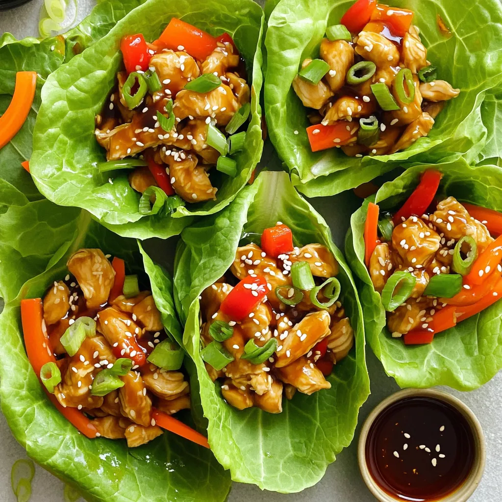 To make these tasty Teriyaki Chicken Lettuce Wraps, you will need: - 1 lb boneless, skinless chicken thighs, finely diced - 1/4 cup teriyaki sauce (low-sodium optional) - 1 tablespoon sesame oil - 1 tablespoon fresh ginger, grated - 2 cloves garlic, minced - 1 red bell pepper, finely diced - 2 green onions, sliced - 1 cup shredded carrots - 1 head of butter lettuce or romaine lettuce, leaves separated - Sesame seeds for garnish - Sriracha sauce (optional, for serving) Low-sodium teriyaki sauce is a great choice if you watch your salt intake. Fresh produce adds great flavor and crunch. I love using butter lettuce for its softness, but romaine works too. It holds the filling well and makes eating fun. The sesame oil gives a nice nutty taste, enhancing the dish. If you have dietary restrictions, don’t worry! You can swap chicken thighs for chicken breast if you want leaner meat. Tofu is a fantastic vegan option. For gluten-free needs, use tamari instead of teriyaki sauce. You can also mix in other veggies like cucumbers or radishes for extra crunch. First, gather all your ingredients. You will need: - 1 lb boneless, skinless chicken thighs, finely diced - 1/4 cup teriyaki sauce - 1 tablespoon sesame oil - 1 tablespoon fresh ginger, grated - 2 cloves garlic, minced - 1 red bell pepper, finely diced - 2 green onions, sliced - 1 cup shredded carrots - 1 head of butter or romaine lettuce - Sesame seeds for garnish - Sriracha sauce (optional) Next, prepare your workspace. Set a large skillet on the stove. Make sure you have your utensils ready. This will save time later. Now, let's cook the chicken. Heat the sesame oil in your skillet over medium-high heat. Once hot, add the diced chicken thighs. Season with a bit of salt and pepper. Sauté for about 5 minutes. You want the chicken browned and fully cooked. After the chicken is ready, it's time to add flavor. Stir in the grated ginger and minced garlic. Cook these for 1-2 minutes. You will notice a wonderful aroma filling your kitchen. Now, let's add some color and crunch. Toss in the diced red bell pepper and shredded carrots. Sauté these for another 2 minutes. You want them to soften just a bit. Finally, pour the teriyaki sauce over the chicken and veggies. Stir well to coat everything. Cook for another 2 minutes. This will make your dish saucy and delicious. Now it’s time to assemble your wraps. Turn off the heat and remove the skillet. Take a leaf of lettuce and spoon a generous amount of the teriyaki chicken mixture into the center. To make your wraps look great, sprinkle sliced green onions and sesame seeds on top. If you like some spice, drizzle Sriracha sauce over your wraps. Serve them warm on a large plate. Enjoy your tasty teriyaki chicken lettuce wraps! To make your teriyaki chicken tasty, follow these simple tips: - Use fresh ingredients. Fresh ginger and garlic boost flavor. - Sear the chicken well. Browning adds depth to the taste. - Don’t rush the sauce. Let it simmer briefly to blend flavors. - Adjust sauce to taste. If you like it sweeter, add more teriyaki sauce. You can save time and still enjoy a delicious meal: - Prep ingredients first. Chop all your veggies before cooking. - Choose bite-sized pieces. Small chicken pieces cook faster. - Use a non-stick skillet. This reduces the need for extra oil. - Cook in batches. If you have more, make a double batch for later. How you serve your wraps makes a big difference: - Use large leaves. Butter lettuce works great for holding fillings. - Arrange on a platter. A nice display invites everyone to dig in. - Garnish with flair. Add sliced green onions and sesame seeds on top. - Serve with a dip. A small bowl of Sriracha adds fun for spice lovers. {{image_2}} If you want to switch things up, try using shrimp or tofu instead of chicken. Shrimp cooks quickly and adds a nice touch to your wraps. Just sauté it for a few minutes until it turns pink. For tofu, use firm or extra-firm tofu. Cube it and cook it until golden on all sides. Both options soak up the teriyaki sauce well. Making these wraps vegetarian or vegan is easy. Replace chicken with a mix of mushrooms, bell peppers, and carrots. Use a plant-based teriyaki sauce to keep it vegan. This mix gives you a hearty filling that’s packed with flavor. You could also add cooked quinoa for extra protein. Feel free to play with different veggies and sauces. You can add water chestnuts for crunch or bean sprouts for a fresh taste. For sauces, try adding hoisin sauce or a bit of chili paste for heat. You can even mix in some pineapple for a sweet twist. The options are endless, so have fun and make it your own! To keep your teriyaki chicken lettuce wraps fresh, store leftovers in an airtight container. This helps keep them safe and tasty. Place the chicken mixture in one container and the lettuce leaves in another. This way, the lettuce stays crisp. You can store the chicken for up to three days in the fridge. When you are ready to enjoy the leftovers, reheat the chicken mixture. Place it in a skillet over medium heat. Stir it often until it is warm. This keeps the chicken juicy. Avoid using the microwave as it can make the chicken rubbery. Once heated, spoon the mixture back into fresh lettuce leaves. If you want to save the chicken for later, freezing is a great option. Let the chicken cool completely before freezing. Place it in a freezer-safe bag or container, removing as much air as possible. It can last for up to three months in the freezer. When you are ready to eat, thaw it overnight in the fridge before reheating. This way, you can enjoy teriyaki chicken wraps any time! Yes, you can use chicken breast. It has less fat and cooks faster. Just cut it into small pieces like thighs. The taste will be a bit different, but it will still work great in this dish. To make teriyaki sauce from scratch, combine these ingredients: - 1/4 cup soy sauce - 2 tablespoons honey or brown sugar - 1 tablespoon rice vinegar - 1 tablespoon cornstarch (mixed with 2 tablespoons water) - 1 teaspoon garlic powder - 1 teaspoon ginger powder Mix all ingredients in a saucepan. Heat over medium heat until it thickens. This sauce has a nice sweet and salty flavor. You can use many other fillings! Here are some ideas: - Cooked shrimp or tofu for protein - Shredded cabbage or zucchini for crunch - Chopped mushrooms for earthiness - Avocado slices for creaminess - Fresh herbs like cilantro for added flavor Feel free to mix and match based on your taste! In this post, we covered how to make tasty Teriyaki Chicken Lettuce Wraps. You learned about the ingredients, easy steps, and smart tips. Remember, you can swap proteins and adjust flavors to suit your taste. Always store leftovers properly for freshness. This dish is quick, healthy, and full of flavor, making it perfect for any meal. Enjoy experimenting with your wraps!