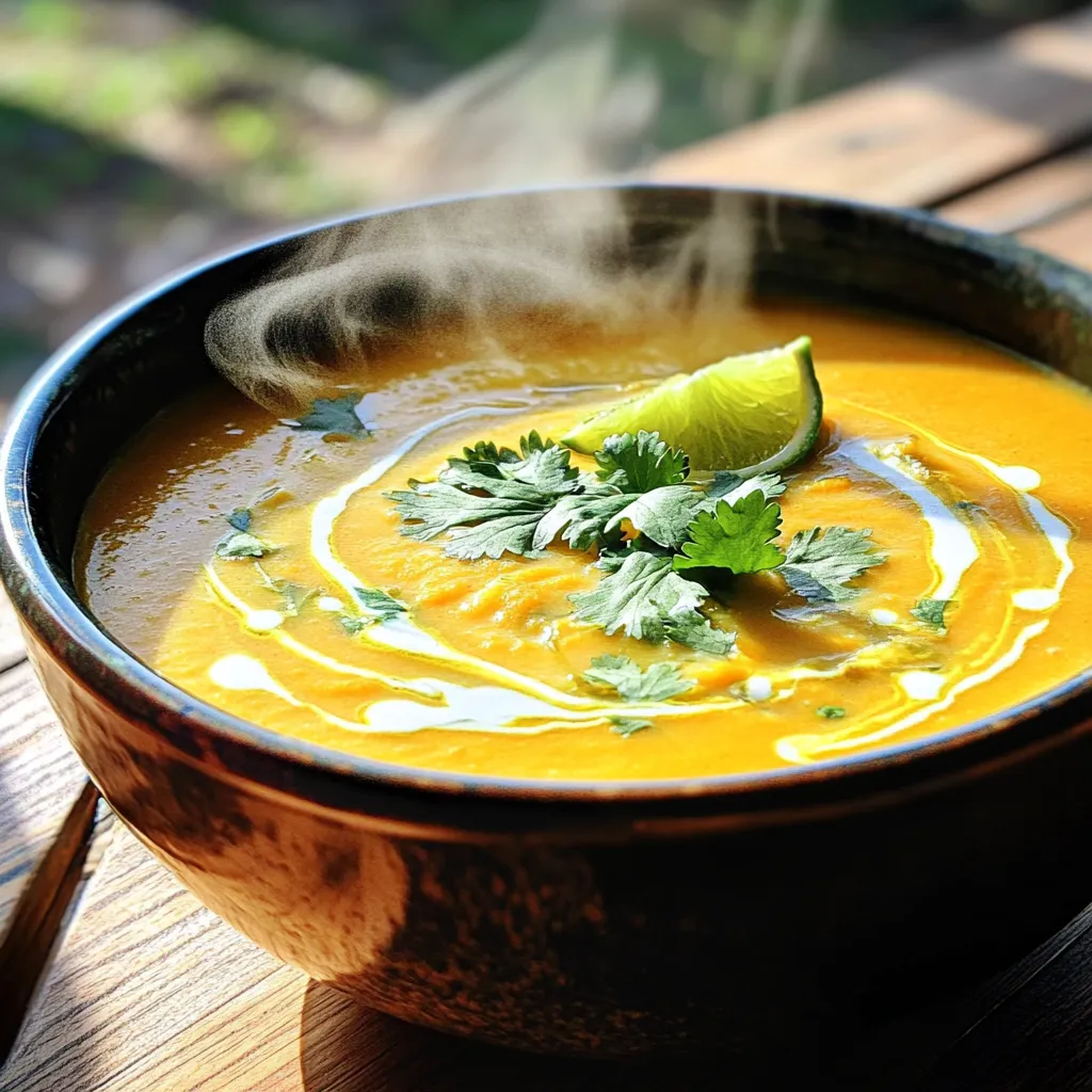 - 1 medium butternut squash, peeled and cubed - 1 can (14 oz) coconut milk - 1 onion, diced - 2 garlic cloves, minced - 2 tablespoons red curry paste - 1 tablespoon ginger, grated - 4 cups vegetable broth - 1 tablespoon olive oil - 1 teaspoon cumin - 1 teaspoon turmeric - Salt and pepper to taste - Fresh cilantro for garnish - Optional: Squeeze of lime juice Using fresh ingredients makes this soup shine. Select a ripe butternut squash for a sweet flavor. Fresh garlic and ginger add a great kick. Always choose fresh cilantro for garnish. It gives a nice pop of color and taste. Lime juice, when fresh, brightens the soup's flavor. You can swap the butternut squash with sweet potatoes if needed. Use light coconut milk for fewer calories. If you don't have vegetable broth, chicken broth works too. For a milder taste, reduce the red curry paste. Always taste and adjust to make it your own! Start by gathering your ingredients. You’ll need: - 1 medium butternut squash, peeled and cubed - 1 can (14 oz) coconut milk - 1 onion, diced - 2 garlic cloves, minced - 2 tablespoons red curry paste - 1 tablespoon ginger, grated - 4 cups vegetable broth - 1 tablespoon olive oil - 1 teaspoon cumin - 1 teaspoon turmeric - Salt and pepper to taste - Fresh cilantro for garnish - Optional: Squeeze of lime juice After gathering everything, peel and cube the butternut squash. Dice the onion and mince the garlic. Grate the ginger. This prep makes cooking much easier. In a large pot, heat the olive oil over medium heat. Add the diced onion and sauté for about five minutes. You want the onion to be soft and translucent. Next, stir in the minced garlic and grated ginger. Cook for one more minute until you smell the aroma. Now, add the red curry paste, cumin, and turmeric. Stir well to coat the onions. Cook for about two minutes. This step deepens the flavors and makes your soup taste great. Toss in the cubed butternut squash. Mix it until every piece is coated with spices. Pour in the vegetable broth and bring it to a boil. Once boiling, reduce the heat and let it simmer for about 20 minutes. You want the squash to be tender. Once the squash is soft, remove the pot from heat. Use an immersion blender to puree the soup until it’s smooth. If you don’t have an immersion blender, you can blend it in batches in a regular blender. Be careful with hot liquids! After blending, return the pot to low heat. Stir in the coconut milk and season with salt and pepper. Heat it through for about five minutes, stirring occasionally. Now your Butternut Squash Coconut Curry Soup is ready to serve! Garnish with fresh cilantro and add a squeeze of lime juice if you like. Enjoy this delightful treat! To get the best butternut squash, look for one that feels heavy for its size. The skin should be smooth and tan, with no blemishes. A ripe squash will have a dull finish, not shiny. If it has a slight softness at the stem, that's a good sign of ripeness. Always pick one that is firm, as this means it is fresh and full of flavor. Creating the right flavor balance is key for this soup. Start with fresh onion, garlic, and ginger. These ingredients add depth. The red curry paste gives a lovely kick, while coconut milk adds creaminess. Adjust the spices to suit your taste. If it feels too strong, add more coconut milk. This can help mellow out the flavors and make it richer. Adjusting spice levels can make this soup perfect for everyone. If you like it milder, use less red curry paste. You can also add a squeeze of lime juice to brighten the soup without heat. If you enjoy more spice, add extra curry paste or a pinch of cayenne pepper. Always taste as you go to find your ideal blend. {{image_2}} You can make your butternut squash coconut curry soup heartier by adding proteins. Chicken, shrimp, or tofu work well. If you use chicken, cook it first in the pot before adding the onion. For shrimp, add them near the end so they don't overcook. Tofu can be crispy or soft, depending on your taste. Just add it when you mix in the coconut milk. This soup is easy to tailor for vegans or non-vegans. The base is already vegan, thanks to coconut milk and veggies. For a non-vegan version, you can use chicken broth instead of vegetable broth. This small swap gives a different depth to the flavor. Always taste as you go to ensure it meets your cravings. While butternut squash shines in this soup, you can add other veggies too. Carrots, sweet potatoes, or spinach can enhance the flavor and nutrition. Chop the carrots and sweet potatoes small, so they cook quickly. Spinach can be added at the end and cooked just until wilted. These veggie swaps can make the soup even more colorful and tasty. Store leftover soup in an airtight container. Let the soup cool to room temperature first. This prevents moisture buildup. Label your container with the date. Keep it in the fridge for up to five days. For long-term storage, freeze the soup. Use freezer-safe containers or bags. Leave some space for expansion. This helps avoid spills. The soup can last in the freezer for up to three months. When reheating, do it on low heat. Stir often to prevent sticking. Add a splash of water or broth if needed. This keeps the soup creamy. Taste and adjust seasoning after reheating. Enjoy your soup just like fresh! Yes, you can make this soup without coconut milk. You can use other liquids, like almond milk or oat milk. These options will change the taste a bit. If you use broth instead, add some cream or a nut-based cream for richness. This will help keep the soup creamy and smooth. I love to serve this soup hot. You can garnish it with fresh cilantro. A squeeze of lime juice adds a nice touch. Serve it in bowls with crusty bread or rice on the side. This soup works well for lunch or dinner. It’s a great dish for sharing with family and friends. Yes, you can use frozen butternut squash! It saves time and is often just as good. Just remember, frozen squash may cook a bit faster. Adjust your cooking time as needed. This makes it easy for busy cooks or anyone wanting a quick meal. This blog post covered how to make a tasty Butternut Squash Coconut Curry Soup. We explored ingredient choices, cooking steps, and tips to enhance flavor. You learned about variations to fit your taste and how to store the soup properly. In summary, this soup blends rich flavors and can be customized easily. Enjoy your cooking and feel free to make it your own! Your next bowl of soup awaits.