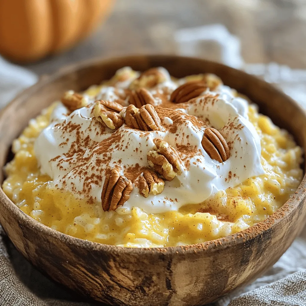 - 1 cup Arborio rice - 4 cups whole milk - 1 cup pumpkin puree - 1/2 cup sugar - 1 teaspoon vanilla extract - 1 teaspoon ground cinnamon - 1/4 teaspoon ground nutmeg - 1/4 teaspoon ground ginger - Pinch of salt - 1/2 cup heavy cream (optional) - Toasted pecans or walnuts for garnish - Whipped cream (optional) To make pumpkin spice cinnamon rice pudding, you'll need a few key ingredients that blend well. First, Arborio rice gives it that creamy texture. Next, whole milk adds richness. Pumpkin puree brings warmth and flavor. Sugar sweetens it just right. Vanilla extract enhances the taste. Ground cinnamon, nutmeg, and ginger add that cozy spice. A pinch of salt balances all the flavors. If you want extra creaminess, you can add heavy cream. Finally, for garnish, toasted pecans or walnuts give a nice crunch. Whipped cream is a tasty option too! Start by cooking the Arborio rice. In a medium saucepan, mix 1 cup of rice with 1 cup of whole milk. Heat it over medium heat. Stir it gently until it starts to simmer. This step is key for the rice to soak up the milk. Once it simmers, lower the heat to medium-low. Keep stirring constantly for about 15 to 20 minutes. You want the rice to be tender but not mushy. Now it's time to add the fun flavors. Add the remaining 3 cups of milk, 1 cup of pumpkin puree, and 1/2 cup of sugar. Toss in 1 teaspoon of vanilla extract, 1 teaspoon of ground cinnamon, 1/4 teaspoon of ground nutmeg, and 1/4 teaspoon of ground ginger. Don't forget a pinch of salt! Stir well to combine everything. Bring this mixture back to a gentle simmer. Let it cook for about 20 to 25 minutes. Stir often to stop it from sticking to the bottom. For a creamy finish, mix in 1/2 cup of heavy cream if you want extra richness. Cook for another 5 minutes. The pudding should thicken nicely. Once it reaches your preferred thickness, take it off the heat. Let it cool slightly before serving. You can enjoy it warm or chilled. Serve it in bowls and top with toasted pecans or walnuts. A dollop of whipped cream adds a nice touch too! To keep the rice from sticking, stir often. Use a wooden spoon for best results. When the pudding is done, it should be thick and creamy. The rice should be soft but not mushy. Taste it to check the texture. If you don’t have heavy cream, try whole milk or coconut milk. These will still give you a nice creaminess. For a vegan version, use almond milk or other plant-based milk. Replace heavy cream with coconut cream to add rich flavor. Get creative with toppings! Use toasted pecans or walnuts for crunch. A dollop of whipped cream makes it extra special. You can serve this pudding warm for a cozy treat or chill it for a refreshing dessert. Both ways taste great! {{image_2}} You can easily add fun flavors to your rice pudding. One simple way is to mix in chocolate or caramel. Just stir in chocolate chips or a swirl of caramel sauce when you serve. This adds a sweet twist that kids love. You can also try different spices. Besides cinnamon, consider adding cardamom or allspice for a unique taste. These spices can make your pudding even more special! If you need gluten-free options, you're in luck! Arborio rice is naturally gluten-free, so you can enjoy this treat without worry. For those who want a dairy-free version, swap whole milk with almond or coconut milk. Using a dairy-free cream can also keep it rich. Just be sure to check the labels to ensure they are safe for your diet. This pudding shines in every season. In fall, you can play with different pumpkin spices to enhance the flavor. Try adding a bit more nutmeg or using pumpkin pie spice mix. In winter, think about adding warm flavors like maple syrup or even a splash of bourbon for adults. Each season brings a new twist, keeping the dish exciting and fresh! Store leftover pumpkin spice cinnamon rice pudding in an airtight container. This keeps it fresh. It will last in the fridge for about 3-5 days. Before you eat it, check for any off smells. If it smells fine, you’re good to go! To reheat, use the microwave or stovetop. If using the microwave, heat it on low power. Stir it every minute to keep it from clumping. On the stovetop, add a splash of milk to the pudding and warm it over low heat. Stir often to keep it creamy. Yes, you can freeze rice pudding! Place it in a freezer-safe container. Leave some space at the top for expansion. It can last in the freezer for up to 3 months. When you are ready to eat, thaw it in the fridge overnight. For a quick thaw, use the microwave on low. Stir well before serving. Pumpkin spice is a blend of warm spices. It often includes cinnamon, nutmeg, and ginger. Some recipes add cloves and allspice too. This mix gives a cozy flavor, perfect for fall treats. Yes, you can easily make a dairy-free version. Use almond milk or coconut milk instead of whole milk. You can also swap heavy cream for coconut cream. This keeps the pudding creamy without dairy. To thicken rice pudding, cook it longer. Stir it often to prevent sticking. You can also add a bit more rice or reduce the liquid. If you want extra creaminess, mix in more pumpkin puree or a touch of cornstarch. This blog post dove into a tasty pumpkin rice pudding recipe. We discussed key ingredients like Arborio rice, pumpkin puree, and spices. You learned how to prepare the rice and combine flavors for the best taste. I shared tips for cooking and serving, including fun variations and dietary swaps. Remember, you can customize this recipe to fit your needs. So, grab your ingredients and enjoy a warm bowl of comfort. Happy cooking!