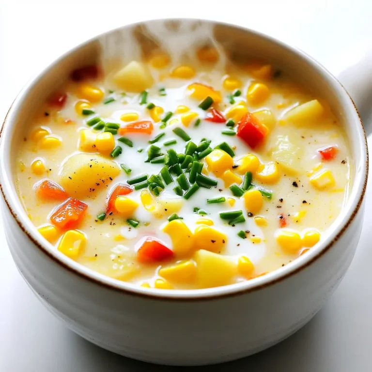 To make this creamy corn chowder, gather these ingredients: - 4 cups fresh or frozen corn kernels - 1 medium onion, diced - 2 cloves garlic, minced - 2 medium potatoes, peeled and diced - 1 red bell pepper, diced - 4 cups vegetable broth - 1 teaspoon smoked paprika - 1 teaspoon dried thyme - 1/2 teaspoon cayenne pepper (adjust for spice level) - 1 cup heavy cream (or coconut milk for dairy-free) - 2 tablespoons olive oil - Salt and pepper to taste - Fresh chives or parsley for garnish You can modify this chowder to suit your needs. If you want a vegan option, replace the heavy cream with coconut milk. You can also skip the butter and use olive oil. For those avoiding nightshades, swap the red bell pepper with zucchini. This chowder fits many diets with simple swaps. Each serving of this creamy corn chowder offers: - Calories: 350 - Protein: 6g - Carbohydrates: 37g - Fiber: 5g - Fat: 20g - Sodium: 600mg This chowder is hearty and filling, perfect for a cozy meal. Enjoy the rich flavors and comforting texture! Start by gathering all your ingredients. You will need corn, onion, garlic, potatoes, and bell pepper. Dice the onion, garlic, potatoes, and bell pepper. If you use frozen corn, there's no need to thaw it. Next, heat the olive oil in the slow cooker on sauté mode if you have it. Add the diced onion and minced garlic. Cook for about 3-4 minutes. You want the onions to look clear. This step builds flavor. Once the onions are ready, add the diced red bell pepper, potatoes, and corn. Stir everything well. This mix is key to a great chowder. Pour in the vegetable broth. Next, add the smoked paprika, dried thyme, cayenne pepper, salt, and pepper. Mix it all together well. Cover the slow cooker and set it to low for 6-8 hours or high for 3-4 hours. The potatoes should be tender when done. This slow cooking lets the flavors combine nicely. About 30 minutes before the chowder is ready, stir in the heavy cream or coconut milk. This makes the chowder rich and creamy. When the cooking time is done, use an immersion blender. Blend a few times to get your desired texture. If you want a smooth chowder, blend it longer. If you like chunks of veggies, blend less. After blending, taste your chowder. Adjust the seasonings if needed. Serve hot and garnish with fresh chives or parsley. This adds a lovely touch to your dish. Enjoy your creamy corn chowder! To make your chowder creamy, use heavy cream or coconut milk. I like both! Add the cream about 30 minutes before serving. This keeps it rich without cooking too much. Blend some of the chowder for a smooth feel but leave some chunks too. This gives it a nice texture. Seasoning is key to a great chowder. I use smoked paprika for a warm touch. Adjust the cayenne pepper based on your spice level. Taste as you go! You can also add a pinch of salt and pepper to make the flavors pop. Fresh herbs like chives or parsley add brightness at the end. Busy? You can prep ingredients ahead. Chop your veggies the night before and store them in the fridge. If you have a slow cooker with a sauté mode, use it! This lets you cook your onions and garlic right in the pot. It saves time and adds flavor. {{image_2}} You can easily make this chowder vegetarian or vegan. To do this, use vegetable broth. Replace heavy cream with coconut milk. This swap gives a creamy texture, plus a hint of sweetness. You keep all the flavors intact. Fresh herbs like parsley or chives add a nice touch. Want to boost the protein? Try adding beans or lentils. Black beans work well and add color. Chickpeas also blend nicely into the chowder. If you like meat, diced chicken or smoked sausage can bring a hearty twist. Just add them in with the other ingredients. For a spicy kick, add more cayenne pepper. You can also include diced jalapeños for extra heat. Want to change the flavor? Add curry powder for a different taste. Smoked paprika brings a nice depth as well. These simple tweaks make this chowder exciting every time you cook it. To keep your creamy corn chowder fresh, let it cool first. Pour it into an airtight container. Store it in the fridge for up to three days. If you want to keep it longer, freezing is a great option. When reheating, do it slowly on the stove. Stir often to keep it creamy. If it gets too thick, add a splash of broth or cream. Microwave works too, but stir halfway through for even heating. To freeze, use freezer-safe containers. Leave some space at the top for expansion. The chowder can last for up to three months in the freezer. When ready to eat, thaw it in the fridge overnight before reheating. To thicken your corn chowder, you can use a few simple methods. First, blend a portion of the chowder with an immersion blender. This will make it creamy while keeping some chunks. Another way is to add a cornstarch slurry. Mix one tablespoon of cornstarch with two tablespoons of cold water. Stir it into the chowder and let it cook for a few minutes. The heat will help it thicken up nicely. Yes, you can make this recipe dairy-free easily. Just replace the heavy cream with coconut milk. Coconut milk adds a rich flavor and keeps the chowder creamy. You can also use almond or oat milk, but they may not be as thick. Make sure to check the labels for any added sugars or preservatives if you want to keep it clean. Creamy corn chowder pairs well with several sides. You can serve it with crusty bread or garlic bread for dipping. A fresh salad also makes a great side. Try a simple green salad with a light vinaigrette. If you want more flavor, add some roasted vegetables or a fruit salad for a refreshing twist. Yes, you can prep this chowder in advance. Chop your veggies and store them in the fridge. You can also measure out your spices for easy cooking. Just remember to add the cream or coconut milk in the last 30 minutes of cooking. This keeps the chowder fresh and ensures the cream doesn’t curdle. You can also store leftovers in the fridge for up to three days. This blog post covered all you need to know about creamy corn chowder. We explored the ingredients, cooking methods, and tips to make it a perfect dish. You learned how to customize it for dietary needs and ways to enhance flavor. Storing and reheating are also key to keeping your chowder tasty. In the end, don’t hesitate to experiment with variations. Cooking should be fun! Enjoy your chowder and share it with others.