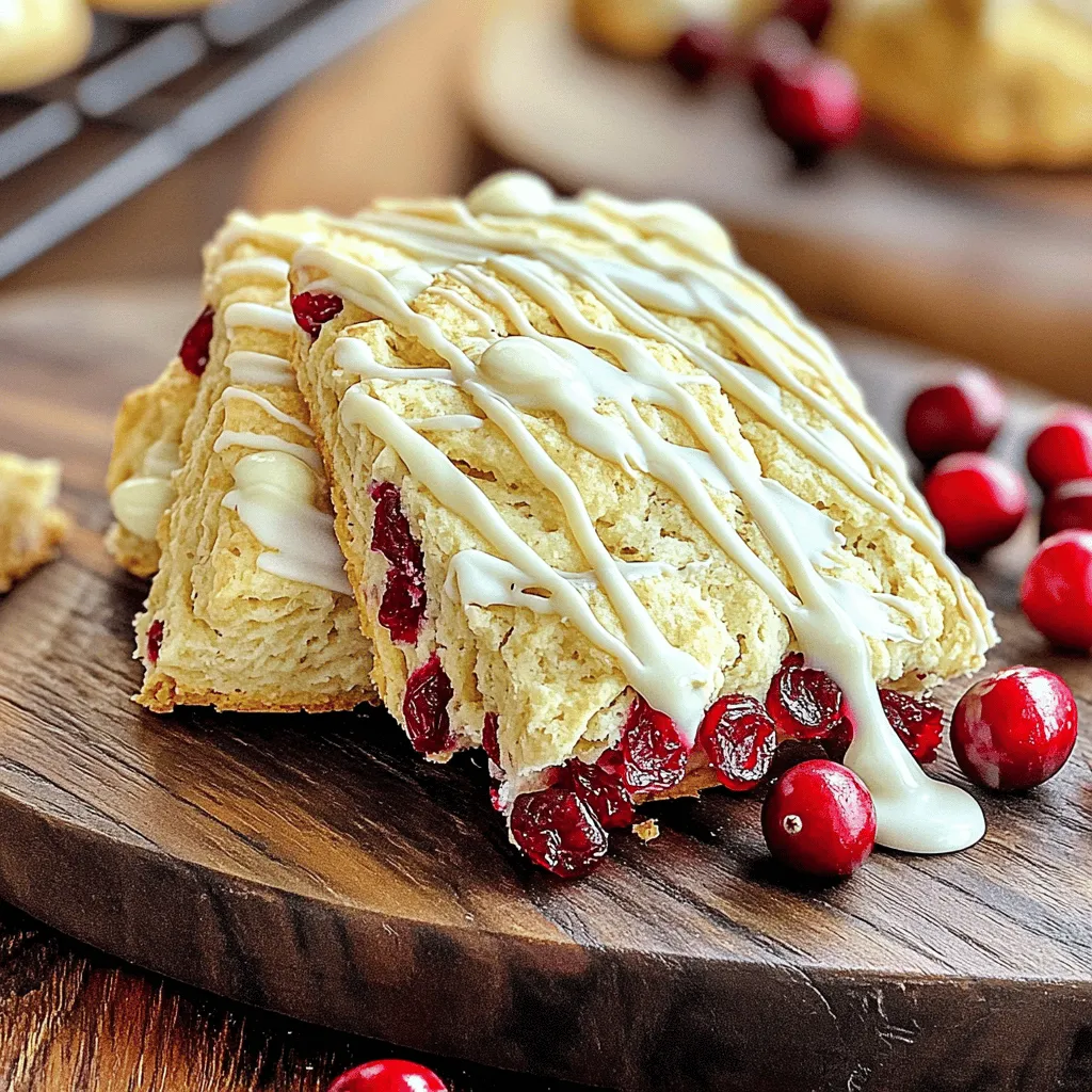 - 2 cups all-purpose flour - 1/4 cup granulated sugar - 1 tablespoon baking powder - 1/2 teaspoon salt - 1/2 cup unsalted butter, cold and cubed - 3/4 cup dried cranberries - 1/2 cup white chocolate chips - 1/2 cup heavy cream - 1 large egg - 1 teaspoon vanilla extract - Optional: Extra sugar for sprinkling To create these delightful scones, you need simple ingredients. The flour gives structure, while sugar adds sweetness. Baking powder helps the scones rise, and salt balances the flavors. Using cold, cubed butter is key for flaky textures. Dried cranberries bring tartness, and white chocolate chips add creaminess. Heavy cream moistens the dough, while the egg binds everything together. Vanilla extract enhances the sweet aroma. You may sprinkle extra sugar on top for a sweet touch. This simple list makes the magic happen. Gather these ingredients, and you will be ready to bake! 1. Preheat your oven to 400°F (200°C). Line a baking sheet with parchment paper. This helps the scones not stick. 2. In a large bowl, whisk together 2 cups of all-purpose flour, 1/4 cup of granulated sugar, 1 tablespoon of baking powder, and 1/2 teaspoon of salt. This mix provides the base for your scones. 3. Add 1/2 cup of cold, cubed unsalted butter to the flour mixture. Use a pastry cutter or your hands to mix until it resembles coarse crumbs. The cold butter gives the scones a flaky texture. 1. Gently fold in 3/4 cup of dried cranberries and 1/2 cup of white chocolate chips. Make sure they are evenly spread throughout the dough. 2. In a separate bowl, whisk together 1/2 cup of heavy cream, 1 large egg, and 1 teaspoon of vanilla extract. These wet ingredients will bind the scones. 3. Pour the wet ingredients into the dry mix. Gently mix until just combined. Do not overmix; this keeps the scones light. 1. On a lightly floured surface, turn out the dough. Knead gently a few times until it comes together. Then, pat it into a circle about 1 inch thick. 2. Cut the dough into 8 wedges and place them on your prepared baking sheet. If you like, sprinkle a little extra sugar on top for added sweetness. 3. Bake in the preheated oven for 15-20 minutes. They should turn golden brown. A toothpick should come out clean when inserted in the center. 4. Once baked, remove them from the oven and let them cool on a wire rack. Serve them warm, perhaps with a drizzle of melted white chocolate for extra delight. - Use cold butter. This helps the scones rise well. Cold butter creates air pockets, making them light and fluffy. - Avoid overmixing the dough. Mix just until you see no dry flour. Overmixing will lead to tough scones. - Achieve perfect texture. Aim for a crumbly dough that holds together. It should not be sticky or too dry. - Drizzle melted white chocolate. This adds a sweet touch and makes them look fancy. Just melt some chocolate and drizzle it over the scones. - Serve with fresh cranberries. This adds color and freshness. Place a few on the side for a nice pop. - Make them visually appealing. Use a clean plate and arrange the scones neatly. Add a sprinkle of extra sugar for shine and a touch of sweetness. {{image_2}} You can mix up the dried fruits in these scones. Try using raisins or apricots for a twist. Seasonal fruits like cherries or blueberries also work well. If you prefer dark chocolate, swap the white chocolate for dark chocolate chips. This adds a rich flavor that pairs nicely with the tangy cranberries. For those needing gluten-free options, use a gluten-free flour blend. This way, everyone can enjoy your tasty scones. Enhancing the flavor can make your scones even better. Adding a bit of almond or orange zest gives a fresh kick. Just a teaspoon can brighten the scone's taste. You can also mix in spices like cinnamon or nutmeg. These spices add warmth and depth, perfect for cozy days. You can create seasonal versions of these scones. For holidays, consider adding festive spices like ginger or allspice. These will bring warmth and cheer to your treats. In the summer, fresh berries can shine. Replace the cranberries with strawberries or raspberries for a fruity delight. This way, you can enjoy scones year-round, each with its own unique flavor. To keep your scones fresh, store them in an airtight container. This keeps them moist and tasty. At room temperature, they last about two days. If you refrigerate them, they can last up to a week. Just make sure to seal them well to avoid drying out. You can freeze your scones for later. To freeze before baking, arrange the cut scones on a baking sheet, then freeze them until firm. After that, place them in a freezer bag. When ready to bake, just take them out, add a few extra minutes to the baking time, and enjoy. To freeze baked scones, let them cool first. Wrap each one in plastic wrap and place in a freezer bag. When you want to eat them, reheat in the oven at 350°F for about 10 minutes. This keeps them warm and soft, just like fresh. What is the best way to make scones rise? To make scones rise well, use cold butter and ensure the baking powder is fresh. Cold butter creates steam that helps the scones puff up. Mix the dough gently to keep it light. Can I make the dough ahead of time? Yes, you can make the dough ahead of time. Wrap it in plastic wrap and chill it in the fridge. You can bake it the next day. Just remember to let it sit at room temp for a bit before baking. How do I know when the scones are done baking? The scones are done when they turn golden brown. You can also test with a toothpick. If it comes out clean, your scones are ready! What beverages pair well with Cranberry White Chocolate Scones? These scones go well with tea, coffee, or even hot chocolate. A nice cup of chai adds a warm spice that complements the scones. How to serve scones for a brunch or tea party? Serve the scones warm on a nice platter. Drizzle some white chocolate on top for a pretty touch. Add fresh cranberries for color and flavor. What to do if the scones are too dry or too crumbly? If your scones turn out dry, try adding a bit more cream or butter next time. You can also mix the dough less to keep moisture in. How to adjust the recipe for a different serving size? To change the serving size, multiply or divide the ingredients. Use simple math to keep the ratios the same. This approach ensures your scones taste just right! In this post, I shared how to make delicious Cranberry White Chocolate Scones. We covered ingredients, step-by-step instructions, tips for baking, and variations you can try. Remember, using cold butter and not overmixing is key for great texture. Explore different flavors or adjust the recipe to your taste. Enjoy your scones with tea or share them at brunch. With these easy methods, you can bake perfect scones every time. Happy baking!