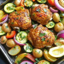 For this Cajun chicken and veggies sheet pan, you need a few key items: - 4 boneless, skinless chicken thighs - 2 cups baby potatoes, halved - 1 bell pepper (red or yellow), sliced - 1 zucchini, sliced into half-moons - 1 red onion, cut into wedges - 3 tablespoons olive oil - 2 tablespoons Cajun seasoning - 1 teaspoon garlic powder - 1 teaspoon paprika - Salt and pepper to taste These ingredients come together to create a dish that is both vibrant and full of flavor. The chicken thighs are juicy and soak up the spices well. The fresh veggies add a nice crunch and color. You can elevate your dish with these simple garnishes: - Fresh parsley, chopped for garnish - Lemon wedges for serving These garnishes add fresh notes. The parsley gives a pop of color, while lemon wedges add a bright zing when squeezed over the meal. Enjoy the blend of flavors that makes every bite a delight! First, preheat your oven to 400°F. This step helps cook everything evenly. Next, line a large baking sheet with parchment paper. This makes cleanup easy and helps prevent sticking. In a big bowl, combine three tablespoons of olive oil with two tablespoons of Cajun seasoning, one teaspoon of garlic powder, one teaspoon of paprika, salt, and pepper. Mix well. Add four boneless, skinless chicken thighs to the bowl. Turn them until fully coated with the marinade. Let them sit for about 15 minutes to soak up the flavors. While the chicken marinates, it's time to prep the veggies. In another bowl, toss two cups of halved baby potatoes, one sliced bell pepper, one sliced zucchini, and one red onion cut into wedges. Drizzle a bit of olive oil over the vegetables. Sprinkle with salt and pepper, then toss to coat them evenly. Now, arrange the marinated chicken thighs on one side of the baking sheet. Place the seasoned vegetables on the other side. Bake everything in the preheated oven for 25 to 30 minutes. Check that the chicken is fully cooked with an internal temperature of 165°F. The vegetables should be tender and slightly caramelized. When done, take them out of the oven and let them rest for a couple of minutes. Marinating chicken is key to great flavor. I suggest you marinate the chicken thighs for at least 15 minutes. This short time helps the chicken absorb the spices well. If you have more time, longer marination works even better. It allows the flavors to deepen. After baking, let the chicken rest for a few minutes. This resting time keeps the juices locked in. Cutting too soon lets the juices run out, drying the meat. When it comes to veggies, you have options. Baby potatoes, bell peppers, zucchini, and red onion work best for this sheet pan meal. These veggies cook well and soak up the Cajun spices. You can also change the vegetables based on the season. In summer, use fresh corn or cherry tomatoes. In fall, try Brussels sprouts or butternut squash. This way, your meal stays fresh and exciting. Cleanup can be a breeze with some smart tricks. Use parchment paper to line your baking sheet. This prevents sticking and makes for easy cleanup. Just peel it off when you’re done! To save time during prep, wash your vegetables right after cutting. This keeps your workspace tidy. You can also prep your veggies in advance. Store them in the fridge until you are ready to cook. This way, you can enjoy a stress-free cooking experience. {{image_2}} Want to ramp up the heat? Try adding sliced jalapeños or serrano peppers. These peppers give your dish a fiery kick. You can also mix in cayenne pepper for extra spice. Just adjust the amount based on your heat tolerance. If you want a meat-free meal, swap the chicken for plant-based proteins. Options like tofu or tempeh work well. For veggies, go for a mix of bell peppers, carrots, and asparagus. They add color and flavor while keeping it healthy. You can easily scale this recipe for meal prep. Just double the ingredients and use a larger sheet pan. This way, you can enjoy meals all week. Pair your sheet pan meal with rice or a simple green salad for balance. After enjoying your Cajun chicken and veggies, it's important to store any leftovers properly. The best way to keep them fresh is to use airtight containers. Make sure to let the dish cool down before sealing it. You can store your leftovers in the fridge for up to three days. For best results, separate the chicken and veggies into different containers. This helps maintain their texture. To enjoy your leftovers, the best way to reheat is in the oven. Preheat the oven to 350°F (175°C). Place the chicken and veggies on a baking sheet. Cover them with foil to keep moisture in. Heat for about 15-20 minutes. If you want a quick option, you can use the microwave. Just make sure to use a microwave-safe dish. Heat in short bursts, stirring in between. This will help keep the flavors intact. You can freeze this dish if you want to store it long term. Make sure to cool the chicken and veggies completely. Then, place them in freezer-safe containers or bags. Remove as much air as possible. This helps prevent freezer burn. Your meal can last for up to three months in the freezer. When ready to eat, thaw it in the fridge overnight. Reheat as mentioned above for best results. Yes, you can use frozen chicken thighs. Just make sure to thaw them before marinating. You can thaw the chicken overnight in the fridge. If you are short on time, you can use the microwave's defrost setting. Once thawed, follow the marinating steps as usual. This will help the chicken absorb the flavors well. If you don’t have Cajun seasoning, you can make your own blend. Combine these spices for a quick mix: - 1 tablespoon paprika - 1 teaspoon garlic powder - 1 teaspoon onion powder - 1 teaspoon thyme - 1 teaspoon oregano - ½ teaspoon cayenne pepper (for heat) Mix them well and use it in place of store-bought Cajun seasoning. This blend adds great flavor to your dish. To check if the chicken is done, use a meat thermometer. Insert it into the thickest part of the thigh. The internal temperature should read 165°F (74°C). If you don’t have a thermometer, you can cut into the chicken. The juices should run clear with no pink meat. Always ensure your chicken is cooked through for safe eating. We explored how to create a simple yet tasty sheet pan chicken dish. We covered essential ingredients, step-by-step instructions, and helpful tips. You can customize this meal to fit your taste. Remember to marinate your chicken well and pick fresh veggies for the best flavor. Don't forget to try different spice blends and freeze leftovers for easy meals later. With these ideas, you can make cooking enjoyable and efficient. Enjoy your time in the kitchen, and happy cooking!