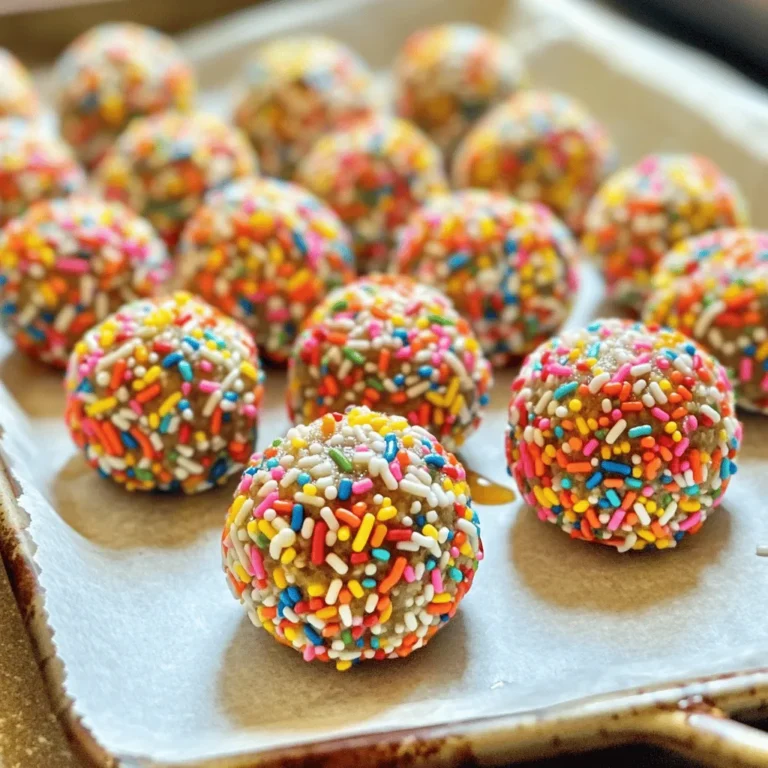 To make your no-bake birthday cake protein balls, gather these simple items: - 1 cup rolled oats - 1/2 cup vanilla protein powder - 1/4 cup almond butter (or peanut butter) - 1/4 cup honey or maple syrup - 1/4 cup unsweetened shredded coconut - 1/4 cup miniature rainbow sprinkles (plus extra for topping) - 1 teaspoon vanilla extract - Pinch of salt - 2-4 tablespoons milk (plant-based or dairy) Each ingredient serves a purpose. The rolled oats give a good base, while the protein powder adds nutrition. Almond or peanut butter provides healthy fats. Sweeteners like honey or maple syrup make them tasty. Shredded coconut adds texture, and rainbow sprinkles bring joy. Vanilla extract gives flavor, and salt balances it all. Use milk to adjust the mix’s texture. By choosing high-quality ingredients, you ensure your protein balls are both healthy and delicious. These ingredients make it easy to create a sweet treat without baking. - First, combine 1 cup of rolled oats and 1/2 cup of vanilla protein powder in a large bowl. - Next, add 1/4 cup of almond butter, 1/4 cup of honey, and 1/4 cup of shredded coconut. - Then, mix in 1/4 cup of miniature rainbow sprinkles, 1 teaspoon of vanilla extract, and a pinch of salt. - Stir all the ingredients well until a dough forms. If it’s too dry, slowly add 2-4 tablespoons of milk. This will help you reach a dough-like consistency. - After the mixture is ready, scoop small portions with your hands. - Roll each portion into balls about 1 inch in diameter. This size is just right for a bite-sized treat. - Place the rolled balls on a parchment-lined baking tray. - Now, refrigerate the balls for at least 30 minutes. This helps them firm up nicely. - When ready to serve, enjoy these protein balls as a tasty snack or a fun treat! For extra fun, roll them in more rainbow sprinkles before serving. To get the right moisture in your protein balls, add milk slowly. Start with 2 tablespoons. Mix well and check if it feels too dry. Add more milk, one tablespoon at a time, until the dough is soft but holds together. If it’s too wet, add a bit more oats or protein powder to balance things out. When rolling the balls, wet your hands slightly. This helps the mixture not stick. Roll each ball to about 1 inch in size. Keep them uniform for even bites. You can change the flavor with extracts. Try almond or coconut extract for a twist. Just use about half the amount you would of vanilla. You can also swap almond butter for peanut butter or cashew butter. Each nut butter brings a unique taste. To make your protein balls pop, roll them in extra rainbow sprinkles. This makes a fun and festive look. You can also pack them in small jars or boxes for gifts. Tie with colorful ribbons for a nice touch. These ideas make your snack not only tasty but also cute! {{image_2}} You can easily make these protein balls gluten-free. Just use gluten-free oats. This small change keeps the balls tasty and safe for those who avoid gluten. For a vegan version, swap honey for maple syrup. Almond butter can stay, or you can use any nut butter you prefer. Want to mix it up? Try chocolate chip birthday cake protein balls. Just add mini chocolate chips to the mix. You can also play with nuts. Use chopped walnuts or pecans for a nutty twist. This adds texture and flavor, making them even more fun to eat. Make your treats fit any celebration! Use seasonal sprinkles for holidays. Think red and green for Christmas or pastel colors for Easter. You can also choose festive colors for birthdays or special events. These small changes make your protein balls perfect for any occasion. Store your no-bake birthday cake protein balls in airtight containers. This prevents them from drying out. Make sure to keep them in the fridge. Keeping them cold helps keep their shape and flavor fresh. These tasty protein balls last about one week in the fridge. If you want to keep them longer, freezing is a great option. You can freeze them for up to three months. Just place them in a freezer-safe container or bag. If the protein balls are cold, let them sit out for a few minutes. This helps them soften slightly. For an even better treat, you can roll them in more rainbow sprinkles before serving. Enjoy them as a fun snack or a post-workout boost! Yes, you can use any protein powder you like. I suggest sticking to a flavor that matches your taste. Vanilla works best, but chocolate or even natural options can work too. The key is to ensure it blends well with the other ingredients. To make these protein balls dairy-free, choose a plant-based milk. Almond, coconut, or oat milk are great choices. You can also use a dairy-free protein powder to keep the recipe completely dairy-free. Absolutely! These protein balls are a fun and healthy treat for kids. They love the taste of vanilla and sprinkles. Plus, they are packed with protein and fiber, making them a great snack. If your mixture is sticky, add more rolled oats. Start with one tablespoon at a time. Mix well after each addition until you reach a texture that is easier to roll into balls. Yes! Feel free to add mix-ins like nuts, seeds, or dried fruit. Chocolate chips or different types of sprinkles can also bring a fun twist. Just make sure to adjust the wet ingredients if needed. These protein balls are easy to make and fun to customize. We explored the ingredients, showing how rolled oats and nut butter form the base. You learned simple steps to combine, roll, and chill them. Remember, you can adjust flavors or add festive sprinkles. Store them properly to keep them fresh. Feel free to experiment with variations that fit your taste. With these tips, you can create a tasty snack that works for everyone. Enjoy making your own delicious protein balls!