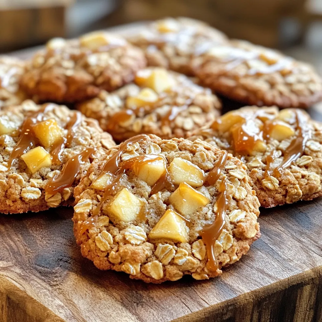 To make these tasty cookies, you need a few key items: - 1 cup rolled oats - 1 cup all-purpose flour - 1/2 teaspoon baking soda - 1/2 teaspoon cinnamon - 1/4 teaspoon nutmeg - 1/2 cup unsalted butter, softened - 1/2 cup brown sugar, packed - 1/4 cup granulated sugar - 1 large egg - 1 teaspoon vanilla extract - 1 cup diced apples (peeled and cored) - 1/2 cup caramel bits or soft caramel candies, chopped - 1/2 cup chopped walnuts or pecans (optional) - Pinch of salt These ingredients come together to create a warm and sweet flavor. The oats add chewiness, while the apples provide moisture and crunch. The caramel bits melt to give a gooey texture that makes each bite special. If you want to make changes, here are some ideas: - Swap out the butter for coconut oil or vegan butter. - Use a flax egg instead of a regular egg (1 tablespoon ground flaxseed + 2.5 tablespoons water). - Replace the all-purpose flour with a gluten-free option like almond flour. These swaps keep the cookies delicious while catering to different diets. Using fresh ingredients matters a lot in baking. Fresh apples taste better and stay crisp. Old spices lose their flavor and can make the cookies bland. Always check your pantry for freshness before you bake. This simple step greatly improves your cookies. Quality ingredients lead to a better end product. Trust me, it is worth it! First, you need to gather your ingredients. You will need rolled oats, flour, baking soda, cinnamon, nutmeg, salt, butter, brown sugar, granulated sugar, an egg, vanilla, diced apples, caramel bits, and nuts if you want. Preheat your oven to 350°F (175°C). This step is key to getting the right texture in your cookies. Line your baking sheet with parchment paper to keep them from sticking. 1. In a large bowl, mix the rolled oats, flour, baking soda, cinnamon, nutmeg, and salt. This mix will give your cookies a warm flavor. 2. In another bowl, cream the softened butter, brown sugar, and granulated sugar. Mix until it looks light and fluffy. This step adds air to your dough. 3. Add the egg and vanilla extract to the butter mix. Beat it well until it's fully combined. 4. Slowly add the dry oat mix to the wet mix. Stir until just combined. You don’t want to overmix. 5. Gently fold in the diced apples, caramel bits, and chopped nuts if you choose to use them. This is where the magic happens! 6. Use a cookie scoop or a tablespoon to drop the dough onto the baking sheet. Leave enough space between each cookie. 7. Bake for 10-12 minutes. Look for golden edges and soft centers to know they are done. 8. Once baked, let them cool on the sheet for a few minutes. Then, move them to a wire rack to cool completely. To get the best cookies, remember these tips: - Use softened butter, not melted. This helps the cookies rise. - Don't skip the resting time after baking. It helps them firm up. - If you want chewy cookies, watch the baking time closely. - For crispier edges, bake a minute longer. - Store cooled cookies in an airtight container to keep them fresh. These steps will guide you to make delightful caramel apple oatmeal cookies that everyone will love! To keep your cookies from spreading too much, follow these simple tips. First, chill the dough for about 30 minutes. This makes it firm and helps the cookies hold their shape. Second, be sure to use a lined baking sheet. Parchment paper keeps cookies from sticking and helps with even baking. Lastly, don’t skip the baking soda; it gives the cookies a little lift. Storing cookies properly keeps them fresh and tasty. Place your cooled cookies in an airtight container. This prevents them from drying out. If you want to keep them longer, you can freeze them. Just place the cookies in a freezer-safe bag. They can last up to three months in the freezer. These cookies shine when served warm. A drizzle of extra caramel sauce on top makes them even sweeter. Pair them with a scoop of vanilla ice cream for a lovely dessert. You can also enjoy them with a hot cup of tea or coffee. Each bite is a delightful mix of flavors that brings joy to every moment. {{image_2}} You can easily change up this cookie recipe. Try adding different nuts or dried fruits. Chopped pecans or walnuts add crunch. Dried cranberries or raisins give a sweet twist. You can also swap the spices. Use ginger or cardamom for a new flavor. Want extra sweetness? Add chocolate chips or butterscotch chips! To make these cookies gluten-free, switch the all-purpose flour for gluten-free flour. Many brands work well. Make sure to check the label for a good mix. Also, use certified gluten-free oats. This way, everyone can enjoy these tasty treats without worry. You can change the fruit based on the season. In fall, use diced pears or pumpkin puree. In spring, try fresh strawberries or blueberries. Each fruit brings its unique flavor. Mixing in different fruits keeps the recipe fun and fresh. Get creative and enjoy the variety! To keep your caramel apple oatmeal cookies fresh, store them in an airtight container. Place parchment paper between layers to prevent sticking. Store them at room temperature for up to a week. For longer freshness, keep them in the fridge. Just remember, cookies will harden in the fridge, so let them warm up before eating. If you want to save your cookies for later, freezing is a great option. First, let the cookies cool completely. Then, place them in a single layer on a baking sheet. Freeze for about an hour. Once frozen, transfer them to a freezer-safe bag or container. They can last up to three months in the freezer. When ready to eat, just thaw at room temperature or warm them in the oven for a few minutes. If your cookies become stale, don’t worry! You can bring them back to life. Place them in a preheated oven at 300°F (150°C) for about five minutes. This will help restore their softness. You can also add a slice of bread to the container with the cookies. The bread will help keep the cookies moist. Enjoy your revived treats! Yes, you can use quick oats. They will change the texture slightly. Quick oats absorb liquid faster, which may make the cookies softer. If you prefer a chewier cookie, stick with rolled oats. Chop the apples into small, even dice. Aim for about 1/4 inch pieces. This size cooks well and mixes into the dough nicely. Make sure to peel and core the apples first for the best taste. These cookies can stay fresh for about one week. Store them in an airtight container at room temperature. If you want them to last longer, consider freezing them. Yes, you can make the dough ahead. Chill it for up to 24 hours in the fridge. When you’re ready to bake, just scoop and bake. This saves time on busy days. If you don’t have caramel bits, use soft caramel candies. Chop them into small pieces. You can also try chocolate chips for a fun twist. They add a different flavor but still taste great. In this blog post, I covered how to make delicious caramel apple oatmeal cookies. We discussed key ingredients, possible substitutions, and the value of fresh items. I provided step-by-step instructions for mixing and baking. Tips and tricks helped ensure your cookies maintain freshness and perfect texture. You learned about variations, storage methods, and common questions. Enjoy experimenting with flavors while baking! Your cookie journey can be fun and tasty.