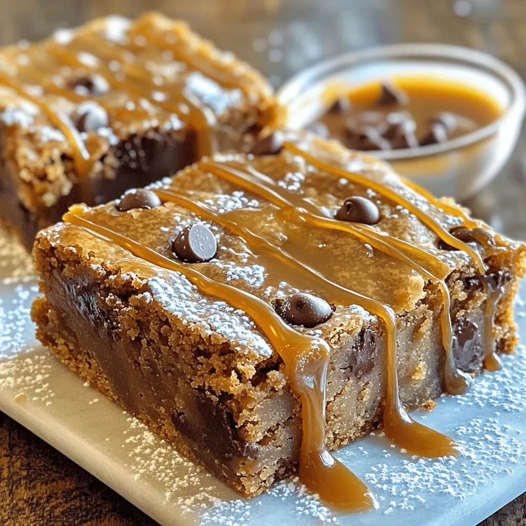 - 1 cup unsalted butter - 1 ½ cups brown sugar - 2 large eggs - 2 teaspoons vanilla extract - 2 cups all-purpose flour - ½ teaspoon baking powder - ¼ teaspoon baking soda - ½ teaspoon salt - 1 cup chocolate chips - ½ cup caramel sauce (store-bought or homemade) Brown butter caramel blondies need simple yet rich ingredients. First, the unsalted butter is key. It adds creaminess and flavor. Brown sugar gives a deep sweetness that pairs well with the caramel. Eggs help hold the blondies together. Vanilla extract enhances the flavor. Next, we mix in dry ingredients. All-purpose flour is the main base. Baking powder helps them rise. Baking soda keeps them soft. Salt balances the sweetness. Finally, the fun part—additions! Chocolate chips add richness. You can use dark or milk chocolate. Caramel sauce brings a gooey texture. You can buy it or make it at home. This blend of ingredients creates the perfect dessert. - Preheat oven to 350°F (175°C) - Prepare the baking pan Start by preheating your oven to 350°F (175°C). This ensures even baking. Grease a 9x13 inch baking pan or line it with parchment paper. This makes it easy to lift out the blondies later. - Melt and brown the butter - Cool slightly before mixing Next, let’s make the brown butter. In a medium saucepan, melt 1 cup of unsalted butter over medium heat. Stir it often. Cook until it turns golden brown and smells nutty. This takes about 5-7 minutes. Watch closely so it does not burn. Once browned, remove it from heat and let it cool slightly. - Mix sugar and eggs - Combine dry ingredients - Fold chocolate chips into the batter In a large bowl, mix the browned butter with 1 ½ cups of packed brown sugar. Whisk this until smooth. Next, add 2 large eggs, one at a time. Make sure each egg mixes in well before adding the next. Then, stir in 2 teaspoons of vanilla extract. In another bowl, whisk together 2 cups of all-purpose flour, ½ teaspoon of baking powder, ¼ teaspoon of baking soda, and ½ teaspoon of salt. Gradually add this dry mix to the wet ingredients. Mix until just combined; do not overmix. Finally, gently fold in 1 cup of chocolate chips. Save a few for the top. - Layer blondie batter and caramel - Add toppings Pour half of the blondie batter into your prepared baking pan. Drizzle half of the ½ cup of caramel sauce over this layer. Carefully spread the rest of the blondie batter on top. Finish by adding the reserved chocolate chips and drizzle the rest of the caramel sauce on top. - Bake time and tips for doneness Bake your blondies for 20-25 minutes. The edges should be golden brown. A toothpick inserted into the center should come out with a few moist crumbs. This means they are done. - Cool before slicing - Presentation ideas After baking, let the blondies cool in the pan for at least 15 minutes. This makes slicing easier. When ready, cut them into squares. For a nice touch, serve warm or at room temperature. Dust with powdered sugar and offer extra caramel sauce on the side. A scoop of vanilla ice cream makes it even better! - Look for a golden brown color and a nutty smell. - Stir frequently to avoid burning. - Watch closely as it can change fast. - Don’t add water or cold ingredients to hot butter. - Use unsalted butter for better control of salt. - Blondies are done when edges are golden. - A toothpick should come out with a few moist crumbs. - For chewy blondies, underbake slightly. - For cakey blondies, bake until toothpick is clean. - Keep an eye on time; ovens can vary. - Serve warm with a scoop of vanilla ice cream. - Drizzle extra caramel sauce on top for more flavor. - Dust with powdered sugar for a pretty touch. - Add nuts or chocolate shavings for a fancy look. - Perfect for parties or just a cozy night in. {{image_2}} You can make brown butter caramel blondies even more fun! Adding nuts like walnuts or pecans gives a nice crunch. You can also try different types of chocolate. Dark chocolate chips add a rich taste, while white chocolate brings sweetness. For a cozy twist, sprinkle in some cinnamon. This spice warms up the flavor and makes every bite special. Want to make these blondies gluten-free? Use a gluten-free flour blend instead of all-purpose flour. This swap keeps the blondies tasty. If you need vegan options, try using flax eggs instead of real eggs. Mix one tablespoon of ground flaxseed with three tablespoons of water for each egg. You can use coconut oil instead of butter for a dairy-free treat. Get creative with seasonal flavors! For fall, add pumpkin spice to the batter for a cozy vibe. During the holidays, a touch of peppermint can make your blondies festive. Just crush peppermint candies and mix them in. These small changes make your blondies perfect for any time of year! Brown butter caramel blondies stay fresh for about three days at room temperature. To keep them soft, place them in an airtight container. You can also cover them with plastic wrap. This helps prevent them from drying out. Avoid stacking them to keep the tops smooth and pretty. If you want to keep blondies longer, refrigerate them. They can last up to a week in the fridge. Just store them in an airtight container. For longer storage, you can freeze blondies. Wrap each piece tightly in plastic wrap, then place them in a freezer bag. They can stay fresh for up to three months in the freezer. To enjoy blondies warm, you can reheat them. The best method is to use the oven. Preheat it to 350°F (175°C). Place the blondies on a baking sheet and heat them for about 5-10 minutes. This keeps them soft and gooey. You can also use a microwave. Heat each piece for about 10-15 seconds. Enjoy them warm with a drizzle of caramel sauce! Brown butter caramel blondies are sweet bars made with brown sugar and butter. They have a rich, nutty taste thanks to the browned butter. The caramel adds a sweet and gooey layer, making these blondies a delight. They are chewy and soft with a lovely texture. You can also find chocolate chips mixed in for extra flavor. Yes, you can make these blondies ahead of time. Bake them and let them cool completely. After cooling, cut them into squares. Place the blondies in an airtight container. You can store them for up to three days at room temperature. This way, you can enjoy them fresh when needed. To store leftover blondies, let them cool completely first. Place them in an airtight container. You can keep them at room temperature for about three days. If you want them to last longer, store them in the fridge. They will stay fresh for about a week in the fridge. You can use white sugar instead of brown sugar, but it will change the flavor. Brown sugar gives a rich, caramel-like taste. If you use white sugar, the blondies will be less sweet and not as moist. The texture may also be different. If you don’t have caramel sauce, you have options. You can make a simple caramel at home with sugar and butter. Another choice is to use butterscotch sauce for a similar flavor. You can even skip it and enjoy plain blondies with chocolate chips instead! In this blog post, we explored how to make delicious brown butter caramel blondies. We detailed the core ingredients, the step-by-step process, and helpful tips to perfect your blondies. Don't forget to get creative with flavor variations and storage tips to keep them fresh. Enjoy baking these treats and share them with friends! You'll impress everyone with your skills. Happy baking!
