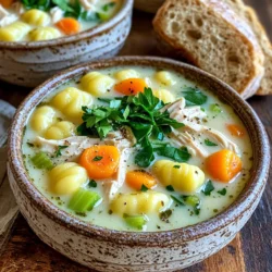 - 1 pound boneless, skinless chicken breasts - 3 cups chicken broth - 2 cups diced potatoes (Yukon gold or red potatoes) - 1 cup diced carrots - 1 cup diced celery - 1 teaspoon garlic powder - 1 teaspoon onion powder - 1 teaspoon dried thyme - 1 cup heavy cream - 2 cups fresh spinach - 16 oz gnocchi (store-bought or homemade) - Salt, pepper, and fresh parsley for garnish The main ingredients in this soup give it a rich and hearty flavor. Chicken breasts add protein and a savory taste. The chicken broth builds a warm base that brings all the flavors together. Diced potatoes and carrots add great texture and sweetness. For more flavor, I add garlic powder, onion powder, and thyme. These spices create a delicious aroma while cooking. The celery adds crunch and freshness. When it’s time to finish the soup, I stir in heavy cream for creaminess. Fresh spinach adds color and nutrients. Finally, I toss in gnocchi, which gives it a satisfying bite. You can garnish with salt, pepper, and parsley for a lovely look. This soup is perfect for sharing with family or friends. - Place chicken breasts at the bottom of the slow cooker. - Layer with diced potatoes, carrots, and celery. This step builds a solid base. The chicken stays moist and flavorful as it cooks. Layering the veggies on top keeps them tender and delicious. - Sprinkle garlic powder, onion powder, thyme, and Italian seasoning. - Pour chicken broth over the layered ingredients. Seasoning adds depth to the soup. The broth brings everything together. It submerges the layers, ensuring even cooking. - Cook on low for 6-7 hours or high for 3-4 hours. - Shred chicken after cooking and return to slow cooker. Cooking on low gives the best flavors. If you’re short on time, high works too. Shredding the chicken adds it back into the mix for more flavor. - Stir in heavy cream and uncooked gnocchi. - Cook on high for an additional 30 minutes. The cream makes the soup rich and smooth. Gnocchi cooks quickly and absorbs good flavors. - Stir in fresh spinach just before serving. - Garnish and ladle into bowls. Adding spinach at the end keeps it vibrant. Fresh parsley on top adds a nice touch. Serve with crusty bread for dipping! Choosing the right potatoes is key to great texture. I recommend Yukon gold or red potatoes. These types stay firm and creamy. Avoid starchy potatoes like russets. They can become mushy in the soup. Quality chicken broth makes a big difference in flavor. Use homemade broth if you can. If not, choose a low-sodium store brand. This helps you control the salt in your soup. Slow cookers can vary in heat. If your model cooks hot, check your soup earlier. You can adjust the cooking time based on what you see. Ensure the chicken is cooked through before shredding. Gnocchi cooks quickly. You only need about 30 minutes in the slow cooker. Check for doneness by tasting a piece. It should be soft and slightly chewy. Feel free to add more herbs or spices to suit your taste. A pinch of red pepper flakes adds warmth. Fresh herbs like basil or oregano can also boost flavor. You can add more veggies for nutrition. Consider adding zucchini, peas, or bell peppers. Just chop them small so they cook evenly. This can make the soup even more hearty and colorful. {{image_2}} You can switch the chicken for turkey. Use cooked rotisserie chicken for a quick option. Just shred it and add it near the end of cooking. For a vegetarian version, try using chickpeas or lentils. Both add protein and texture. You can also use vegetable broth for a full vegetarian experience. If you want to make your own gnocchi, it’s fun and easy! Use a mix of potatoes and flour. Roll, cut, and shape them into small pieces. If gluten-free is your goal, look for gluten-free gnocchi at the store. Many brands make tasty options that fit right in this soup. You can change the soup's taste with different herbs and spices. Basil and rosemary offer freshness, while a pinch of red pepper adds heat. If you prefer a creamier soup, add more heavy cream. For a lighter broth, use less cream and more chicken broth. This way, you can create your perfect bowl of soup! To store leftover soup, let it cool first. Transfer it to airtight containers. I recommend using glass or BPA-free plastic containers. These keep the soup fresh longer. Make sure to seal them tightly. Label containers with the date. This way, you can track how long they have been in the fridge. You can freeze Slow Cooker Chicken Gnocchi Soup for later use. First, cool the soup completely. Then, pour it into freezer-safe bags or containers. Remove as much air as possible. This helps prevent freezer burn. When you want to eat it, thaw the soup in the fridge overnight. For reheating, warm it on the stove or in the microwave. Stir well to ensure even heating. In the fridge, the soup lasts about 3 to 4 days. If you freeze it, the shelf life extends to about 3 months. After that, the quality may decline, but it will still be safe to eat. Always check for off smells or changes in texture before eating. Yes, you can make this soup in advance. I often prep the ingredients the night before. Here are some tips for pre-prepping: - Chop the veggies: Dice the potatoes, carrots, and celery and store them in the fridge. - Season the chicken: Rub the chicken with garlic powder, onion powder, thyme, and Italian seasoning. This lets the flavors soak in. - Measure the broth: Have the chicken broth ready to pour in. - Prep the cream and gnocchi: Keep the heavy cream and gnocchi separate until cooking time. This way, you can throw everything in the slow cooker in the morning. It makes dinner a breeze! Chicken gnocchi soup pairs well with several side dishes. Here are my top picks: - Crusty bread: A warm baguette or sourdough is perfect for dipping. - Simple salad: A fresh green salad adds a nice crunch and balance. - Garlic bread: Toasted garlic bread is always a hit with soup. - Cheese toast: Melted cheese on toast makes for a lovely side. These options complement the flavors of the soup and make your meal feel complete. Storing leftover gnocchi soup properly helps keep it fresh. Here are the best practices: - Use airtight containers: Store the soup in glass or plastic containers with tight lids. - Cool before storing: Let the soup cool down to room temperature before sealing it. - Refrigerate: It lasts about 3 to 4 days in the fridge. - Freeze for longer storage: For longer storage, freeze the soup in portions. Just leave out the cream and gnocchi before freezing. When you want to eat it, thaw it overnight in the fridge. Reheat on the stove and add cream and gnocchi before serving. Enjoy your delicious soup later! This blog post helps you create a tasty, hearty Slow Cooker Chicken Gnocchi Soup. You learned about the main ingredients, like chicken, potatoes, and broth, and how to prepare and cook them. I shared tips for selecting ingredients and keeping it flavorful. You can also try variations with different proteins or gnocchi types. Remember to store leftovers properly to enjoy later. With these guidelines, you'll make a warm, comforting dish that everyone will love. Happy cooking!