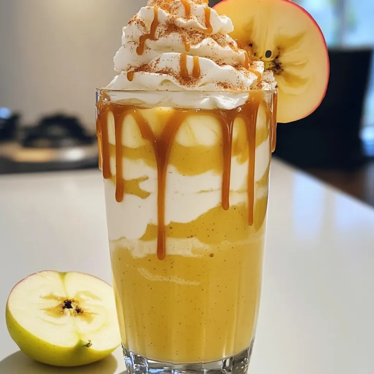 - 1 large apple (cored and chopped) - 1 ripe frozen banana - 1 cup unsweetened almond milk (or milk of choice) - 2 tablespoons caramel sauce (plus extra for drizzling) - 1 tablespoon natural peanut butter (or almond butter) - 1/2 teaspoon ground cinnamon - 1/4 teaspoon vanilla extract - Ice cubes (optional) - Whipped cream (optional) For my Caramel Apple Smoothie, I love using a sweet apple like Honeycrisp. It gives the smoothie a great flavor. You will need a ripe frozen banana to create a creamy texture. Frozen fruit blends smoothly, making it perfect for this drink. Almond milk works well, but you can use any milk you like. Caramel sauce adds a rich sweetness. I like to drizzle some extra caramel on top for a treat. Peanut butter not only adds taste but also makes the smoothie filling. Ground cinnamon gives a warm spice, while vanilla extract rounds it out. If you want your smoothie colder, toss in a few ice cubes. Whipped cream is optional but adds a lovely finish. You can make this drink in just ten minutes, and it serves two. - First, core and chop the apple into small pieces. - Next, ensure your banana is frozen. This gives the smoothie a creamy texture. - Now, combine the chopped apple and frozen banana in a blender. - Add one cup of almond milk, two tablespoons of caramel sauce, and one tablespoon of peanut butter. - Sprinkle in half a teaspoon of ground cinnamon and a quarter teaspoon of vanilla extract. - If you want it colder, toss in a few ice cubes. - Blend on high until everything is smooth and creamy. - Taste the smoothie. You can add more caramel if you want it sweeter. - Pour the smoothie into a tall glass. - If you like, top it with whipped cream. - Drizzle some extra caramel sauce over the whipped cream for a tasty finish. - Finally, sprinkle a pinch of ground cinnamon on top for extra flavor. To get a creamy drink, use a frozen banana. It adds coldness and smoothness. A powerful blender is key too. It blends all the ingredients evenly for a great texture. If you want more sweetness, add extra caramel. Start with one tablespoon. Blend, taste, and add more if needed. For a sweeter option, use honey or maple syrup. Both add nice flavors without being too much. For a pretty look, serve in a tall glass. Top it with whipped cream and drizzle caramel on it. A pinch of cinnamon on top adds flair. You can enjoy this smoothie with a straw or sip it slowly. Add a sliced apple on the rim for a fun touch. {{image_2}} You can change the taste of your caramel apple smoothie by adding other fruits. Try adding a handful of berries for a sweet twist. Peaches or pears can also work well. You could even mix in a bit of spinach for a green boost. If you want a nutty flavor, swap peanut butter for almond butter or cashew butter. Each one adds a unique taste to your drink. For a vegan option, use almond milk and a plant-based caramel sauce. This way, you keep it tasty and plant-friendly. If you want a low-calorie version, skip the whipped cream and use less caramel. You can sweeten your smoothie with a touch of honey or maple syrup if needed. These small swaps can help fit your dietary needs without losing flavor. Seasonal changes can inspire fun new flavors. In fall, add pumpkin spice to your smoothie for a cozy taste. It pairs nicely with the apple and caramel. In summer, think tropical! Add in pineapple or mango for a refreshing twist. These fruits bring a bright, sunny vibe to your smoothie. Enjoy experimenting with your favorite tastes! To keep your caramel apple smoothie fresh, store it in the refrigerator. Pour any leftover smoothie into a sealed container. This helps prevent it from absorbing other flavors. It will stay good for about one day. If you want to freeze leftover smoothie, pour it into ice cube trays. Once frozen, transfer the cubes to a freezer bag. This way, you can use them later in smoothies or as ice for drinks. You do not need to reheat a smoothie. Instead, if it separates, give it a good shake or stir. If you want to repurpose the smoothie, think about adding it to a bowl. Top it with granola or fresh fruit for a yummy breakfast. You can also blend it again with yogurt for a creamier drink. This helps to keep the flavors fresh and exciting! I love using sweet apples like Honeycrisp or Fuji. They add great flavor and sweetness. Tart apples like Granny Smith can work too, but they may require more sweetener. The goal is to find a balance that makes your smoothie tasty and enjoyable. Fresh bananas can work, but they won't give that thick, creamy texture. Frozen bananas make the smoothie smooth and cold. If you use fresh, consider adding ice cubes to keep it cool. To make this smoothie dairy-free, just use almond milk or any plant-based milk. Options like oat or coconut milk also work well. This way, you can enjoy the same creamy goodness without dairy. Yes, you can meal prep this smoothie! Prepare the chopped apple and frozen banana ahead of time. You can also mix the dry ingredients in a jar. Just blend everything together when you're ready to enjoy it. This saves time and keeps your smoothie fresh. In this post, we explored how to make a delicious smoothie using simple ingredients. Starting with a large apple and ripe frozen banana, I shared step-by-step instructions on blending for the perfect texture. We covered tips for sweetness and fun variations to try with different fruits and nut butters. Lastly, I provided storage advice to keep your smoothie fresh. Enjoy experimenting and personalizing your blend to make it truly yours!