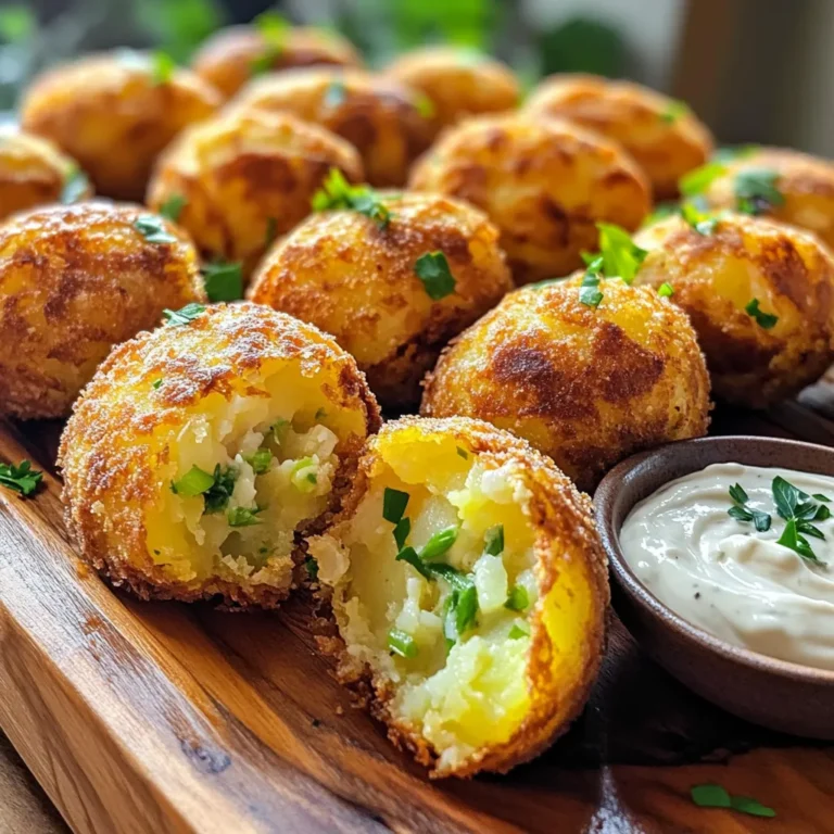 - 4 large potatoes, peeled and cubed - 1 cup grated cheese (cheddar or mozzarella) - 1/4 cup grated Parmesan cheese - 1/4 cup chopped green onions - 1/2 teaspoon garlic powder - 1/2 teaspoon onion powder - 1 teaspoon salt - 1/2 teaspoon black pepper - 1/2 cup all-purpose flour - 2 large eggs, beaten - 1 cup breadcrumbs (preferably panko for extra crunch) - Cooking spray To make the best air fryer crispy potato croquettes, you need fresh ingredients. Start with four large potatoes. Peel them and cut them into cubes. This step helps them cook evenly. Cheese adds flavor and creaminess. You can use cheddar or mozzarella. Parmesan cheese gives a nice salty kick. Next, green onions add freshness and color. You will also need garlic powder and onion powder for depth of flavor. Salt and black pepper enhance all the other tastes. Get all-purpose flour for breading and eggs to help the coating stick. Panko breadcrumbs are key for that extra crunch. Finally, cooking spray gives a nice finish to the croquettes. Gather these ingredients, and you are ready to create something delicious! Boil the cubed potatoes in a big pot. Add salt to the water. Cook them until they are fork-tender, which takes about 15 to 20 minutes. Drain the potatoes well. Let them cool for a few minutes before you mash them. Mash the potatoes in a large bowl until smooth. Then, stir in the grated cheese, Parmesan, and chopped green onions. Add garlic powder, onion powder, salt, and black pepper. Mix well. It’s key to chill this mixture in the fridge for 30 minutes. This helps the croquettes hold their shape when you form them. After chilling, take the potato mixture out. Shape it into small logs or round balls, about the size of a golf ball. Next, set up your breading station. Put flour in one shallow dish. Pour the beaten eggs into another dish. Place breadcrumbs in a third dish. This will make breading easier. Preheat your air fryer to 375°F (190°C). Lightly spray the basket with cooking spray. Arrange the croquettes in a single layer. Make sure they do not touch each other. You might need to cook in batches. Spray the tops of the croquettes with cooking spray. Air fry them for 12 to 15 minutes. Flip them halfway through cooking. They should look golden brown and crispy when done. Remove them and let cool slightly before serving. To get that perfect crispy texture, panko breadcrumbs are a must. Panko is lighter and flakier than regular breadcrumbs. This means they create a crunchier crust. You want your croquettes to have that delightful crunch! Using cooking spray is also key. A light spray helps the croquettes brown evenly. Make sure to spray both the basket and the tops of the croquettes before cooking. This ensures they cook perfectly without sticking. If you have any leftovers, store them in the fridge. Use an airtight container to keep them fresh. They can last about three days. To reheat, you can use the air fryer again. Set it to 350°F (175°C) and heat for about 5-7 minutes. This will help restore that crispy texture. You can also use the oven if you prefer. Just make sure they are heated through before serving. {{image_2}} You can change the cheese in this recipe. If you want a different taste, try feta or gouda. Both bring unique flavors that can surprise your guests. Adding herbs or spices can give your croquettes a twist. Think of fresh parsley, chives, or even dill. A pinch of paprika or cayenne pepper can also add a nice kick. Get creative and mix flavors you love. If you need gluten-free croquettes, it's easy! Use gluten-free flour and gluten-free breadcrumbs. This way, everyone can enjoy them without worry. For a vegan version, swap the eggs with a flaxseed mixture. Mix one tablespoon of ground flaxseed with three tablespoons of water. Let it sit until it thickens. Replace cheese with vegan cheese or nutritional yeast for that cheesy flavor. You can still enjoy delicious croquettes while keeping it plant-based! To keep your croquettes fresh, let them cool completely before storing. Place them in an airtight container. You can use a glass or plastic container with a tight lid. This helps to lock in moisture and flavor. If you plan to eat them within a few days, store them in the fridge. They should stay good for about 3-4 days this way. You can freeze croquettes before or after cooking. To freeze them before cooking, shape the croquettes and place them on a baking sheet. Make sure they do not touch. Freeze them until solid, then transfer them to a freezer bag. This way, they stay fresh for up to 3 months. If you want to freeze them after cooking, allow them to cool first. Then, place them in a freezer-safe container. When you’re ready to eat, just take them out. To thaw, place them in the fridge overnight. Then, reheat them in the air fryer for about 5-7 minutes at 375°F (190°C) until crispy. Enjoy your tasty croquettes! You can dip your croquettes in many tasty sauces. Popular choices include garlic aioli and sour cream. Garlic aioli adds a creamy and rich flavor. Sour cream offers a smooth, tangy taste. You can also try ketchup or a spicy sauce if you like a kick. Feel free to explore different dips to find your favorite! The croquettes are done when they look golden brown. You should hear a nice crunch when you bite into them. If they feel firm and not soft, they are ready. Cooking them for 12-15 minutes at 375°F gives great results. Flipping them halfway through helps achieve that perfect crunch. Yes, you can make croquettes ahead of time. Prepare the potato mixture and shape the croquettes. Then, refrigerate them for up to 24 hours. This chilling step helps them hold their shape. When you are ready to cook, just air fry them straight from the fridge. You can also freeze them before cooking. Just thaw them in the fridge overnight and cook as usual. Enjoy your easy meal! You learned how to make tasty potato croquettes step by step. We covered ingredients, cooking methods, and smart tips. Remember to chill your mixture for best results and use panko for crunch. You can mix in different cheeses or make these croquettes gluten-free or vegan. Enjoy your delicious snacks and share them with friends. Happy cooking!