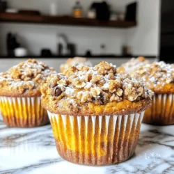 - 1 cup pumpkin puree (canned or fresh) - 1/2 cup brown sugar - 1/2 cup granulated sugar - 1/2 cup vegetable oil - 2 large eggs - 1 teaspoon vanilla extract - 1 1/2 cups all-purpose flour - 1 teaspoon baking powder - 1 teaspoon baking soda - 1 teaspoon ground cinnamon - 1/2 teaspoon ground nutmeg - 1/4 teaspoon ground ginger - 1/2 teaspoon salt - 1 cup semi-sweet chocolate chips - For the Streusel Topping: - 1/2 cup all-purpose flour - 1/4 cup brown sugar - 1/4 cup rolled oats - 1/4 teaspoon cinnamon - 1/4 cup cold butter, cubed Each ingredient plays a key role in making these muffins special. The pumpkin puree gives moisture and flavor. It adds a warm, earthy taste. Brown sugar and granulated sugar balance each other. They sweeten without overpowering the pumpkin. Vegetable oil keeps the muffins soft and tender. Eggs add structure and help bind the mix together. The vanilla extract gives a hint of sweetness and warmth. The dry ingredients are essential for texture. Flour forms the base, while baking powder and baking soda help the muffins rise. Spices like cinnamon, nutmeg, and ginger bring warmth. They add that cozy fall feeling. Salt enhances all the flavors. Chocolate chips add a delightful sweetness. They melt slightly, creating pockets of rich chocolate in each bite. The streusel topping adds crunch. It contrasts beautifully with the soft muffins. Flour, brown sugar, oats, and cold butter mix to create a crumbly texture. This topping makes your muffins even more tempting. Gather all these ingredients, and you’re ready to bake a treat that will delight everyone! 1. Preheat your oven to 350°F (175°C). This step warms up the oven for baking. 2. Prepare your muffin tin. You can use paper liners or grease it well to prevent sticking. 3. In a large bowl, whisk together the pumpkin puree, brown sugar, granulated sugar, vegetable oil, eggs, and vanilla extract. Mix until it is smooth and creamy. 4. In another bowl, sift together the flour, baking powder, baking soda, cinnamon, nutmeg, ginger, and salt. This helps mix the dry ingredients well. 1. Gently fold the dry ingredients into the wet mixture using a spatula. Stop when just combined. Over-mixing can make muffins tough. 2. Now, incorporate the chocolate chips gently. You want them evenly spread through the batter for the best flavor. 1. In a small bowl, mix the flour, brown sugar, oats, and cinnamon for the streusel. 2. Add the cubed cold butter. Use your fingers or a pastry cutter to mix until it looks like coarse crumbs. 1. Fill each muffin cup about two-thirds full with the pumpkin batter. 2. Sprinkle the streusel topping evenly over each muffin. 3. Bake in your preheated oven for 18-20 minutes. Insert a toothpick into the center to check for doneness. It should come out clean. 4. Let the muffins cool in the pan for about 5 minutes. Then, transfer them to a wire rack to cool completely. To make your muffins fluffy, use room temperature eggs. Cold eggs can make the batter dense. Also, do not overmix. Gently fold the wet and dry ingredients together until just combined. This keeps air in the batter, giving your muffins a light texture. For measuring ingredients accurately, use dry measuring cups for flour and sugar. Spoon flour into the cup instead of scooping it directly. This prevents packing and ensures you use the right amount. For serving, dust your muffins with powdered sugar for a sweet touch. You can also add a pat of butter on the side. This will enhance the flavor and make each bite more delicious. To keep your muffins fresh, store them in an airtight container at room temperature. They stay soft for about three days. If you want to keep them longer, freeze them. Place muffins in a freezer-safe bag, and they will last up to three months. {{image_2}} You can tweak the flavors in these muffins. Try adding different spices. For instance, you can use allspice or cloves for more warmth. You can also replace vanilla extract with almond extract for a nutty touch. If you want a crunch, swap out chocolate chips for chopped nuts or dried fruit. Walnuts or pecans pair well with pumpkin. Dried cranberries or raisins add a lovely sweetness. Each option can change the muffin’s taste and feel. To make these muffins healthier, you can reduce the sugar. Use less brown sugar or granulated sugar. You can also try using natural sweeteners like honey or maple syrup. If you need gluten-free muffins, substitute all-purpose flour with a gluten-free blend. Adding whole grains is another smart choice. You can mix in oats or whole wheat flour. This adds fiber and makes the muffins more filling. Each change keeps the muffins tasty while boosting nutrition. To keep your pumpkin chocolate chip streusel muffins fresh, store them correctly. At room temperature, place them in an airtight container. This helps keep them soft for about 2 to 3 days. If you want them to last longer, freezing is a great option. Wrap each muffin tightly in plastic wrap. Then, put them in a freezer-safe bag. This way, they can stay fresh for up to 3 months. When you want to enjoy them again, simply take out the desired amount and let them thaw at room temperature. Reheating your muffins can bring back their fresh taste. Here are some easy methods: - Microwave: Place a muffin on a microwave-safe plate. Heat for 10-15 seconds. Check if it’s warm enough. - Oven: Preheat your oven to 350°F (175°C). Wrap the muffins in foil. Heat for about 10 minutes. This method keeps them soft and tasty. - Toaster Oven: If you have a toaster oven, set it to 350°F (175°C). Place the muffin inside for about 5-7 minutes. It will warm up nicely. Enjoy your pumpkin chocolate chip streusel muffins warm for the best flavor! Can I use fresh pumpkin instead of canned? Yes, you can use fresh pumpkin. Just cook and puree it first. Fresh pumpkin adds a nice flavor, but it should be well-drained. How long can I store these muffins? You can store these muffins for about three days at room temperature. Keep them in an airtight container. For longer storage, freeze them for up to three months. Can I make the batter ahead of time? Yes, you can make the batter ahead. Store it in the fridge for up to 24 hours. Just mix well before baking. What can I use instead of eggs? You can use unsweetened applesauce or mashed banana as an egg substitute. Use 1/4 cup for each egg. This will keep the muffins moist. How do I know when the muffins are done baking? Insert a toothpick into the center of a muffin. If it comes out clean or with a few crumbs, they are done. Bake for 18-20 minutes and check early if needed. You learned how to make pumpkin chocolate chip streusel muffins. We covered essential ingredients, step-by-step instructions, and helpful tips. With these, you can bake delicious muffins easily. Remember, you can vary flavors or make them healthier too. Proper storage keeps muffins fresh and tasty. I hope you feel confident to try this recipe and share it with others. Happy baking!