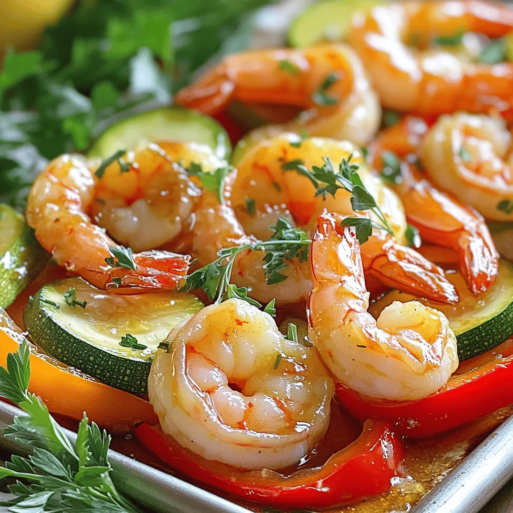 - 1 lb large shrimp, peeled and deveined - 2 medium zucchinis, sliced into half-moons - 1 red bell pepper, sliced - 4 cloves garlic, minced - 1/4 cup honey - 2 tablespoons low sodium soy sauce - 1 tablespoon olive oil - 1 teaspoon fresh ginger, minced - 1/2 teaspoon black pepper - 1/4 teaspoon crushed red pepper flakes (optional) - Fresh cilantro or parsley In this recipe, I focus on simple and fresh flavors. The shrimp brings a nice sweet taste. The zucchinis and red bell peppers add crunch and color. Using fresh garlic and ginger gives you a great aroma. Honey adds a light sweetness that balances the soy sauce's saltiness. You can adjust the spice by adding or skipping the crushed red pepper flakes. Garnish with fresh cilantro or parsley for a bright finish. This dish is easy to make and perfect for busy nights. Enjoy! - Preheat your oven to 400°F (200°C). - Line a sheet pan with parchment paper. This makes cleanup easy. - Combine honey, soy sauce, garlic, olive oil, ginger, black pepper, and red pepper flakes. - Whisk until well blended. This will make a tasty sauce. - Add shrimp to the marinade and stir gently. - Let sit for 10 minutes to absorb the flavors. The shrimp will soak up the marinade well. - Spread zucchini and red bell pepper on the sheet pan. - Drizzle with olive oil and season with salt and pepper. Toss to coat evenly. - Arrange the marinated shrimp over the vegetables. - Bake for 10-12 minutes, until shrimp turn pink and opaque. Keep a close eye to avoid overcooking. - Remove from oven and garnish with fresh herbs like cilantro or parsley. This adds a fresh touch to your dish. - Watch cooking time carefully. Shrimp cook fast! - Use a meat thermometer for precision. Aim for 120°F (49°C). Cooking shrimp can be tricky. If you cook them too long, they turn rubbery. Keep a close eye on them. When they turn pink and opaque, they are ready. A meat thermometer helps a lot. It shows you the right temp without guesswork. - Let shrimp marinate longer for deeper flavors. Aim for at least 30 minutes. - Adjust spice levels with crushed red pepper. Add more for extra heat. Marinating shrimp is key. Letting them sit in the sauce for longer lets the flavors soak in. I often let them marinate for at least 30 minutes. If you love heat, add more crushed red pepper. It makes the dish pop! - Benefits of using parchment paper. It makes cleanup a breeze. - Easy ways to wash the sheet pan efficiently. Soak it in warm, soapy water. Using parchment paper is a game changer. It keeps your sheet pan clean and saves time. When done cooking, just toss it away. For stubborn bits, soak the sheet pan in warm, soapy water. It makes washing easy and quick! {{image_2}} You can switch up the veggies in this dish. If you want, try using broccoli or bell peppers. Both add a nice crunch and flavor. Asparagus and snap peas also work well. They bring a fresh taste and are quick to cook. Don't feel stuck with shrimp. You can easily swap shrimp for chicken or tofu. Both options soak up the sweet honey garlic flavor. If you're a fish lover, consider using salmon. It cooks quickly and pairs nicely with the other ingredients. If you need a gluten-free meal, use tamari instead of soy sauce. Tamari offers a similar taste without the gluten. Always double-check the honey label as some brands may contain gluten. These swaps help you enjoy this recipe without worry. To keep your leftovers fresh, place them in the fridge. Use airtight containers to avoid air and moisture. This helps the dish stay tasty for up to three days. Make sure the shrimp and veggies cool down before sealing the containers. This prevents steam buildup that can lead to sogginess. When it’s time to enjoy your leftovers, you have a couple of choices. You can use the microwave or the oven. If you choose the microwave, heat in short bursts. Start with one minute, check, and stir. For the oven, preheat to 350°F (175°C) and bake for about 10 minutes. Always check the shrimp to avoid overcooking. You want them warm, not rubbery! Freezing is a great way to save this dish for later. To freeze, let it cool completely. Then, place it in a freezer-safe container. Remove any excess air before sealing. Write the date on the container. This dish will stay fresh for up to three months. When you're ready to eat, thaw it overnight in the fridge. Reheat it as mentioned above for the best taste. This dish is quick to make. It takes about 10 minutes to prep. Cooking takes around 10 to 12 minutes. So, in total, you need about 25 minutes. Yes, you can! The shrimp and veggies can be prepped ahead. Store the marinated shrimp in the fridge for up to 2 hours. For cooked leftovers, keep them in airtight containers. They stay fresh for 2 to 3 days. Absolutely! This recipe is perfect for a busy night. You can prep and cook it all in one pan. The simple steps make it easy to follow, even when in a rush. You have many choices for sides! Serve it with steamed rice or quinoa for a filling meal. A fresh salad adds a nice crunch. Garlic bread can also be a tasty option to soak up the sauce. You can make a tasty Sheet-Pan Honey Garlic Shrimp & Zucchini with simple steps. We covered the ingredients, marinade, and cooking process. Don’t forget the tips for the best results and easy cleanup. Fresh herbs and adjusted spices can boost your dish, too. This meal fits busy weeknights and is easy to prep in advance. Enjoy cooking this dish and impressing your family or friends with your skills!
