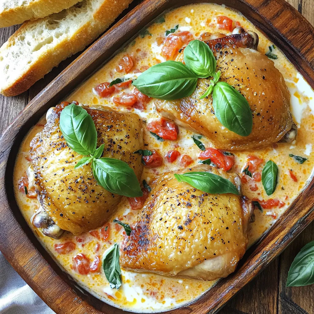 - 4 chicken thighs, bone-in and skin-on - 2 tablespoons olive oil - 1 medium yellow onion, diced - 3 garlic cloves, minced - 1 can (14 oz) diced tomatoes, with juices - 1 cup heavy cream - 1 teaspoon dried oregano - 1 cup fresh basil leaves, chopped - 1/2 cup grated Parmesan cheese - Salt and pepper to taste These ingredients come together to create a rich and creamy dish. The chicken thighs are juicy and flavorful. The olive oil adds a nice touch when you sear the meat. Diced onions and garlic add depth to the sauce. The canned tomatoes bring a sweet and tangy flavor. Heavy cream makes it all smooth and rich. Dried oregano adds an earthy touch, while fresh basil gives a bright finish. Parmesan cheese adds a salty kick, making this a well-rounded meal. - Fresh basil leaves for garnish - Suggestions for side dishes (e.g., garlic bread) Garnishing with fresh basil brightens the dish. It adds color and enhances the aroma. Pairing with garlic bread lets you enjoy the creamy sauce to its fullest. This meal not only looks great but tastes amazing too. 1. Preheat your oven to 375°F (190°C). This will get the heat ready for baking. 2. Season the chicken thighs well with salt and pepper on both sides. This adds flavor to the meat. 1. Heat 2 tablespoons of olive oil in a large skillet over medium-high heat. Once the oil is hot, add the chicken thighs skin side down. Sear them for about 5-7 minutes. This gives the skin a nice golden color. Flip the thighs and cook for another 3-4 minutes. Remove the chicken and set it aside. 2. In the same skillet, add 1 diced medium yellow onion. Sauté it for about 3-4 minutes until it softens. Then, add 3 minced garlic cloves and cook for another minute. This will make your kitchen smell amazing! 3. Stir in a 14 oz can of diced tomatoes, including their juices. Season with 1 teaspoon of dried oregano. Let it simmer for 2-3 minutes. This helps blend the flavors. 4. Lower the heat and pour in 1 cup of heavy cream. Stir until it's mixed well. Gradually add 1 cup of chopped fresh basil and 1/2 cup of grated Parmesan cheese. Keep stirring until the cheese melts into the sauce. 1. Return the seared chicken thighs to the skillet, skin side up. Spoon some sauce over each thigh. 2. Transfer the skillet to your preheated oven. Bake for about 25-30 minutes. The chicken should reach an internal temperature of 165°F (74°C). 3. Once baked, remove from the oven and let it rest for a few minutes before serving. This helps the juices stay in the chicken. To make this dish great, you need to season well. Use enough salt and pepper on the chicken. This helps to enhance the flavor. I suggest adding some salt and pepper after the chicken is cooked too. This step brings out the taste. For a perfect sear on the chicken, heat the olive oil before adding the thighs. Wait until the oil shimmers. This means it is hot enough. Place the chicken skin side down. Let it cook undisturbed for 5-7 minutes. This lets the skin get crispy and golden. Flip the chicken and cook for a few more minutes before taking it out. If you are new to cooking, don’t worry. Start by following the steps closely. Measure ingredients ahead of time. This makes the process easier. Use a meat thermometer to check the chicken. It should reach 165°F. This ensures the chicken is safe to eat. For those with more experience, try adding your twist. You can use fresh herbs instead of dried ones. You could also add a splash of white wine to the sauce for more depth. Experiment with flavors to make it your own. Presentation matters! Serve the chicken on a nice platter. Spoon the creamy sauce over the thighs. Then, garnish with fresh basil leaves. This adds color and makes it look fancy. Pair the dish with sides like garlic bread or a fresh salad. A crisp white wine goes well too. This keeps the meal light and refreshing. Enjoy creating a beautiful plate! {{image_2}} You can change the protein in this dish. Chicken breasts work well too. Shrimp is another great option for a lighter meal. For a dairy-free version, use coconut cream instead of heavy cream. You can also try low-fat yogurt for a tangy twist. If you love heat, add red pepper flakes to your sauce. This gives the dish a nice kick. You can also mix in thyme or parsley for more flavor. Fresh herbs add brightness and depth to the dish. Experiment with what you have on hand for a unique taste. Want a vegan or vegetarian dish? Use chickpeas or tofu instead of chicken. For cooking convenience, try using a slow cooker or an instant pot. Both methods save time and still create a delicious meal. Adjust cooking times based on your appliance. To keep your creamy tomato basil chicken thighs fresh, follow these steps: - Cool the dish to room temperature before storing. - Use airtight containers to avoid moisture loss. - Store in the fridge for up to four days. If you want to save some for later, here’s how to freeze them: - Place cooled chicken in freezer-safe bags or containers. - Remove as much air as possible before sealing. - Freeze for up to three months. When it's time to eat: - Thaw overnight in the fridge. - Reheat in the oven at 350°F (175°C) until hot. In the fridge, your leftovers stay good for about four days. Watch for these signs of spoilage: - Unpleasant odor or strange texture. - Mold or discoloration on the chicken or sauce. When in doubt, throw it out! How do I know when chicken thighs are cooked? You can check if chicken thighs are cooked by using a meat thermometer. The safe internal temperature is 165°F (74°C). If you don’t have a thermometer, cut into the thickest part. The juices should run clear, not pink. Can I use boneless chicken thighs for this recipe? Yes, you can use boneless chicken thighs. They will cook faster, so check for doneness at about 20 minutes in the oven. Adjust the cooking time to ensure they stay juicy. Can I use fresh tomatoes instead of canned? Absolutely! Fresh tomatoes can work great. Use about 4-5 medium ripe tomatoes. Dice them and keep the juices for flavor. What can I substitute for heavy cream? If you need a substitute for heavy cream, you can use half-and-half or full-fat coconut milk. For a lighter option, mix milk with a bit of butter to get a similar richness. How do I make this recipe gluten-free? This recipe is already gluten-free! Just make sure the canned tomatoes and any other products you use are labeled gluten-free. Can I prepare this dish ahead of time? Yes, you can prepare this dish ahead of time. Cook the chicken and sauce, then store them in the fridge. Reheat before serving, and the flavors will meld even more! This recipe for creamy tomato basil chicken thighs captures comfort and flavor. We explored the main ingredients and detailed steps for cooking and baking. With tips for cooks at any level, you can perfect your dish. Our section on variations ensures you can customize based on your taste. Remember, cooking should be fun and flexible. Enjoy trying out these ideas, and make the recipe your own! Happy cooking!