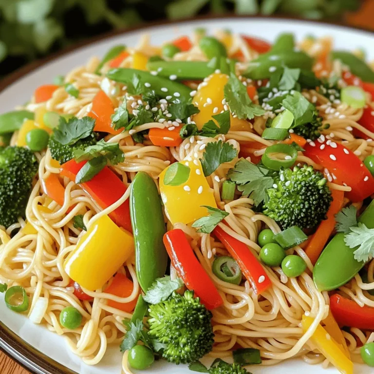 To make a tasty Min Veggie Lo Mein, gather these fresh ingredients: - 8 oz lo mein noodles - 2 tablespoons sesame oil - 1 bell pepper (red or yellow), thinly sliced - 1 cup broccoli florets - 1 cup snap peas - 1 carrot, julienned - 3 green onions, chopped - 3 cloves garlic, minced - 2 tablespoons soy sauce - 1 tablespoon hoisin sauce - 1 teaspoon ginger, grated - Salt and pepper to taste - Fresh cilantro, for garnish These simple items create a colorful and flavorful dish. You can customize Min Veggie Lo Mein to suit your taste. Here are some ideas: - Swap lo mein noodles for rice noodles or whole wheat noodles. - Use any veggies you like, such as bell peppers, mushrooms, or zucchini. - For a spicy kick, add some red pepper flakes or chili sauce. - Replace soy sauce with tamari for a gluten-free option. - Add nuts like cashews or peanuts for a crunchy texture. Feel free to mix and match based on what you have on hand! To make this dish, you will need a few handy tools: - A large pot for boiling noodles - A large skillet or wok for stir-frying - A cutting board and knife for chopping veggies - A spatula for stirring - Measuring spoons for accurate sauce portions Having these tools ready will make cooking easy and fun! Start by boiling a large pot of water. Once the water is boiling, add the lo mein noodles. Cook them according to the package instructions. This usually takes about 3-5 minutes. When the noodles are ready, drain them in a colander. Drizzle a bit of sesame oil over the noodles to keep them from sticking. Set them aside while you prepare the rest of the dish. Next, grab a large skillet or wok. Heat the remaining sesame oil over medium-high heat. Once hot, add the minced garlic and grated ginger. Sauté these for about 30 seconds. You want them to smell nice and fragrant but not burnt. This step adds a lot of flavor to your dish. Now it’s time for the fun part: the veggies! Toss in your sliced bell pepper, broccoli florets, snap peas, and julienned carrot. Stir-fry these vegetables for 3-5 minutes. You want them to stay bright and just tender. This keeps them crisp and full of flavor. After the veggies are ready, it’s time to mix everything together. Add the cooked lo mein noodles to the skillet with the vegetables. Pour in the soy sauce and hoisin sauce. Toss everything together well. Make sure the noodles and vegetables are coated nicely with the sauces. Season with salt and pepper to taste. When it looks colorful and tasty, it’s ready to serve! To make your stir-fry shine, heat your skillet well. Using high heat helps veggies stay crisp. Start with garlic and ginger for great flavor. Stir often to cook everything evenly. Toss the veggies quickly to keep their colors bright and crisp. Aim for about 3-5 minutes of cooking. This way, you keep the nutrients and crunch. No one likes sticky noodles! After cooking your lo mein, drain them well. While they are still warm, drizzle sesame oil over them. This oil coats the noodles and keeps them from clumping. Toss them gently to spread the oil evenly. If you plan to wait before serving, add a bit more oil. This helps them stay loose until you are ready to stir-fry. If you have leftovers, store them in an airtight container. Make sure the dish cools down before sealing. This keeps the moisture in check and prevents sogginess. Store your veggie lo mein in the fridge for up to three days. When you are ready to eat, reheat it in a skillet. Add a splash of water or soy sauce to keep it moist. Enjoy your dish just as fresh as before! {{image_2}} You can make Min Veggie Lo Mein even better by adding protein. Tofu is a great choice for vegans. It soaks up flavors well and adds texture. For meat lovers, chicken or shrimp works nicely. Cook the protein first, then add it with the veggies. This way, everything blends perfectly. If you want this dish vegan, swap out the hoisin sauce. Look for a vegan brand or make your own. You can use coconut aminos instead of soy sauce for a lighter taste. Always check labels to ensure no hidden animal products. Fresh veggies like bell peppers and snap peas keep it colorful and healthy. Sauces can change the flavor of your lo mein. Try adding chili paste for heat. A splash of rice vinegar gives a tangy twist. You can also mix in sesame seeds for crunch. Experiment with flavors to find what you like best. Each combination can make the dish feel new and exciting. To keep your veggie lo mein fresh, store it in an airtight container. Make sure it cools first. This helps avoid excess moisture, which can make it soggy. Place the container in the fridge. Your lo mein will stay good for up to three days. When you're ready to enjoy leftovers, you want the best texture. Use a skillet or wok for reheating. Heat it on medium-low. Add a splash of water or a little oil to keep it moist. Stir often until it's hot. This method keeps the noodles from getting hard. If you want to save some for later, freezing is a great option. Divide the lo mein into portions. Use freezer-safe bags or containers. Remove as much air as possible to prevent freezer burn. It can last up to three months in the freezer. When you're ready to eat, thaw it overnight in the fridge before reheating. Min Veggie Lo Mein is a simple noodle dish packed with fresh veggies. It uses lo mein noodles, which are soft and chewy. You quickly stir-fry the veggies with garlic and ginger for extra flavor. The dish is rich in taste but light on the stomach. Yes, you can make Min Veggie Lo Mein gluten-free. Use gluten-free lo mein noodles or rice noodles instead. For soy sauce, choose a gluten-free version. This way, you can enjoy the flavors without the gluten. You can use a variety of veggies in Veggie Lo Mein. Here are some great options: - Bell peppers (red or yellow) - Broccoli florets - Snap peas - Carrots - Green onions Feel free to mix and match your favorites! To change the spice level, you can add or reduce the amount of ginger and garlic. For more heat, add a pinch of red pepper flakes or a dash of hot sauce. If you prefer less spice, use less ginger and skip the hot sauce. Lo Mein can last about 3 to 4 days in the fridge. Store it in an airtight container to keep it fresh. When you're ready to eat, simply reheat it in a pan or microwave. Min Veggie Lo Mein is a rewarding dish to make. We've covered key ingredients, step-by-step cooking tips, and how to customize your dish. Proper storage and leftovers can keep your meal fresh and tasty. Remember, you can adjust flavors and add proteins to make it your own. Enjoy creating this dish, and don't hesitate to experiment with new flavors. Together, we can make food that is healthy and fun!