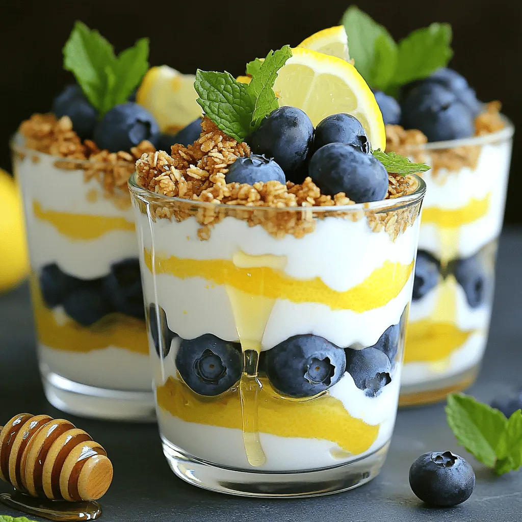 To make Lemon Blueberry Greek Yogurt Parfaits, you need: - 2 cups Greek yogurt (plain or vanilla) - 1 cup fresh blueberries - 1 lemon (zested and juiced) - 2 tablespoons honey (or maple syrup) - 1 cup granola (preferably honey or vanilla flavored) - 1 teaspoon vanilla extract - A pinch of salt These ingredients create a creamy, tangy, and sweet treat. The Greek yogurt adds protein. Blueberries give a burst of flavor. Lemon zest brightens the parfait. Honey or maple syrup sweetens it just right. You can customize your parfaits with: - Chopped nuts (like almonds or walnuts) - Other berries (like strawberries or raspberries) - Coconut flakes - A sprinkle of cinnamon - A dollop of nut butter Adding these options can change the taste and texture. Nuts add crunch. Other berries bring new flavors. Coconut gives a tropical twist. If you need substitutes, consider these: - Use non-dairy yogurt for a vegan option. - Swap blueberries for blackberries or peaches. - Replace honey with agave syrup for a vegan sweetener. - Try flavored yogurt for extra taste. These substitutions help fit your diet or taste. They keep the parfait delicious while making it your own. Start by gathering your ingredients. Take a medium mixing bowl. Add 2 cups of Greek yogurt. Next, zest and juice one lemon. Add the lemon zest and juice to the bowl. Then, drizzle in 2 tablespoons of honey or maple syrup. Pour in 1 teaspoon of vanilla extract. Finally, add a pinch of salt. Stir everything until smooth and creamy. This mix is the heart of your parfait. Grab your serving glasses or bowls. Begin with a dollop of the yogurt mix at the bottom. Spread it gently to cover the base. Next, add a layer of fresh blueberries. Use about a third of a cup for each layer. After that, sprinkle a layer of granola on top. Repeat these layers until you fill the glass. You can make two or three layers. Your last layer should end with blueberries and granola on top. For the finishing touch, drizzle a bit of honey on top. You can also add a slice of lemon or some mint leaves for color. This makes your parfait look fancy and fresh. Serve your parfaits right away for the best taste. If you need to, you can chill them in the fridge for up to 30 minutes. This helps the flavors blend well. Enjoy your simple and tasty treat! To get the best flavor, use fresh lemons and blueberries. The zest adds a bright touch. Make sure your yogurt is cold for a creamy texture. Honey or maple syrup sweetens it just right. Mix the lemon juice with the yogurt for a tangy kick. This balance makes each bite refreshing and tasty. You can make these parfaits ahead of time. Prepare the yogurt mix and store it in the fridge. Layer the parfaits just before serving. This keeps the granola crunchy and the fruit fresh. If you need to store them, keep the layers separate. This method helps maintain the parfait's texture. Serve these parfaits in clear glasses for a pretty look. You can top them with extra blueberries and a drizzle of honey. For a fun twist, add a sprig of mint. These parfaits work well for breakfast, snacks, or dessert. They are perfect for brunch or a picnic. Enjoy them with family and friends for a delightful treat! {{image_2}} You can enjoy these parfaits even if you avoid dairy. Use coconut yogurt or almond yogurt as a base. Both options give you that creamy texture without the dairy. Make sure to choose a version with no added sugars. This keeps your parfait tasty and healthy. You can switch up the flavors by using different fruits or sweeteners. Instead of blueberries, try strawberries, raspberries, or even peaches. For sweeteners, maple syrup works great if you want a different taste. You can also add some cinnamon or nutmeg for more flavor. Feel free to mix and match until you find your favorite blend! Granola adds crunch, but you can swap it out. Use crushed nuts, seeds, or even puffed rice for a different texture. If you want a sweeter option, try using a cookie crumble. It will add a fun twist to your parfait. Just be sure to keep the balance of flavors in mind! To keep your Lemon Blueberry Greek Yogurt Parfaits fresh, store them in the fridge. Use airtight containers or cover the parfaits with plastic wrap. This helps keep the yogurt creamy and the granola crunchy. If you prepare them in advance, layer the yogurt and blueberries. Store the granola separately to avoid sogginess. Add it just before serving. When stored properly, Lemon Blueberry Greek Yogurt Parfaits last about two days. After this, the blueberries may soften, and the granola can lose its crunch. If you see any signs of spoilage, like mold or an off smell, discard them. Always trust your senses when it comes to food safety. You do not need to reheat these parfaits. They are best served cold, straight from the fridge. Enjoy the fresh taste of the yogurt and the burst of blueberries. If you want to enjoy them warm, consider using just the yogurt base in a different dish. Yes, you can make these parfaits ahead of time. Prepare them up to 30 minutes in advance. This time allows the flavors to mix well. If you wait longer, the granola may get soggy. To keep it crunchy, store the granola separately. Add it right before serving. If you need a substitute for Greek yogurt, try regular yogurt. You can also use plant-based yogurt. Coconut or almond yogurt works well. Both options provide a creamy texture. Just check for flavor, as some are sweeter than Greek yogurt. Absolutely! You can switch the blueberries for other fruits. Strawberries, raspberries, or peaches are great choices. You can even mix fruits for a fun twist. Just keep the lemon for that zesty flavor boost. You learned how to make delicious lemon blueberry yogurt parfaits in this post. We covered key ingredients, steps, and helpful tips. Remember to customize it to fit your taste. Try different fruits or dairy-free options for variety. Store your parfaits well to keep them fresh. With these ideas, you can impress anyone with your parfait skills. Enjoy creating these tasty treats and make them a regular in your kitchen!