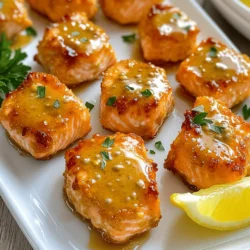 - 1 lb salmon fillet, skin removed and cut into bite-sized pieces - 3 tablespoons honey - 2 tablespoons Dijon mustard - 1 tablespoon olive oil - 1 teaspoon garlic powder - 1 teaspoon smoked paprika - Salt and pepper to taste - Fresh parsley, chopped (for garnish) - Lemon wedges for serving In this recipe, the main star is salmon. I like using a fresh salmon fillet. It gives the best taste and texture. The honey brings a sweet touch, while Dijon mustard adds a tangy flavor. Olive oil helps blend the sauce and keeps the salmon moist. Next, we have the spices. Garlic powder packs a punch. Smoked paprika gives a nice depth. Don't forget to add salt and pepper to taste. These seasonings bring out the salmon's natural flavor. For garnish, I love using fresh parsley. It adds a pop of color and freshness. Lemon wedges are a great idea for serving too. They add a zesty kick when squeezed over the salmon bites. This dish is not just tasty; it looks nice on the plate too! To start, I mix together the honey mustard sauce. In a medium bowl, I whisk together: - 3 tablespoons honey - 2 tablespoons Dijon mustard - 1 tablespoon olive oil - 1 teaspoon garlic powder - 1 teaspoon smoked paprika - Salt and pepper to taste Mix well until it’s smooth. This sauce adds great flavor to the salmon. Marinating is important because it helps the salmon absorb the flavors. The longer you marinate, the better the taste. You can let it sit for 10 to 15 minutes. Next, I coat the salmon bites. I take the salmon fillet, skin removed, and cut it into bite-sized pieces. Then, I add the salmon bites to the bowl with the sauce. I gently toss them to coat evenly. This ensures every piece has that delicious honey mustard flavor. A good marination time is between 10 to 15 minutes. Now it’s time to air fry! First, I preheat the air fryer to 400°F (200°C) for about 5 minutes. This step is key for even cooking. Once preheated, I place the salmon bites in a single layer in the air fryer basket. I make sure not to overcrowd them; cooking in batches works best. I air fry the salmon bites for 8 to 10 minutes. Halfway through, I flip them to ensure they cook evenly. When they turn golden brown and are cooked through, they are ready to enjoy! Cooking times depend on the size of your salmon bites. Smaller pieces cook faster than larger ones. For bite-sized pieces, aim for 8-10 minutes at 400°F (200°C). Check for doneness by looking for a light pink center. The salmon should flake easily when you poke it with a fork. If it feels firm and opaque, it’s ready! You can try different marinades to change the taste. For a spicy kick, add some hot sauce to the honey mustard mix. You can also use maple syrup instead of honey for a richer sweetness. Adjust the spices to suit your taste. Try adding cayenne pepper or fresh herbs like dill for extra flavor. For a beautiful presentation, arrange the salmon bites on a platter. Drizzle leftover honey mustard sauce over the top. Add lemon wedges around the plate for brightness. Serve the bites with a side of roasted veggies or a fresh salad for a complete meal. The bright colors will make your dish pop! {{image_2}} You can change up the taste of honey mustard salmon bites. Try adding some heat for a sweet and spicy option. A pinch of cayenne pepper or a splash of hot sauce works well. This adds a zesty kick to the dish. You can also mix in some crushed red pepper flakes for extra spice. For a fresh herb-infused variation, add chopped dill or tarragon to the marinade. These herbs pair well with salmon and add a bright flavor. You can even use a mix of herbs for a more complex taste. Just remember to keep the balance, so it doesn’t overpower the honey mustard. If you want to switch up the fish, use trout or tilapia instead of salmon. Both options provide a nice flavor and texture. They cook similarly in the air fryer, so you won’t miss out on that crispy bite. For a vegan adaptation, use tofu or tempeh. Cut them into bite-sized pieces and press to remove excess moisture. Marinate them just like the salmon, and they will soak up the flavors well. This option still delivers a yummy dish without the fish. You can also bake these honey mustard bites in the oven. Preheat your oven to 400°F (200°C). Arrange the salmon bites on a baking sheet lined with parchment paper. Bake for about 12-15 minutes, flipping halfway through. This method produces a slightly different texture, but the taste stays the same. If you prefer grilling, season the salmon bites as usual. Skewer them for easy grilling. Preheat your grill to medium heat and grill for about 8-10 minutes. Keep an eye on them to prevent overcooking. Each method has its unique charm and flavor, so feel free to explore! To keep your salmon bites fresh, store them properly. Place the leftover salmon bites in an airtight container. Refrigerate them right away to keep them safe. They will stay good for up to three days. If you want to save them longer, you can freeze them. For freezing, wrap each piece in plastic wrap and place them in a freezer bag. This will help prevent freezer burn. When you want to enjoy your leftover salmon, reheating is key. The best way to reheat is in the air fryer. Set it to 350°F (175°C) and cook for about 5 minutes. This will keep the salmon bites crispy. You can also use a microwave, but it may make them soft. If you do use a microwave, heat them in short bursts to avoid overcooking. How long can you store the salmon bites? In the fridge, they last for about three days. If frozen, they can be good for up to three months. Always check for signs of spoilage. If the salmon smells off or looks dull, it’s best to toss it. Fresh is always best for flavor and safety. Using skin-on salmon is fine. The skin adds a nice texture and flavor. However, it can make the bites less uniform. If you prefer crispy bites, remove the skin. The honey mustard sauce will still work well with skin-on salmon. Just note, the cooking time might vary slightly. Yes, this recipe works with most air fryers. Different models may have varying heat settings. It’s best to check your air fryer’s manual for specific instructions. Keep an eye on the salmon while it cooks. Adjust the time if needed. A good rule is to start at 8 minutes and check for doneness. To check for doneness, look for opaque flesh that flakes easily. The internal temperature should reach 145°F (63°C). If you don’t have a thermometer, just poke it with a fork. If it breaks apart easily, it’s done. Color is important too; it should turn from bright pink to a lighter hue. This post reviewed how to make delicious air-fried salmon bites. We discussed key ingredients like salmon, honey, and Dijon mustard. You learned about the marinade and marinating times. The air frying tips helped ensure perfect results. In conclusion, try different spices and marinating options to enhance the flavor. Enjoy experimenting with serving ideas and side dishes. Whether you stick to the basics or get creative, your salmon will shine in any meal.