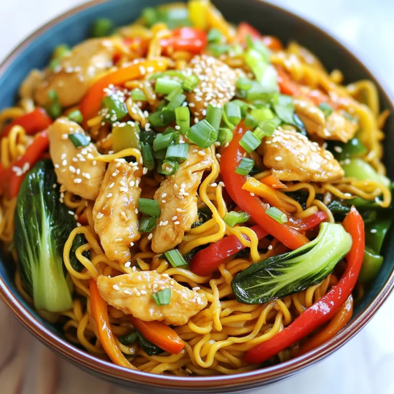 - 8 oz lo mein noodles - 2 boneless, skinless chicken breasts, thinly sliced - 1 cup bok choy, chopped - 1 cup bell peppers (red and green), sliced - 1 cup carrots, julienned - 3 green onions, chopped To create a great Chicken Lo Mein, start with lo mein noodles. They give a soft and chewy texture. Next, add thinly sliced chicken breast. This cooks quickly and absorbs the flavors well. Then, include fresh vegetables like bok choy, bell peppers, and carrots. These add crunch and color to your dish. - 3 tablespoons soy sauce - 1 tablespoon hoisin sauce - 1 tablespoon sesame oil - 4 cloves garlic, minced - 1 tablespoon ginger, minced For flavor, use soy sauce as a base. It adds saltiness and depth. Hoisin sauce gives a sweet note. Sesame oil adds a nutty aroma. Finally, fresh garlic and ginger bring warmth and spice. These ingredients make your Chicken Lo Mein taste better than takeout. - Sesame seeds - Additional green onions Garnishing is key for a nice finish. Sprinkle sesame seeds on top for crunch. Add more chopped green onions for brightness. These small touches elevate your dish, making it look more appealing and delicious. - Cooking lo mein noodles: Boil water in a pot. Add 8 oz of lo mein noodles and cook until al dente. Follow the package instructions for best results. - Preventing sticking: Drain the noodles and toss them with a small amount of oil. This keeps them from sticking together. - Cornstarch coating: Take 2 thinly sliced chicken breasts. In a bowl, coat them with 1 tablespoon of cornstarch. This makes the chicken crispy. - Seasoning tips: Sprinkle salt and pepper on the chicken. Mix well and let it marinate for about 10 minutes. - Stir-frying the chicken: Heat 1 tablespoon of vegetable oil in a large skillet over medium-high heat. Add the marinated chicken. Cook for 5-7 minutes until golden. Remove the chicken and set it aside. - Sautéing the vegetables: In the same skillet, add another tablespoon of oil. Toss in 4 cloves of minced garlic and 1 tablespoon of minced ginger. Cook for 30 seconds. Then add 1 cup of sliced bell peppers, 1 cup of julienned carrots, and 1 cup of chopped bok choy. Stir-fry for 3-4 minutes until the veggies are tender. - Combining ingredients: Return the cooked chicken to the skillet. Add 3 tablespoons of soy sauce, 1 tablespoon of hoisin sauce, and 1 tablespoon of sesame oil. Stir well to coat everything. - Tossing in the noodles: Add the cooked lo mein noodles to the skillet. Toss everything together for 2-3 minutes. This warms the noodles and helps them soak up the sauce. - Garnishing before serving: Remove from heat and stir in chopped green onions. Plate your Lo Mein and sprinkle sesame seeds on top for a nice finish. - Choosing the best chicken cut: I like to use boneless, skinless chicken breasts. They stay tender and cook quickly. Thinly slice the chicken for even cooking. This way, you get that perfect bite every time. - Correct vegetable doneness: Keep your veggies crisp. Stir-fry them just until tender. You want the bell peppers, bok choy, and carrots to retain some crunch. This adds great texture to your dish. - Additional seasonings: Want to elevate the flavor? Try adding a splash of rice vinegar or a pinch of red pepper flakes. This gives your lo mein a nice zing. Trust me; your taste buds will thank you! - Importance of marinating: Marinating your chicken is key. It adds depth to the flavor. A mix of cornstarch, salt, and pepper works wonders. Let it marinate for at least 10 minutes for the best results. - Using a wok vs. skillet: I prefer a wok for stir-frying. Its shape allows for even heat and quick cooking. If you don’t have one, a large skillet works too. Just make sure it's big enough to hold everything. - Adjusting heat levels: Keep your heat high for the best stir-fry. This helps to lock in flavors and keep the chicken juicy. If things start to smoke, lower the heat a bit. You want a nice sizzle, not a burn! {{image_2}} If you want to switch up your protein, consider shrimp or beef. - Shrimp: Use peeled and deveined shrimp for a quick cook. They only need 3-4 minutes to get tender. - Beef: Thinly sliced flank steak works well and adds great flavor. Cook it the same way as chicken. You can also create a vegetarian version. Just skip the meat and add more veggies. Tofu is a great choice. It soaks up flavors and adds protein. Feel free to mix in seasonal vegetables. This keeps your dish fresh and exciting. - Ideas: Try snap peas, broccoli, or zucchini. Each adds a unique crunch and taste. - Flavor Profiles: For a sweeter taste, add snow peas. For a bolder flavor, toss in some bok choy or mushrooms. Making your own sauce can boost flavor. Here are some ideas: - Homemade Sauce: Combine soy sauce, hoisin sauce, and sesame oil. You can also add a splash of rice vinegar for brightness. - Adjusting Spice Levels: If you like heat, add red pepper flakes or sriracha. Start with a small amount and taste as you go. These variations let you customize your Chicken Lo Mein, making it your own delicious creation! To keep your Chicken Lo Mein fresh, follow these tips: - Refrigeration: Store leftovers in an airtight container. They can last for about 3 to 4 days. - Freezing: For long-term storage, freeze the Chicken Lo Mein in a freezer-safe container. It can last for up to 3 months. To prevent freezer burn, wrap it tightly in plastic wrap before sealing. When it's time to enjoy your leftovers, you have two main options: - Microwave: Place a portion in a microwave-safe dish. Heat it on high for 1 to 2 minutes. Stir halfway to ensure even heating. - Stovetop: Heat a skillet over medium heat. Add a splash of water or broth to help steam the noodles. Stir until heated through, about 5 minutes. To maintain the best texture, avoid overheating. This helps keep the noodles from becoming mushy. Enjoy your homemade Chicken Lo Mein! Chicken Lo Mein can last in the fridge for about 3 to 4 days. Store it in an airtight container. This keeps the flavors fresh. If you want to enjoy it longer, consider freezing it instead. Yes, you can make Chicken Lo Mein ahead of time. Prepare the chicken and vegetables in advance. Keep the noodles separate until you are ready to serve. This helps maintain the noodles' texture. You can cook everything together right before serving. For Chicken Lo Mein, you can use different types of noodles. While lo mein noodles are classic, you can also use: - Spaghetti - Udon noodles - Rice noodles These options give you a nice twist to the dish. Absolutely! You can make this recipe gluten-free. Use gluten-free soy sauce or tamari. Replace lo mein noodles with rice noodles or gluten-free pasta. These swaps keep the flavors while meeting dietary needs. You now have all you need to make Chicken Lo Mein at home. We covered ingredients, step-by-step instructions, tips for perfecting the dish, and variations. Remember, the right sauces and seasonings elevate the flavors. Don’t fear changing ingredients based on your taste or what you have handy. Store leftovers well, so you can enjoy them later. Chicken Lo Mein is both easy to make and delicious. With these steps, you can enjoy a bowl of this classic dish anytime you want. Happy cooking!