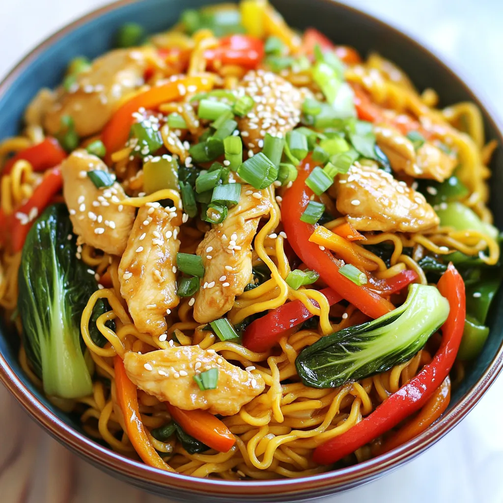 - 8 oz lo mein noodles - 2 boneless, skinless chicken breasts, thinly sliced - 1 cup bok choy, chopped - 1 cup bell peppers (red and green), sliced - 1 cup carrots, julienned - 3 green onions, chopped To create a great Chicken Lo Mein, start with lo mein noodles. They give a soft and chewy texture. Next, add thinly sliced chicken breast. This cooks quickly and absorbs the flavors well. Then, include fresh vegetables like bok choy, bell peppers, and carrots. These add crunch and color to your dish. - 3 tablespoons soy sauce - 1 tablespoon hoisin sauce - 1 tablespoon sesame oil - 4 cloves garlic, minced - 1 tablespoon ginger, minced For flavor, use soy sauce as a base. It adds saltiness and depth. Hoisin sauce gives a sweet note. Sesame oil adds a nutty aroma. Finally, fresh garlic and ginger bring warmth and spice. These ingredients make your Chicken Lo Mein taste better than takeout. - Sesame seeds - Additional green onions Garnishing is key for a nice finish. Sprinkle sesame seeds on top for crunch. Add more chopped green onions for brightness. These small touches elevate your dish, making it look more appealing and delicious. - Cooking lo mein noodles: Boil water in a pot. Add 8 oz of lo mein noodles and cook until al dente. Follow the package instructions for best results. - Preventing sticking: Drain the noodles and toss them with a small amount of oil. This keeps them from sticking together. - Cornstarch coating: Take 2 thinly sliced chicken breasts. In a bowl, coat them with 1 tablespoon of cornstarch. This makes the chicken crispy. - Seasoning tips: Sprinkle salt and pepper on the chicken. Mix well and let it marinate for about 10 minutes. - Stir-frying the chicken: Heat 1 tablespoon of vegetable oil in a large skillet over medium-high heat. Add the marinated chicken. Cook for 5-7 minutes until golden. Remove the chicken and set it aside. - Sautéing the vegetables: In the same skillet, add another tablespoon of oil. Toss in 4 cloves of minced garlic and 1 tablespoon of minced ginger. Cook for 30 seconds. Then add 1 cup of sliced bell peppers, 1 cup of julienned carrots, and 1 cup of chopped bok choy. Stir-fry for 3-4 minutes until the veggies are tender. - Combining ingredients: Return the cooked chicken to the skillet. Add 3 tablespoons of soy sauce, 1 tablespoon of hoisin sauce, and 1 tablespoon of sesame oil. Stir well to coat everything. - Tossing in the noodles: Add the cooked lo mein noodles to the skillet. Toss everything together for 2-3 minutes. This warms the noodles and helps them soak up the sauce. - Garnishing before serving: Remove from heat and stir in chopped green onions. Plate your Lo Mein and sprinkle sesame seeds on top for a nice finish. - Choosing the best chicken cut: I like to use boneless, skinless chicken breasts. They stay tender and cook quickly. Thinly slice the chicken for even cooking. This way, you get that perfect bite every time. - Correct vegetable doneness: Keep your veggies crisp. Stir-fry them just until tender. You want the bell peppers, bok choy, and carrots to retain some crunch. This adds great texture to your dish. - Additional seasonings: Want to elevate the flavor? Try adding a splash of rice vinegar or a pinch of red pepper flakes. This gives your lo mein a nice zing. Trust me; your taste buds will thank you! - Importance of marinating: Marinating your chicken is key. It adds depth to the flavor. A mix of cornstarch, salt, and pepper works wonders. Let it marinate for at least 10 minutes for the best results. - Using a wok vs. skillet: I prefer a wok for stir-frying. Its shape allows for even heat and quick cooking. If you don’t have one, a large skillet works too. Just make sure it's big enough to hold everything. - Adjusting heat levels: Keep your heat high for the best stir-fry. This helps to lock in flavors and keep the chicken juicy. If things start to smoke, lower the heat a bit. You want a nice sizzle, not a burn! {{image_2}} If you want to switch up your protein, consider shrimp or beef. - Shrimp: Use peeled and deveined shrimp for a quick cook. They only need 3-4 minutes to get tender. - Beef: Thinly sliced flank steak works well and adds great flavor. Cook it the same way as chicken. You can also create a vegetarian version. Just skip the meat and add more veggies. Tofu is a great choice. It soaks up flavors and adds protein. Feel free to mix in seasonal vegetables. This keeps your dish fresh and exciting. - Ideas: Try snap peas, broccoli, or zucchini. Each adds a unique crunch and taste. - Flavor Profiles: For a sweeter taste, add snow peas. For a bolder flavor, toss in some bok choy or mushrooms. Making your own sauce can boost flavor. Here are some ideas: - Homemade Sauce: Combine soy sauce, hoisin sauce, and sesame oil. You can also add a splash of rice vinegar for brightness. - Adjusting Spice Levels: If you like heat, add red pepper flakes or sriracha. Start with a small amount and taste as you go. These variations let you customize your Chicken Lo Mein, making it your own delicious creation! To keep your Chicken Lo Mein fresh, follow these tips: - Refrigeration: Store leftovers in an airtight container. They can last for about 3 to 4 days. - Freezing: For long-term storage, freeze the Chicken Lo Mein in a freezer-safe container. It can last for up to 3 months. To prevent freezer burn, wrap it tightly in plastic wrap before sealing. When it's time to enjoy your leftovers, you have two main options: - Microwave: Place a portion in a microwave-safe dish. Heat it on high for 1 to 2 minutes. Stir halfway to ensure even heating. - Stovetop: Heat a skillet over medium heat. Add a splash of water or broth to help steam the noodles. Stir until heated through, about 5 minutes. To maintain the best texture, avoid overheating. This helps keep the noodles from becoming mushy. Enjoy your homemade Chicken Lo Mein! Chicken Lo Mein can last in the fridge for about 3 to 4 days. Store it in an airtight container. This keeps the flavors fresh. If you want to enjoy it longer, consider freezing it instead. Yes, you can make Chicken Lo Mein ahead of time. Prepare the chicken and vegetables in advance. Keep the noodles separate until you are ready to serve. This helps maintain the noodles' texture. You can cook everything together right before serving. For Chicken Lo Mein, you can use different types of noodles. While lo mein noodles are classic, you can also use: - Spaghetti - Udon noodles - Rice noodles These options give you a nice twist to the dish. Absolutely! You can make this recipe gluten-free. Use gluten-free soy sauce or tamari. Replace lo mein noodles with rice noodles or gluten-free pasta. These swaps keep the flavors while meeting dietary needs. You now have all you need to make Chicken Lo Mein at home. We covered ingredients, step-by-step instructions, tips for perfecting the dish, and variations. Remember, the right sauces and seasonings elevate the flavors. Don’t fear changing ingredients based on your taste or what you have handy. Store leftovers well, so you can enjoy them later. Chicken Lo Mein is both easy to make and delicious. With these steps, you can enjoy a bowl of this classic dish anytime you want. Happy cooking!