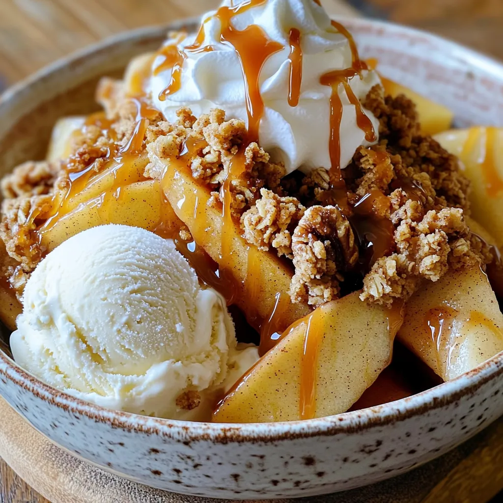 To make the Caramel Apple Crisp Sundae, you need: - 4 medium-sized apples, peeled and sliced - 1 cup granulated sugar - 1 teaspoon cinnamon - 1 tablespoon lemon juice - 1 cup rolled oats - 1 cup all-purpose flour - ½ cup packed brown sugar - ½ cup unsalted butter, melted - ½ cup chopped walnuts (optional) - 1½ cups vanilla ice cream - ½ cup caramel sauce - Whipped cream (for topping) - Additional walnuts or pecans (for garnish) If you wish to swap ingredients, here are some ideas: - Use honey or maple syrup instead of granulated sugar for a natural sweetener. - Try almond or coconut flour instead of all-purpose flour for a gluten-free option. - For a dairy-free sundae, use coconut ice cream in place of vanilla ice cream. - Replace walnuts with pecans or skip nuts if allergies are a concern. Pair this sundae with a few delightful sides to enhance your dessert experience: - Serve with a warm slice of apple pie for extra apple goodness. - Enjoy with a cup of hot cider for a cozy fall vibe. - A scoop of cinnamon ice cream complements the flavors well. - Drizzle some chocolate sauce for a richer taste. This dessert is not just a treat; it's a warm hug in a bowl! Enjoy every scoop. First, we need to prepare the apples. Start by peeling and slicing four medium-sized apples. Use a large bowl to toss the apple slices with one cup of granulated sugar, one teaspoon of cinnamon, and one tablespoon of lemon juice. The sugar helps sweeten, while the cinnamon adds warmth and flavor. The lemon juice keeps the apples fresh and bright. Spread this mixture evenly in a greased 9x13 inch baking dish. This step is key for a balanced taste. Next, let’s make the crisp topping. In another bowl, combine one cup of rolled oats, one cup of all-purpose flour, and half a cup of packed brown sugar. Pour in half a cup of melted unsalted butter. If you like, mix in half a cup of chopped walnuts for extra crunch. Stir this mixture well until it looks like coarse crumbs. This topping gives the dessert a nice texture and flavor. Now, it’s time to assemble the sundae. Preheat your oven to 350°F (175°C). Bake the apple mixture topped with the crisp for 35-40 minutes. You want the apples to be tender and the topping to turn golden brown. Once baked, let it cool slightly. Scoop generous portions of vanilla ice cream into serving bowls. Spoon the warm caramel apple crisp mixture over the ice cream. Drizzle with caramel sauce and top with whipped cream. For a final touch, sprinkle some extra walnuts or pecans on top. Enjoy your delicious creation! To get tender apples, choose the right kind. I like Granny Smith or Honeycrisp. They hold their shape and have a nice balance of sweet and tart. Peel and slice them thinly. This helps them cook evenly. Toss them with sugar, cinnamon, and lemon juice. The lemon juice brightens the flavor and helps soften the apples. Let the apples sit for a few minutes before baking. This allows the juices to mix with the sugar and spices. You can make parts of the sundae ahead of time. Prepare the apple filling and crisp topping the day before. Store them in separate containers in the fridge. When you are ready to serve, just bake the apple mixture. Let it cool slightly before adding it to the ice cream. This saves time and stress when you're ready to enjoy your dessert. Want to make your sundae even better? Add a pinch of nutmeg to the apple mix. It adds warmth and depth. You can also mix in dried fruits like raisins or cranberries for extra sweetness. If you love nuts, add more walnuts or some pecans on top. These give a nice crunch that contrasts with the ice cream. For a twist, try caramel sauce mixed with a little sea salt. It creates a delightful sweet and salty flavor that pairs perfectly with the apple crisp. {{image_2}} You can switch up the apples in this sundae. Pears work great, too. Try using tart cherries for a zing. If you want a twist, use peaches or berries. Each fruit brings its own flavor. This keeps your sundae fresh and exciting! While vanilla is classic, many other flavors fit well. Caramel ice cream adds a rich taste. You could also try cinnamon ice cream for extra warmth. Chocolate ice cream can take this dish to a whole new level. The fun is in mixing and matching! For a lighter version, swap regular sugar for coconut sugar. Use whole wheat flour instead of all-purpose flour for more fiber. You could also use less butter or try coconut oil. Almonds can replace walnuts for a nutty crunch. These changes still taste great while being a bit healthier! After you enjoy your Caramel Apple Crisp Sundae, store leftovers in the fridge. Use an airtight container to keep it fresh. The dessert can last for about three days. Make sure to separate the ice cream if you can. This helps prevent it from melting and getting soggy. To warm up the caramel apple crisp, use the oven or microwave. For the oven, preheat it to 350°F (175°C). Place the crisp in a baking dish and heat for about 10 minutes. In the microwave, heat in 20-second bursts until warm. Just be careful not to overheat, or the ice cream will melt. You can freeze the caramel apple crisp topping, but not the ice cream. Let the crisp cool completely before placing it in a freezer-safe container. It can last for about three months in the freezer. When ready to eat, thaw it overnight in the fridge. Then, reheat it as mentioned above. Enjoy your delicious treat whenever you want! To make this dessert gluten-free, swap all-purpose flour for a gluten-free flour blend. Look for blends that work well for baking. You can also check if your rolled oats are certified gluten-free. This change keeps the texture nice while making it safe for gluten-free diets. Yes, you can use several types of apples! Granny Smith apples add tartness and hold their shape well. Honeycrisp apples bring a sweet crunch. Fuji apples are also great for a sweeter taste. Mix different kinds to add depth to your flavor. The total time to make this dessert is about 1 hour. It takes 15 minutes to prep the ingredients and 35 to 40 minutes to bake. This time makes it easy to enjoy a warm, tasty sundae at home. This blog post explored how to make a tasty apple crisp sundae. I shared key ingredients and tasty swaps, plus how to prepare apples and crisp topping. You learned tips for using fruit and different ice cream flavors. We also covered storage and answered common questions. In the end, this dessert is simple, fun, and brings joy. Enjoy making it!