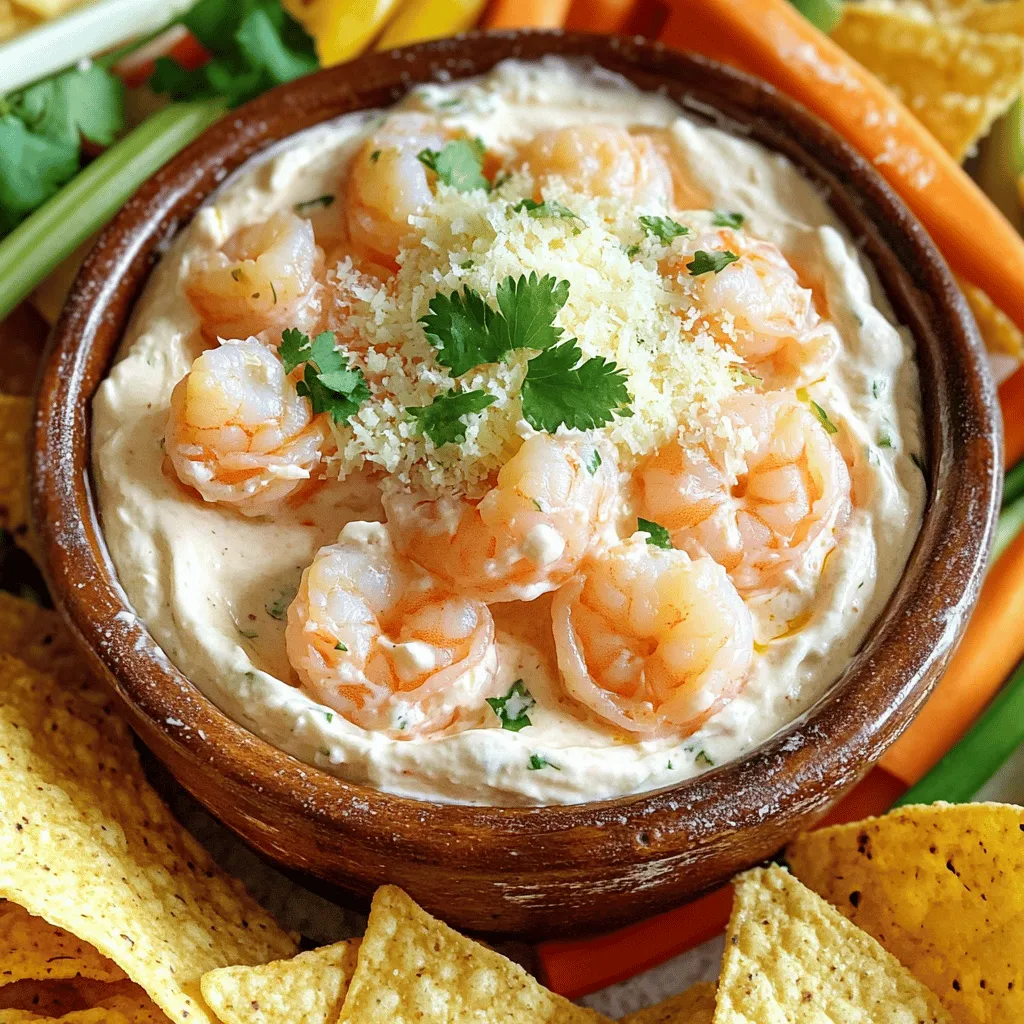 - 1 lb large shrimp, peeled and deveined - 8 oz cream cheese, softened - 1/2 cup sour cream - 1/2 cup mayonnaise - 4 cloves garlic, minced - 1 tablespoon lemon juice - 1 teaspoon smoked paprika - Salt and pepper to taste - 1/4 cup grated Parmesan cheese - 2 tablespoons fresh cilantro or parsley, chopped This creamy garlic shrimp dip is a delight. You need fresh shrimp, cream cheese, sour cream, and mayonnaise as your base. The garlic adds a strong flavor that pairs great with the shrimp. The lemon juice gives a nice tang, while smoked paprika adds warmth. I love to use large shrimp. They stay juicy and have a nice bite. Make sure to peel and devein them for the best texture. Softened cream cheese is key for a smooth dip. Sour cream and mayonnaise add richness. For seasoning, minced garlic is a must. It brings an amazing aroma. The lemon juice brightens the dish. Smoked paprika adds a lovely color and smoky taste. Don't forget salt and pepper to make all the flavors pop. To garnish, sprinkle grated Parmesan on top. It adds a savory crunch. Fresh cilantro or parsley brings a burst of color and freshness. This dip is not just tasty; it’s also simple to make! To start, heat 2 tablespoons of olive oil in a large skillet over medium heat. Once hot, add 4 minced garlic cloves. Sauté the garlic for about one minute until it smells great. Next, toss in 1 pound of peeled and deveined shrimp. Season the shrimp with salt, pepper, and 1 teaspoon of smoked paprika. Cook the shrimp for 3 to 4 minutes or until they turn pink and opaque. This will show that they are fully cooked. Remove the shrimp from the skillet and let them cool. In a mixing bowl, combine 8 ounces of softened cream cheese, 1/2 cup of sour cream, 1/2 cup of mayonnaise, and 1 tablespoon of lemon juice. Use a hand mixer or a whisk to mix until smooth. Make sure there are no lumps. This creamy base will be rich and delicious. Chop the cooled shrimp into bite-sized pieces. Gently fold the chopped shrimp into the creamy mixture. Add 1/4 cup of grated Parmesan cheese for extra flavor. Taste the dip and adjust the seasoning if needed. You may want to add more salt or pepper. Transfer the shrimp dip to a serving dish. Chill it in the refrigerator for at least 30 minutes. This helps the flavors blend well. When you are ready to serve, you can garnish the dip with 2 tablespoons of fresh chopped cilantro or parsley. Enjoy this tasty dip with your favorite dippers like tortilla chips or bread! To make shrimp tender and juicy, use medium heat. This prevents them from cooking too fast. Sauté shrimp just until they turn pink and opaque. This usually takes 3-4 minutes. Overcooked shrimp can become rubbery. Always watch them closely while cooking. You can add extra spices or herbs for a unique taste. Consider using fresh dill or a dash of cayenne for heat. If you want to change the base, try Greek yogurt instead of cream cheese. You can also use cottage cheese for a lighter dip. Serve the dip in a hollowed-out bread bowl for a fun twist. Garnish with fresh herbs like cilantro or parsley for color. For dippers, use tortilla chips, veggie sticks, or baguette slices. This makes for a great mix of flavors and textures. {{image_2}} You can make this dip even better with extra ingredients. Try adding some fresh spinach or roasted red peppers. These veggies add color and nutrition. You might also consider mixing in crab or lobster for a seafood twist. For those who like heat, add a few dashes of hot sauce or a pinch of cayenne pepper. This will give your dip a spicy kick that everyone will love. Making this dip gluten-free is simple. Just ensure your mayonnaise and seasoning are gluten-free. You can also swap the cream cheese with a dairy-free alternative if needed. For vegetarians, replace the shrimp with mushrooms or artichokes. This keeps the dip rich and creamy without the seafood. Serving style can change the whole vibe of your dip. A fun idea is to use a bread bowl. Hollow out a round loaf and fill it with the dip. It looks great and tastes even better! You can also use small cups or ramekins for individual servings. This makes it easy for guests to grab their own. Don’t forget to serve with various dippers, like crackers, chips, or fresh veggies. To store leftover dip, place it in an airtight container. This keeps the dip fresh and tasty. You can also use plastic wrap to cover the bowl tightly. The dip lasts up to three days in the refrigerator. Make sure to label the container with the date you made it. This helps you track freshness. When reheating, do it gently. Use a microwave-safe bowl to heat small portions. Start with 30 seconds on low power. Stir and check the temperature. You want it warm, not hot. Avoid high heat, as it can change the dip's texture. It is not safe to freeze this dip. Freezing can make the creamy texture grainy. To refresh the flavor before serving, mix the dip gently. You may add a squeeze of lemon juice for a bright taste. Serve the dip at room temperature for the best flavor. If you chilled it, let it sit out for about 15 minutes. Enjoy it with your favorite dippers! Yes, you can make this dip a day in advance. Just prepare it, chill it, and store it in the fridge. The flavors will blend better overnight. You can use Greek yogurt or more sour cream. Both options will keep the dip creamy and tasty. To add heat, mix in diced jalapeños or hot sauce. You can also add more smoked paprika for a smoky kick. Tortilla chips, baguette slices, or veggie sticks work great. You can also serve it in a bread bowl for fun. Yes, you can serve it warm. Just heat it gently on the stove or in the oven before serving. Enjoy it hot for a different twist! We explored the delightful recipe for Creamy Garlic Shrimp Dip. You learned about the main ingredients, like shrimp and cream cheese, and how to prepare this creamy dip step by step. Tips for cooking shrimp perfectly and customizing flavors helped you enhance your dip. Remember to store leftovers properly and refresh before serving. This dip is easy to make and sure to impress. Enjoy sharing it at your next gathering!